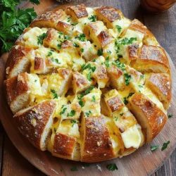 - 1 large round loaf of sourdough or Italian bread - 2 tablespoons unsalted butter, melted - 1 cup shredded mozzarella cheese - 1 cup shredded cheddar cheese - 1/2 cup grated Parmesan cheese - 3 cloves garlic, minced - 1 tablespoon fresh parsley, chopped - 1 teaspoon Italian seasoning - Salt and pepper to taste When making cheesy pull apart bread, fresh ingredients make a big difference. Choose a loaf that feels soft but firm. Look for a crust that is golden and not too hard. For cheese, go for blocks instead of pre-shredded. Fresh garlic adds a punch, so pick firm cloves. Herbs should be bright green and fragrant. Always check the expiration dates on your butter and cheese. Fresh ingredients will give your dish the best flavor. If you want to switch things up, you can try some easy substitutions. For the bread, you can use a round focaccia or ciabatta. Instead of mozzarella, you can use gouda or provolone cheese. If you don't have Parmesan, nutritional yeast can work as a dairy-free option. Fresh parsley can be swapped with basil or chives for a different taste. Use garlic powder if fresh garlic is not handy. These swaps can help you create a unique twist on this classic dish. Check the Full Recipe for more details on making it your own! Making cheesy pull apart bread is simple and fun. You will need to gather your ingredients and prepare your tools. A big bowl and a baking sheet will help. This snack is great for sharing and perfect for any gathering. First, set your oven to 350°F (175°C). Preheating helps cook the bread evenly. Take this time to prepare your ingredients. Next, grab your serrated knife. Carefully cut the loaf in a crisscross pattern. Make diamond shapes but don’t cut all the way through. This keeps the bread connected and ready for stuffing. In a small bowl, mix together the melted butter, minced garlic, chopped parsley, Italian seasoning, salt, and pepper. This garlic butter adds flavor to the bread. Stir until everything blends well. After mixing, gently open the cuts in the bread. Brush the garlic butter mixture into the gaps. Make sure to coat every cut. Now, fill these cuts with mozzarella, cheddar, and Parmesan cheeses. Distribute the cheese evenly for the best taste. Wrap your bread in aluminum foil and place it on a baking sheet. Bake it in the oven for 15-20 minutes. Unwrap the bread and bake for an extra 5-10 minutes until the cheese bubbles and the bread is golden. Once done, let it cool for a few minutes. This will make it easier to pull apart. Serve it warm, and enjoy sharing this tasty snack with friends! For the full recipe, check the earlier section. To make perfect cheesy pull apart bread, start with a good loaf. I recommend using sourdough or Italian bread. These types hold up well and give great flavor. Cut the bread in a crisscross pattern but don't cut through the bottom. This keeps the loaf intact while holding all the cheesy goodness. Make sure your butter mix is well-seasoned. The garlic, parsley, and Italian herbs add flavor. Brush the mix deep into the cuts for the best taste. This step lets the butter soak in and gives you a moist, flavorful bread. The key to a great cheese melt is using a mix of cheeses. I suggest mozzarella for stretch, cheddar for sharpness, and Parmesan for a savory kick. Mix them well before stuffing them into the bread. Bake the bread wrapped in foil at first. This traps steam and helps the cheese melt evenly. After 15-20 minutes, unwrap the bread and bake it longer. This browns the cheese and makes it bubbly and delicious. One common mistake is cutting the bread too deep. If you cut through the bottom, the bread falls apart. Another mistake is not using enough cheese. More cheese means more flavor and a gooey texture. Don't skip the resting time after baking. Letting the bread cool for a few minutes helps it set. This makes it easier to pull apart without making a mess. By following these tips, you’ll create a cheesy pull apart bread that everyone will love. For the full recipe, refer to the earlier section. {{image_2}} You can easily change the taste of your cheesy pull apart bread by adding herbs and spices. For a fresh touch, try adding basil or oregano. These herbs give a bright flavor that works well with cheese. You can also sprinkle in red pepper flakes for some heat. Just a pinch can make a big difference. Incorporating different cheeses can take this bread to the next level. You can swap out mozzarella for gouda or add pepper jack for a spicy kick. Mixing in some blue cheese creates a bold flavor that cheese lovers will enjoy. Each cheese melts differently, so experiment to find your favorite mix. Cheesy pull apart bread pairs well with many dishes. It’s great with a side of marinara sauce for dipping. You can also serve it with garlic oil or pesto for added flavor. This makes it a fun snack at parties or gatherings. For creative serving ideas, consider using the bread as a bowl. After baking, you can fill the center with a warm cheese dip. Guests can pull apart the bread and dip it into the cheesy goodness. Another idea is to serve it alongside a fresh salad for a balanced meal. For the full recipe and more tips, check out the [Full Recipe]. To store leftover cheesy pull apart bread, wrap it tightly in plastic wrap. This keeps the bread fresh and moist. You can also use aluminum foil if you prefer. Place it in an airtight container for extra protection. Store it at room temperature for up to two days. If you want it to last longer, consider freezing it. When you’re ready to enjoy the leftovers, reheating is key. Preheat your oven to 350°F (175°C). Unwrap the bread from its storage. Place it on a baking sheet. Bake for about 10 to 15 minutes. This helps the cheese melt and the bread warm up nicely. If you want a crispy crust, you can bake it uncovered. Freezing is a great way to save cheesy pull apart bread for later. Wrap the bread in plastic wrap, then in foil. This prevents freezer burn. You can freeze it for up to three months. When you’re ready to eat, thaw the bread in the fridge overnight. Then, reheat it in the oven for the best flavor and texture. This method keeps the bread and cheese delicious. For the full recipe, check out the recipe section. For cheesy pull apart bread, I recommend using a large round loaf of sourdough or Italian bread. These types have a nice crust and soft inside. Their shapes hold the cheese well and make it easy to pull apart. Yes, you can prepare this recipe ahead of time. You can cut the bread and mix the garlic butter. Store them separately in the fridge. When you’re ready to bake, just brush the bread and add the cheese. Bake it fresh for a warm snack. Yes, you can make cheesy pull apart bread gluten-free. Look for gluten-free bread that has a sturdy texture. Many stores offer gluten-free options, like gluten-free sourdough or Italian bread. When choosing gluten-free bread, consider the following tips: - Look for breads made with almond flour or oat flour. - Check for bread that claims to be gluten-free and has good reviews. - Make sure the bread has a good crust to hold the filling. You can customize your cheesy pull apart bread in many ways. Here are some ideas: - Add different cheeses like gouda or pepper jack for a kick. - Include cooked bacon or ham for extra flavor. - Mix in chopped herbs like basil or thyme for freshness. - Try different seasonings, like smoked paprika or chili flakes, for a twist. For a full recipe, check out the Cheesy Pull Apart Bread section. In this post, we explored how to make cheesy pull-apart bread from scratch. You learned about the key ingredients, cooking steps, and tips for choosing fresh items. We also shared ingredient swaps and variations to personalize your bread. Remember, the right bread and cheese really make a difference. Experiment with flavors and serving ideas to find your favorite. Don’t forget to store any leftovers properly. Now, go ahead and enjoy pulling apart delicious bites of cheesy goodness!