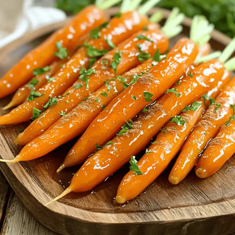 To make maple glazed carrots, you'll need a few simple ingredients. Here’s what you need: - 1 pound baby carrots (or regular carrots cut into sticks) - 3 tablespoons pure maple syrup - 2 tablespoons unsalted butter - 1 teaspoon ground cinnamon - 1/4 teaspoon nutmeg - Salt and pepper to taste - 1 tablespoon fresh parsley, chopped (for garnish) These ingredients blend together to create a sweet and savory side dish. The maple syrup brings a natural sweetness, while the butter adds richness. The spices, cinnamon and nutmeg, give a warm flavor that pairs perfectly with the carrots. This dish is not just tasty, but it also looks bright and appealing on your plate. When you finish, the fresh parsley adds a pop of color and freshness. For the complete recipe, check the Full Recipe section. 1. First, wash the carrots under cold water. 2. If you use regular-sized carrots, peel them. 3. Next, fill a medium pot with water and add salt. 4. Bring the salted water to a boil. 5. Add the carrots and cook for about 4-5 minutes. 6. They should be slightly tender but still crisp. 7. Drain the carrots and set them aside for later. 1. In a large skillet, melt the butter over medium heat. 2. Once melted, add your cooked carrots to the skillet. 3. Stir well to coat the carrots in the melted butter. 4. Now, drizzle the maple syrup over the carrots. 5. Sprinkle in the ground cinnamon and nutmeg. 6. Stir again to make sure all carrots are coated. 1. Cook the carrots for another 5-7 minutes. 2. This allows the maple syrup to thicken and glaze the carrots. 3. Stir occasionally to avoid sticking. 4. Season with salt and pepper to taste. 5. Once glazed and tender, remove from heat. 6. Transfer the carrots to a serving platter. 7. Garnish with fresh parsley for a pop of color. Check out the Full Recipe for specific measurements and cooking times! To make the best maple glaze, focus on the syrup's thickness. Start with pure maple syrup. Heat it gently to help it combine well with the butter. Stir the carrots often while cooking. This helps the glaze coat every piece evenly. Use a spatula to gently turn the carrots. You want to cover them without breaking them. Baby carrots are sweet and tender. Regular carrots have a stronger flavor. If you use regular ones, cut them into sticks for even cooking. Look for bright orange color in carrots. They should feel firm and smooth. Avoid any that are soft or have dark spots. Do not overcook the carrots. They should be tender but still crisp. If they get too soft, they won’t hold their shape. Let the glaze thicken. If you take the carrots off too soon, the syrup will be runny. Cook them long enough to get that nice, sticky coat. {{image_2}} You can boost the taste of maple glazed carrots by adding garlic or ginger. Both ingredients add a nice kick. Just sauté them in the butter before adding the carrots. If you want to change the sweet flavor, try using honey or agave syrup instead of maple syrup. Each option gives a unique twist to the dish. To make the dish more diverse, you can mix in seasonal vegetables. Parsnips or butternut squash work well alongside the carrots. They add color and flavor. You can also switch up the spices. For a holiday feel, try adding nutmeg or cloves. This small change can make your dish festive. If you want a vegan option, use plant-based butter instead of regular butter. This way, you keep the same great taste while making it vegan-friendly. For those watching sugar intake, consider a low-sugar option. You can use less maple syrup or pick a sugar substitute. These easy changes make the dish fit many diets. You can find the full recipe for maple glazed carrots to try these variations at home. To store leftover maple glazed carrots, let them cool first. Place them in an airtight container. This keeps them fresh for about 3 to 5 days. Glass containers work great because they don’t stain. You can also use plastic containers. Just make sure they seal well to keep the flavor in. To reheat your carrots without losing their flavor, use the stove. Simply add a splash of water to a pan. Heat them over low to medium heat. Stir frequently until they are warmed through. This method helps keep the glaze nice and sticky. You can also use the microwave if you're in a hurry. Just cover them with a damp paper towel. Yes, you can freeze maple glazed carrots! To do this, let them cool completely. Then place them in a freezer-safe bag. Remove as much air as possible before sealing. Maple glazed carrots can last up to 3 months in the freezer. When you’re ready to eat them, thaw them in the fridge overnight. Heat them in a pan with a little water to bring back their glaze. Maple glazed carrots last about 3 to 5 days in the fridge. Store them in an airtight container. This keeps them fresh and tasty for your next meal. If you want to enjoy them longer, consider freezing them. Yes, you can use other vegetables. Try parsnips, sweet potatoes, or even Brussels sprouts. Each vegetable will bring its own unique flavor and texture to the dish. Just remember to adjust cooking times as needed for different vegetables. Homemade maple glazed carrots have about 100 calories per serving. This includes the carrots, maple syrup, and butter. If you want a lower-calorie option, you can use less butter or maple syrup. Maple glazed carrots pair well with many dishes. They go great with roasted chicken or pork. You can also serve them with grilled fish or a hearty grain salad. Their sweet and savory flavor adds a nice touch to any meal. Here’s your quick guide to making maple glazed carrots. This side dish is simple and tasty. Ingredients: - 1 pound baby carrots (or regular carrots cut into sticks) - 3 tablespoons pure maple syrup - 2 tablespoons unsalted butter - 1 teaspoon ground cinnamon - 1/4 teaspoon nutmeg - Salt and pepper to taste - 1 tablespoon fresh parsley, chopped (for garnish) Instructions: 1. Start by washing and peeling regular carrots. If using baby carrots, leave them whole. 2. Boil a pot of salted water. Add carrots and cook for 4-5 minutes until slightly tender. Drain and set aside. 3. In a large skillet, melt butter over medium heat. 4. Add carrots to the skillet and coat them with butter. 5. Drizzle maple syrup over carrots. Sprinkle with cinnamon and nutmeg. Stir well. 6. Cook for 5-7 minutes, stirring occasionally. The syrup will thicken and glaze the carrots. 7. Season with salt and pepper to taste. Remove from heat when glazed and tender. 8. Serve on a platter and garnish with parsley for a fresh look. This recipe takes about 25 minutes from start to finish and serves four people. Enjoy crafting this sweet and savory side that pairs well with many main dishes! For the complete details, check out the Full Recipe. Maple glazed carrots are simple and tasty, perfect for any meal. We covered the ingredients, cooking steps, and helpful tips to make them shine. Remember to avoid overcooking and give the glaze time to thicken. You can also tweak the recipe with flavor additions or different vegetables. With the right storage, these carrots stay fresh and delicious. Try them out and enjoy their sweetness on your plate. Happy cooking!
