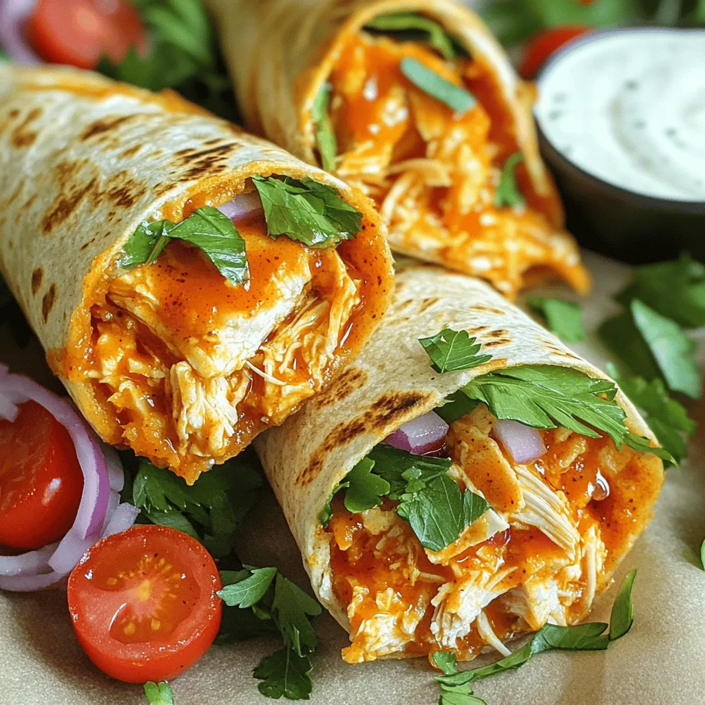- 2 cups cooked chicken, shredded - 1/2 cup buffalo sauce - 1/2 cup ranch dressing - 1 cup romaine lettuce, chopped - 1/2 cup cherry tomatoes, halved - 1/4 cup red onion, thinly sliced - 4 whole wheat tortillas - 1/2 cup shredded cheddar cheese - Olive oil spray The main ingredients are simple and flavorful. The cooked chicken brings protein and texture. Buffalo sauce adds heat and zest. Ranch dressing offers creaminess that balances the spice. Fresh vegetables like romaine, tomatoes, and onions add crunch and color. Whole wheat tortillas hold everything together while keeping it healthy. Shredded cheddar cheese gives a nice finish. - Extra toppings: avocado, jalapeños, or cilantro - Substitute options: grilled chicken, tofu, or beans - Dietary considerations: gluten-free tortillas or dairy-free cheese You can customize the wrap with extra toppings. Avocado adds creaminess, while jalapeños boost the heat. You can also swap chicken for tofu or beans for a vegetarian option. For dietary needs, use gluten-free tortillas or dairy-free cheese. This way, more people can enjoy this tasty wrap. - Kitchen utensils: mixing bowls, measuring cups, and spoons - Cooking equipment: skillet and spatula Having the right tools makes cooking easier. You will need mixing bowls for sauces and chicken. Measuring cups help with accurate portions. A skillet is key for crisping the wraps. A spatula will assist in flipping them safely. With these tools, you will craft delicious Buffalo Ranch Chicken Wraps with ease. Cooking the chicken First, use cooked chicken for the best taste. Shred your chicken into small pieces. You can use leftover chicken or cook it fresh. If cooking fresh, season it lightly before cooking. This adds flavor. Combining the sauces In a medium bowl, add 2 cups of shredded chicken. Pour in 1/2 cup of buffalo sauce. Mix it until the chicken is fully coated. In another bowl, combine 1/2 cup of ranch dressing with chopped romaine lettuce, halved cherry tomatoes, and thinly sliced red onion. This adds a fresh crunch. Layering ingredients Grab a whole wheat tortilla and lay it flat. Lightly spray it with olive oil. This helps it get crispy. In the center, add a generous scoop of the buffalo chicken. Then, top it with the ranch salad mixture. Finish with a sprinkle of 1/2 cup of shredded cheddar cheese. Folding techniques To fold, first, tuck in the sides of the tortilla. Then, start rolling it from the bottom. Roll tightly to keep the filling inside. This helps prevent spills. Repeat this step with the rest of the tortillas and fillings. Skillet instructions Heat a skillet over medium heat. Place the wraps seam side down in the skillet. Cook for about 2-3 minutes on each side. You want them golden brown and crispy. Achieving crispiness If you want extra crispiness, lightly spray the outside of the wraps with olive oil before cooking. Keep an eye on them to avoid burning. Once done, remove them from the skillet and let them cool slightly. You can find the Full Recipe for more details. To get the right spice level, start with less buffalo sauce. You can add more if you like it spicier. Mix in some hot sauce for extra heat. If you prefer mild flavors, reduce the buffalo sauce to a quarter cup. You can also customize ranch dressing. Try adding some garlic powder or dill for a twist. You can even mix in some lime juice for a fresh taste. This way, your wraps will be unique and tasty! Serve your wraps with fresh veggies or chips. Carrot sticks and celery go great with a tangy dip. You can also add a fruit salad for a sweet touch. For a nice presentation, slice the wraps in half. Secure them with a toothpick. This makes them easy to hold and eat. You can place extra ranch dressing on the side for dipping. A sprinkle of parsley adds color and freshness! Avoid overfilling the wraps. If you add too much, they will be hard to roll. Keep the filling to about a cup. This ensures they wrap well and stay together. Make sure you cook the wraps thoroughly. Heat them until they are golden brown. This helps the tortillas crisp up nicely. A well-cooked wrap has a better texture and taste. Follow the [Full Recipe] to get it right! {{image_2}} You can switch up the protein in your wrap for great taste. Instead of chicken, use turkey. Turkey adds a lean, rich flavor that pairs well with buffalo sauce. If you want a meat-free option, try chickpeas or lentils. Both options give a hearty bite and soak up the sauce well. Get creative with your sauces! Instead of buffalo sauce, use BBQ sauce for a smoky twist. You can mix hot sauce with honey for a sweet and spicy flavor. Adding veggies boosts freshness. Try diced bell peppers or cucumbers for crunch. This adds color and makes the wrap more filling. The type of tortilla you choose can change your wrap. Whole wheat tortillas give a nutty taste. Corn tortillas are gluten-free and add a nice flavor. For low-carb options, use lettuce wraps. They are fresh and light, perfect for a healthy meal. For the full recipe, check out the details provided earlier! To keep your Buffalo Ranch Chicken Wraps fresh, store them in the fridge. Place the wraps in an airtight container. This helps keep the flavors in and the wraps moist. You can also wrap them in plastic wrap before putting them in the container. This method helps prevent drying out. Eat the leftovers within three days for the best taste. When you're ready to enjoy your wraps again, you can reheat them in the microwave or skillet. If you use the microwave, place the wrap on a microwave-safe plate. Heat it for about 30 seconds, checking often. If you want a crispy wrap, heat it in a skillet. Place the wrap in a skillet over medium heat for 2-3 minutes on each side. This keeps the texture nice and crunchy. You can freeze the Buffalo Ranch Chicken Wraps if you want to save some for later. Wrap each assembled wrap tightly in plastic wrap. Then, place the wrapped wraps in a freezer-safe bag or container. This way, they won't get freezer burn. To thaw, move the wrap to the fridge for a few hours or overnight. Once thawed, you can reheat them as mentioned above. Enjoy your tasty wraps anytime! To make the best Buffalo Ranch Chicken Wraps, start with cooked chicken. Shred it and mix with buffalo sauce. This gives the chicken a spicy kick. In another bowl, mix ranch dressing with romaine lettuce, cherry tomatoes, and red onion. This salad adds crunch and flavor. Lay out a whole wheat tortilla and spray it with olive oil. Place the buffalo chicken in the center of the tortilla. Top it with the ranch salad and sprinkle cheddar cheese on top. Fold the sides and roll it up tightly. Cook each wrap in a skillet until golden brown. This makes the outside crispy. Yes, you can prepare these wraps in advance. Make the buffalo chicken and ranch salad ahead of time. Store them in the fridge. When you are ready to eat, just assemble the wraps. This saves time and makes lunch or dinner easy. You can also wrap them in foil for a quick grab-and-go meal. Buffalo Ranch Chicken Wraps pair well with many sides. Here are some ideas: - Fresh fruit salad - Veggie sticks with ranch dip - Sweet potato fries - Potato chips - A simple green salad These sides balance the spicy wraps and add freshness. To make these wraps healthier, try these tips: - Use grilled chicken instead of fried. - Swap ranch dressing for a yogurt-based dressing. - Add more veggies like bell peppers or cucumbers. - Choose whole grain tortillas for more fiber. These changes keep the taste while boosting nutrition. Yes, you can make a vegetarian version of Buffalo Ranch Chicken Wraps. Replace the chicken with grilled veggies or tofu. Use the same buffalo sauce for flavor. You can also add beans for protein. This version is just as tasty and filling. You can find the Full Recipe for more details on preparing these wraps. Buffalo Ranch Chicken Wraps are fun and easy to make. You learned about tasty ingredients, helpful tools, and step-by-step instructions. I shared tips to improve flavor and avoid common mistakes. You can try different proteins and sauces to mix things up. Remember, storage and reheating are key to enjoying leftovers. With these ideas, you can make great wraps every time. Enjoy your cooking and wrap-making adventures!