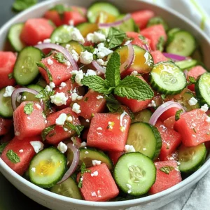 For a delightful Cucumber Watermelon Salad, you need fresh and vibrant ingredients. Here’s the complete list: - Watermelon and cucumber - 2 cups watermelon, cubed - 1 large cucumber, diced - Additional ingredients - 1/2 red onion, thinly sliced - 1/4 cup fresh mint leaves, chopped - 1/4 cup feta cheese, crumbled - Dressing components - 2 tablespoons honey - 2 tablespoons lime juice - Salt and pepper to taste Each ingredient plays a key role. The sweet watermelon and crisp cucumber create a refreshing base. The red onion adds a gentle bite, while mint brings a burst of freshness. Feta cheese introduces a creamy, salty taste that balances the flavors perfectly. For the dressing, honey and lime juice blend into a sweet and tangy mix. This dressing ties everything together. Just drizzle it over the salad for a burst of flavor. You can find the [Full Recipe] for detailed steps on how to make this salad. How to prepare watermelon and cucumber Start by washing your watermelon and cucumber well. Cut the watermelon in half. Use a knife to slice it into cubes. Scoop out the cubes and place them in a large bowl. For the cucumber, slice off both ends. Then, cut it in half lengthwise. Finally, dice the cucumber into bite-sized pieces and add them to the bowl. Mixing the salad ingredients Next, add the red onion and mint leaves to the bowl. Thinly slice the red onion before adding it. This helps mix the flavors well. Chop the mint leaves into small pieces. The mint gives a fresh taste to the salad. Creating the dressing To make the dressing, take a small bowl. Measure out the honey and lime juice. Whisk them together until smooth. This dressing balances the sweetness of the fruit with a tangy note. Combining salad with dressing Pour the dressing over the salad mixture. Gently toss everything together. Make sure all the ingredients are coated with the dressing. This step makes each bite flavorful. Presentation tips for serving To serve, use a chilled bowl. This keeps the salad fresh and cool. Garnish with a few whole mint leaves on top for a pop of color. This adds a nice touch when serving. Ideal serving temperature Serve the salad cold for the best taste. Chilling it helps enhance the flavors. Enjoy this crisp salad on hot summer days for a refreshing treat. For the full recipe, check out the recipe card above! Choosing the best watermelon and cucumber is key for this salad. For watermelon, look for a smooth rind. It should feel heavy for its size. A yellow spot on one side means it ripened on the ground. This spot is a good sign of sweetness. Give it a tap; a deep sound means it’s ripe. For cucumbers, select firm ones with a vibrant color. Avoid soft spots or wrinkles. They should feel heavy and have a fresh smell. This ensures crispness and flavor in your salad. To elevate the taste of your cucumber watermelon salad, add fresh herbs. Basil and cilantro pair well with mint. They bring a new twist and freshness. You can also sprinkle a pinch of chili flakes for heat. If you want some protein, grilled chicken works great. It adds a nice texture and makes it a full meal. You could even use shrimp or chickpeas for a different flavor. Experiment with your favorite ingredients to find what you love! For the full recipe, check out the complete details above. {{image_2}} You can make your cucumber watermelon salad even better. Try adding citrus fruits like oranges or lemons. The bright, zesty taste will wake up your palate. Just chop the citrus into small pieces and mix them in. Another option is to add nuts for crunch. Almonds or walnuts add a great texture. Just chop them roughly and sprinkle them on top. This gives your salad a nice contrast with the soft watermelon and cucumber. You can also explore regional twists to this salad. For a Mediterranean version, add olives. The salty flavor pairs well with sweet watermelon. Just slice the olives and mix them in. This adds depth to your dish. For an Asian-style twist, try a sesame dressing. Mix soy sauce, sesame oil, and a little ginger. Drizzle this over your salad for a savory kick. It gives a whole new vibe to the dish. These variations allow you to customize your cucumber watermelon salad. You can make it suit any taste or occasion. For the full recipe, check out the detailed instructions above. To keep your cucumber watermelon salad fresh, store it in the fridge. Use an airtight container to prevent odors and moisture from getting in. If possible, separate the dressing from the salad. This helps maintain crispness. When ready to eat, just drizzle the dressing on top and mix. Your salad will last about 2 to 3 days in the fridge. After that, it may lose its freshness. Watch out for slimy cucumber or mushy watermelon. These are signs that the salad has spoiled. Always trust your senses; if it looks or smells off, it's best to toss it. Cucumber watermelon salad packs a punch of nutrition. - Low in calories: This salad is light, perfect for warm days. - Rich in vitamins: Watermelon is high in vitamins A and C. - Hydration: Both cucumber and watermelon have high water content. Antioxidants in this salad help fight free radicals. Watermelon contains lycopene, which may reduce heart disease risk. Mint adds a fresh taste and can aid digestion. Yes, you can make this salad ahead of time. - Pre-preparation tips: Chop the watermelon and cucumber a few hours early. - Keeping ingredients fresh: Store them separately in the fridge. Mix everything just before serving to keep it crisp. The honey-lime dressing can also be made ahead. Yes, cucumber watermelon salad works well for vegans. - Vegan modifications: Instead of feta, use avocado or a vegan cheese. - Nutritional considerations: This salad still offers vitamins and hydration. It's a great choice for anyone wanting a light meal. For the full recipe, check out the full recipe section. This article covered a refreshing cucumber and watermelon salad. You learned the key ingredients and how to prepare them. We discussed tips for choosing ripe produce and ways to enhance flavor. Variations added exciting twists, while storage tips ensured freshness. This salad is easy to make and perfect for any meal. Experiment with flavors and enjoy a nutritious dish. Try making it your own, and savor every bite. You’ll love how simple and tasty it is.