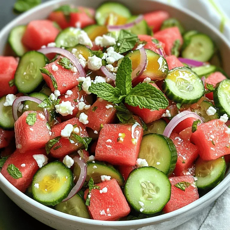 For a delightful Cucumber Watermelon Salad, you need fresh and vibrant ingredients. Here’s the complete list: - Watermelon and cucumber - 2 cups watermelon, cubed - 1 large cucumber, diced - Additional ingredients - 1/2 red onion, thinly sliced - 1/4 cup fresh mint leaves, chopped - 1/4 cup feta cheese, crumbled - Dressing components - 2 tablespoons honey - 2 tablespoons lime juice - Salt and pepper to taste Each ingredient plays a key role. The sweet watermelon and crisp cucumber create a refreshing base. The red onion adds a gentle bite, while mint brings a burst of freshness. Feta cheese introduces a creamy, salty taste that balances the flavors perfectly. For the dressing, honey and lime juice blend into a sweet and tangy mix. This dressing ties everything together. Just drizzle it over the salad for a burst of flavor. You can find the [Full Recipe] for detailed steps on how to make this salad. How to prepare watermelon and cucumber Start by washing your watermelon and cucumber well. Cut the watermelon in half. Use a knife to slice it into cubes. Scoop out the cubes and place them in a large bowl. For the cucumber, slice off both ends. Then, cut it in half lengthwise. Finally, dice the cucumber into bite-sized pieces and add them to the bowl. Mixing the salad ingredients Next, add the red onion and mint leaves to the bowl. Thinly slice the red onion before adding it. This helps mix the flavors well. Chop the mint leaves into small pieces. The mint gives a fresh taste to the salad. Creating the dressing To make the dressing, take a small bowl. Measure out the honey and lime juice. Whisk them together until smooth. This dressing balances the sweetness of the fruit with a tangy note. Combining salad with dressing Pour the dressing over the salad mixture. Gently toss everything together. Make sure all the ingredients are coated with the dressing. This step makes each bite flavorful. Presentation tips for serving To serve, use a chilled bowl. This keeps the salad fresh and cool. Garnish with a few whole mint leaves on top for a pop of color. This adds a nice touch when serving. Ideal serving temperature Serve the salad cold for the best taste. Chilling it helps enhance the flavors. Enjoy this crisp salad on hot summer days for a refreshing treat. For the full recipe, check out the recipe card above! Choosing the best watermelon and cucumber is key for this salad. For watermelon, look for a smooth rind. It should feel heavy for its size. A yellow spot on one side means it ripened on the ground. This spot is a good sign of sweetness. Give it a tap; a deep sound means it’s ripe. For cucumbers, select firm ones with a vibrant color. Avoid soft spots or wrinkles. They should feel heavy and have a fresh smell. This ensures crispness and flavor in your salad. To elevate the taste of your cucumber watermelon salad, add fresh herbs. Basil and cilantro pair well with mint. They bring a new twist and freshness. You can also sprinkle a pinch of chili flakes for heat. If you want some protein, grilled chicken works great. It adds a nice texture and makes it a full meal. You could even use shrimp or chickpeas for a different flavor. Experiment with your favorite ingredients to find what you love! For the full recipe, check out the complete details above. {{image_2}} You can make your cucumber watermelon salad even better. Try adding citrus fruits like oranges or lemons. The bright, zesty taste will wake up your palate. Just chop the citrus into small pieces and mix them in. Another option is to add nuts for crunch. Almonds or walnuts add a great texture. Just chop them roughly and sprinkle them on top. This gives your salad a nice contrast with the soft watermelon and cucumber. You can also explore regional twists to this salad. For a Mediterranean version, add olives. The salty flavor pairs well with sweet watermelon. Just slice the olives and mix them in. This adds depth to your dish. For an Asian-style twist, try a sesame dressing. Mix soy sauce, sesame oil, and a little ginger. Drizzle this over your salad for a savory kick. It gives a whole new vibe to the dish. These variations allow you to customize your cucumber watermelon salad. You can make it suit any taste or occasion. For the full recipe, check out the detailed instructions above. To keep your cucumber watermelon salad fresh, store it in the fridge. Use an airtight container to prevent odors and moisture from getting in. If possible, separate the dressing from the salad. This helps maintain crispness. When ready to eat, just drizzle the dressing on top and mix. Your salad will last about 2 to 3 days in the fridge. After that, it may lose its freshness. Watch out for slimy cucumber or mushy watermelon. These are signs that the salad has spoiled. Always trust your senses; if it looks or smells off, it's best to toss it. Cucumber watermelon salad packs a punch of nutrition. - Low in calories: This salad is light, perfect for warm days. - Rich in vitamins: Watermelon is high in vitamins A and C. - Hydration: Both cucumber and watermelon have high water content. Antioxidants in this salad help fight free radicals. Watermelon contains lycopene, which may reduce heart disease risk. Mint adds a fresh taste and can aid digestion. Yes, you can make this salad ahead of time. - Pre-preparation tips: Chop the watermelon and cucumber a few hours early. - Keeping ingredients fresh: Store them separately in the fridge. Mix everything just before serving to keep it crisp. The honey-lime dressing can also be made ahead. Yes, cucumber watermelon salad works well for vegans. - Vegan modifications: Instead of feta, use avocado or a vegan cheese. - Nutritional considerations: This salad still offers vitamins and hydration. It's a great choice for anyone wanting a light meal. For the full recipe, check out the full recipe section. This article covered a refreshing cucumber and watermelon salad. You learned the key ingredients and how to prepare them. We discussed tips for choosing ripe produce and ways to enhance flavor. Variations added exciting twists, while storage tips ensured freshness. This salad is easy to make and perfect for any meal. Experiment with flavors and enjoy a nutritious dish. Try making it your own, and savor every bite. You’ll love how simple and tasty it is.