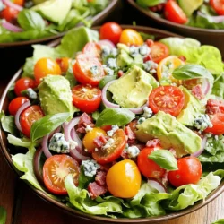 - 6 cups Romaine lettuce, chopped - 1 cup cherry tomatoes, halved - 1 cup cooked turkey bacon, crumbled - 1/2 cup red onion, thinly sliced - 1/2 cup crumbled blue cheese (or feta) - 1/4 cup fresh basil leaves, chopped - 1 avocado, diced - Dressing components: 1 ripe avocado, 1/4 cup Greek yogurt, 2 tablespoons lemon juice, 1 tablespoon olive oil, salt, and pepper Serving Size & Adjustments This salad serves four people. You can adjust the amounts based on how many you are serving. If you want more servings, just double the ingredients. Tips for Measuring Ingredients - Use a dry measuring cup for solid items like lettuce and bacon. - Use a liquid measuring cup for liquids like olive oil. - Always pack leafy greens gently into the cup for accurate measurement. Measuring correctly helps you create a balanced salad. Enjoy the freshness of each ingredient in your Classic BLT Salad. For the full recipe, check out the Crunchy BLT Salad with a Twist. Ingredients for the dressing - 1 ripe avocado - 1/4 cup Greek yogurt - 2 tablespoons lemon juice - 1 tablespoon olive oil - Salt and pepper to taste To begin, gather your ingredients. Cut the avocado in half and remove the pit. Scoop the flesh into a blender. Add Greek yogurt, lemon juice, and olive oil. Blend until smooth. If the dressing is too thick, add a little water to reach your desired consistency. Taste and season with salt and pepper. To cook the turkey bacon, heat a skillet over medium heat. Place the strips in the skillet. Cook for about 5-7 minutes, turning occasionally. Look for a golden color and a crispy texture. Once done, remove the bacon and let it cool. Crumble it into bite-sized pieces. Start by layering the chopped Romaine lettuce in a large salad bowl. Next, add halved cherry tomatoes and thinly sliced red onion on top. Then, sprinkle the crumbled turkey bacon and diced avocado. For a flavorful twist, add crumbled blue cheese or feta. Finish with chopped basil leaves. Just before serving, drizzle the creamy avocado dressing over the salad. Toss gently to mix the flavors. Enjoy your fresh and vibrant Classic BLT Salad! To boost the taste of your BLT salad, consider adding these spices: - Cracked black pepper - Smoked paprika - Garlic powder You can also serve with fresh lemon wedges. The citrus adds a bright kick. A sprinkle of extra cheese enhances the creamy texture too. Make your salad pop by plating it in clear bowls. Layer the ingredients for a colorful look. Arrange the lettuce at the bottom and pile on the toppings. For garnishing, add extra basil leaves on top. A drizzle of dressing adds shine and draws the eye. You can also sprinkle sesame seeds for extra texture. One mistake is overdressing your salad. Too much dressing can make it soggy and heavy. Aim for a light drizzle, then toss gently. Another mistake is choosing toppings that clash. Avoid strong flavors that overwhelm the salad. Stick to compatible toppings like cheese and fresh herbs for the best taste. For the full recipe, check the details above! {{image_2}} For a vegetarian option, swap turkey bacon for crispy chickpeas or tempeh bacon. Both add crunch and flavor. If you want a vegan salad, use the same alternatives and replace the Greek yogurt with a vegan yogurt. This keeps the creamy texture without dairy. For a gluten-free option, ensure your bacon substitute is gluten-free. Many brands offer gluten-free bacon or you can choose roasted nuts for added crunch. In summer, add fresh corn, diced cucumbers, or bell peppers to enhance the salad's crunch. These veggies shine with the fresh flavors of the season. In fall, consider roasted butternut squash or sweet potatoes for warmth and sweetness. These ingredients add a heartier feel to your salad. You can switch up the dressing, too. A light vinaigrette made with olive oil, vinegar, and mustard can brighten the salad. Add fresh herbs like dill or parsley for extra flavor. If you prefer a yogurt-based dressing, mix Greek yogurt with herbs and lemon juice for a tangy twist. Feel free to experiment with spices. A pinch of smoked paprika or garlic powder can elevate the dressing and make it unique. Check out the Full Recipe for more flavor ideas! To keep your Classic BLT Salad fresh, store it in an airtight container. This helps prevent the lettuce from wilting. Always refrigerate leftovers right after serving. The salad stays fresh for up to three days. However, the longer it sits, the soggier it may get. Freezing this salad is not ideal. While some ingredients can freeze, others cannot. The turkey bacon can be frozen after cooking. However, lettuce, tomatoes, and avocado do not freeze well. If you freeze the bacon, thaw it in the fridge overnight before reheating. To heat up your turkey bacon, use a skillet over medium heat. This method ensures it stays crispy. After refrigeration, assemble the salad just before serving. Toss the salad gently to mix everything. Add the dressing last to keep it fresh and crunchy. Enjoy your salad at its best! A Classic BLT Salad combines fresh ingredients for a tasty dish. It features: - Romaine lettuce, chopped - Cherry tomatoes, halved - Cooked turkey bacon, crumbled - Red onion, thinly sliced - Blue cheese, crumbled (or feta if you prefer) - Fresh basil leaves, chopped - Diced avocado You mix these ingredients for a vibrant salad. The flavors blend well, creating a fresh, crunchy dish. The turkey bacon adds a savory touch, while the cheese gives it a creamy bite. This salad is a fun twist on the classic BLT sandwich. Yes, you can prep some parts in advance. Here are my tips: - Chop the lettuce and store it in a sealed bag or container. - Halve the cherry tomatoes and slice the onion ahead of time. - Cook the turkey bacon and crumble it, then store it in the fridge. - Dice the avocado just before serving to keep it fresh. Assembling the salad right before serving keeps it crisp and vibrant. If you want alternatives, consider these options: - Regular bacon for a classic taste. - Tofurky or tempeh bacon for a vegetarian option. - Grilled chicken or shrimp for extra protein. These swaps work well, depending on your dietary needs. To lighten up the Classic BLT Salad: - Use less bacon or swap it for turkey bacon. - Substitute blue cheese with a low-fat cheese. - Use Greek yogurt in place of dressing for fewer calories. These tips help you enjoy a fresh salad with fewer calories while keeping the flavor intact. This blog post covered the key ingredients and steps for a Classic BLT Salad. You learned how to prepare the creamy avocado dressing, cook turkey bacon, and assemble the salad beautifully. We also explored tips to enhance flavor, common mistakes, and dietary substitutions for various needs. You can make this salad your own by trying different ingredients and flavors. With some practice, you’ll be able to create an amazing dish everyone will enjoy. Enjoy your time in the kitchen!