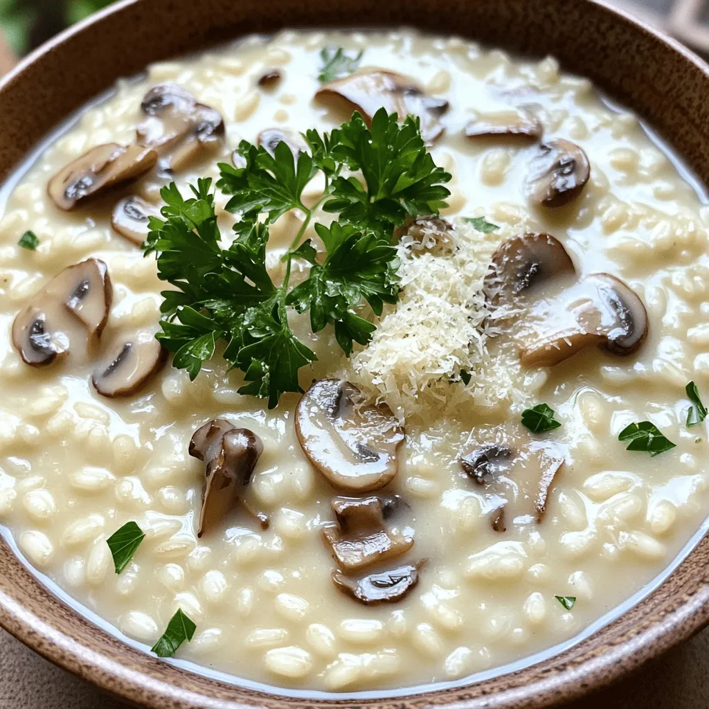- 1 cup Arborio rice - 1 cup mixed mushrooms (such as cremini, shiitake, and button), finely chopped - 1/2 cup heavy cream - 4 cups vegetable broth - 1 small onion, finely chopped - 2 cloves garlic, minced - 1/2 cup grated Parmesan cheese - 2 tablespoons olive oil - 2 tablespoons butter - Salt and pepper to taste - Fresh parsley, chopped (for garnish) When you make creamy mushroom risotto, the right ingredients matter. Arborio rice gives the risotto its creamy texture. This rice holds starch, making the dish rich and smooth. Mixed mushrooms add depth. You can use cremini, shiitake, and button mushrooms for a lovely flavor mix. You must keep vegetable broth warm. This helps the rice cook evenly. Onions and garlic add a nice base flavor. Finely chop them so they blend well. Heavy cream makes the risotto velvety. Parmesan cheese adds a salty touch. For seasoning, use olive oil and butter. These fats help sauté your onions and mushrooms. Salt and pepper enhance all the flavors. Lastly, fresh parsley brightens the dish and makes it look nice. For the full recipe, check out the Mushroom Dream Risotto. It’s a great way to explore this dish in detail! Keep the vegetable broth warm throughout the cooking process. Use a small saucepan on low heat. This step is key for the risotto. Warm broth helps the rice cook evenly. Using vegetable broth adds a rich flavor. It makes the dish vegetarian-friendly and tasty. In a large skillet or pot, heat olive oil and butter. Use medium heat to avoid burning. Add chopped onions and sauté until they turn clear. This takes about three to four minutes. Next, stir in minced garlic and chopped mushrooms. Cook for five to seven minutes. Your goal is to soften and brown the mushrooms. This step builds the foundation of flavor for your risotto. Now, add Arborio rice to your skillet. Mix it well with the mushrooms. Turn up the heat to medium-high. Stir for about two minutes. This helps the rice grains absorb the flavors. After that, gradually pour in a ladle of warm broth. Stir continuously until most of the liquid is absorbed. This gradual addition is vital for perfect risotto. Repeat this process for about 18 to 20 minutes. The rice should be creamy and slightly firm when done. Keep an eye on the cooking time. Stirring is important for that creamy texture. Use a wooden spoon to mix gently. When the rice is almost done, it should look thick and shiny. This texture is what you want for a perfect risotto. Once the rice is cooked, lower the heat. Stir in heavy cream and grated Parmesan cheese. Add the remaining butter, salt, and pepper. Mix until everything is blended and creamy. Taste the risotto and adjust the seasoning if needed. Let it sit for a minute before serving. This helps the flavors meld together. For a beautiful finish, garnish with chopped parsley. You can find the full recipe in this article. For creamy mushroom risotto, I love using mixed mushrooms. Here are my favorites: - Cremini: They have a rich, earthy taste. - Shiitake: They add a nice umami flavor. - Button: These are mild and tender. Mushrooms bring depth to the dish. Their flavors blend well with the creamy rice. The right mushrooms can turn a simple dish into a gourmet experience. Stirring is key when making risotto. It helps release the starch from the rice. This starch gives the risotto its creamy texture. I often stir for about 18-20 minutes while adding broth. Temperature control matters too. Keep the heat medium when cooking. If it's too high, the rice may cook unevenly. If it's too low, the cooking process slows down. You need the right balance for the best results. Presentation makes a difference. I like to serve risotto in shallow bowls. This allows the creamy rice to shine. Garnish with chopped fresh parsley and a sprinkle of cheese. It adds color and flavor. For side dishes, think light salads or roasted veggies. They balance the richness of the risotto. You can also pair it with grilled chicken or fish for protein. Discover more about this recipe in the Full Recipe section. {{image_2}} You can boost the risotto's taste easily. Adding fresh herbs like thyme or rosemary gives it a bright flavor. Try adding spices, too, like nutmeg or smoked paprika. These spices add warmth and depth. You can also mix in vegetables. Peas, asparagus, or spinach add color and nutrition. Just sauté them briefly before adding the rice. Want to make your risotto heartier? Adding protein works great! Cooked chicken or shrimp adds a nice touch. Just toss them in during the last few minutes of cooking. For a vegetarian option, try adding chickpeas or lentils. They bring protein and a satisfying texture. Tofu can also work well; just cube it and add it in. Need a gluten-free version? Use gluten-free broth and check your rice. Arborio rice is naturally gluten-free, so you're in luck! For a vegan risotto, swap heavy cream with coconut milk or cashew cream. You can also use nutritional yeast instead of Parmesan cheese. These swaps keep your risotto creamy and tasty. Check out the Full Recipe for more tips! To keep your creamy mushroom risotto fresh, follow these tips: - Refrigeration methods: Allow the risotto to cool completely before storing. Place it in the fridge within two hours of cooking. - Best containers for storage: Use airtight containers to prevent moisture loss. Glass or plastic containers work great. To reheat your risotto without losing creaminess, do this: - How to reheat risotto without losing creaminess: Add a splash of broth or cream while reheating. Stir slowly over low heat for best results. - Using broth vs. water while reheating: Broth adds flavor. Water can make it bland. Always choose broth to revive the dish. You can freeze risotto, but it may change texture. Here’s how: - Is freezing risotto recommended?: Yes, but it may lose some creaminess. Only freeze if you plan to eat it later. - Steps to freeze and thaw effectively: Cool the risotto, then scoop it into freezer bags. Lay them flat to save space. To thaw, place it in the fridge overnight. Reheat with broth. For the full recipe, check out the Mushroom Dream Risotto . Making creamy mushroom risotto takes about 30 minutes. This includes 10 minutes for prep. You will need about 20 minutes for cooking. During cooking, you will stir the rice often. This helps make it creamy. Yes, you can prep risotto ahead. Cook the base with onions, garlic, and mushrooms. Then, cool it and store it in the fridge. When ready to serve, heat it on the stove. Add warm broth slowly while stirring. This keeps it creamy and fresh. Arborio rice is short and round. This rice has a high starch content. It absorbs liquid well and gives risotto its creamy texture. Regular rice does not have the same starch. It cooks differently and won't yield the same creamy result. For the best risotto, always use Arborio rice. Check out the full recipe for more details. We explored the key ingredients, cooking techniques, and tips for making creamy mushroom risotto. Each step, from preparing the broth to achieving the perfect texture, is crucial for your dish. Remember, the right mushrooms and constant stirring make a big difference. Try variations to suit your taste, and store leftovers properly to keep them fresh. With these insights, you can create a risotto that impresses everyone. Enjoy your cooking journey and make this dish your own!