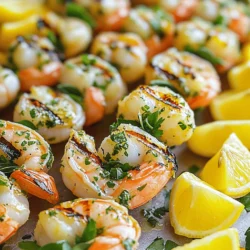 - 1 pound large shrimp, peeled and deveined - 3 tablespoons olive oil - Zest and juice of 2 lemons - 3 cloves garlic, minced - 1 tablespoon fresh parsley, chopped - 1 tablespoon fresh basil, chopped - 1 tablespoon fresh oregano, chopped - 1 teaspoon red pepper flakes (optional) - Salt and pepper to taste - Lemon wedges for serving - Suggestions for pairings (e.g., side dishes) When cooking lemon herb grilled shrimp, the right ingredients make all the difference. Start with large, fresh shrimp. I prefer ones that are peeled and deveined for convenience. Olive oil adds richness and helps the flavors blend. Fresh lemons are key; their zest brightens the dish, while juice adds a nice tang. Next, you want your herbs to shine. I love garlic for its strong flavor. Fresh parsley, basil, and oregano add depth and color. If you like a kick, add red pepper flakes, but that’s up to you. Don’t forget salt and pepper to bring out all the flavors. For serving, I always include lemon wedges. They add a fresh burst when squeezed over the shrimp. Think about pairing this dish with a light salad or grilled vegetables. The flavors complement each other well. You can find the full recipe for lemon herb grilled shrimp to guide you through these steps. To make the marinade, combine the following ingredients in a large mixing bowl: - 3 tablespoons olive oil - Zest and juice of 2 lemons - 3 cloves garlic, minced - 1 tablespoon fresh parsley, chopped - 1 tablespoon fresh basil, chopped - 1 tablespoon fresh oregano, chopped - 1 teaspoon red pepper flakes (optional) - Salt and pepper to taste Mix them well until smooth. This mix is key to a tasty shrimp dish. Marinating time is crucial. Letting the shrimp soak in flavors for at least 30 minutes gives them a better taste. You can marinate for up to 1 hour for an even bolder flavor. Next, add the peeled and deveined shrimp to the marinade. Make sure each shrimp gets fully coated. You want the flavors to stick to every piece. Cover the bowl with plastic wrap and place it in the fridge. This keeps the shrimp chilled while they soak in the flavors. Before grilling, preheat your grill to medium-high heat. This helps cook the shrimp evenly. If using wooden skewers, soak them in water for about 30 minutes to prevent burning. Now, thread the marinated shrimp onto skewers. Leave a little space between each shrimp for even cooking. Grill the shrimp for about 2-3 minutes on each side. Watch closely, as shrimp cook quickly. They are done once they turn pink and opaque. Overcooking can make them tough, so stay alert! Once finished, remove the shrimp from the grill. Sprinkle with salt and pepper. If you like a little heat, add red pepper flakes. Serve them hot with lemon wedges on the side. For the full recipe, check out the earlier section. To get those perfect grill marks, preheat your grill well. The grill should be hot enough to sear the shrimp quickly. This helps keep them juicy. You can also use a grill basket. It makes cooking easier and avoids losing shrimp through the grates. Just toss the shrimp in the basket. Then, grill them as usual. Want to boost flavor? Try adding more citrus or spices. You can use lime or orange zest in place of lemon. Fresh herbs like cilantro or dill also work great. The key is using freshly squeezed lemon juice. It gives the shrimp a bright and tangy taste that makes each bite pop. How do you know when shrimp are done? Look for a pink color and a firm texture. They should curl into a "C" shape. The right cooking temperature is around 120°F to 145°F. Keep an eye on them while grilling. Overcooked shrimp can become rubbery and tough. Follow the [Full Recipe] for best results! {{image_2}} You can change the taste of Lemon Herb Grilled Shrimp with different herbs. Try adding cilantro or mint for a fresh twist. Both herbs bring unique flavors that can brighten the dish. For a zesty kick, use lime or orange instead of lemon. The citrus will give your shrimp a new and exciting flavor. If you don’t have a grill, don’t worry! You can bake or broil shrimp as great alternatives. Baking at 400°F takes about 8-10 minutes. Broiling is faster and usually takes 5-7 minutes. Just keep an eye on them! You can also cook shrimp on the stovetop in a skillet. Heat some oil over medium heat and cook the shrimp for about 2-3 minutes on each side. Serving your grilled shrimp with different dips can add more fun to your meal. Try a tangy yogurt sauce or a spicy aioli. You can also pair the shrimp with various salads. A simple green salad with lemon vinaigrette works well. For something heartier, serve it with a quinoa salad or roasted veggies. These options will make your meal more colorful and tasty. For the complete recipe, check out the Full Recipe. To keep grilled shrimp fresh, store them in an airtight container. Make sure the shrimp cool down first. This keeps the shrimp from cooking more. In the fridge, grilled shrimp lasts about 3 days. If you want to keep them longer, consider freezing. Freezing is a great way to save shrimp for later. First, let the shrimp cool completely. Then, place them in freezer-safe bags. Remove as much air as you can before sealing. This helps prevent freezer burn. You can freeze grilled shrimp for up to 3 months. When you’re ready to eat, thaw the shrimp in the fridge overnight. You can also use cold water for faster thawing. Leftover grilled shrimp can make quick meals. Chop them up and add to salads for extra flavor. You can also toss them in pasta or rice dishes. To reheat, warm shrimp in a skillet over low heat. This keeps them juicy. Avoid the microwave, as it can make shrimp rubbery. Enjoy your delicious Lemon Herb Grilled Shrimp in fun new ways! For more ideas, check out the Full Recipe. You can tell shrimp are cooked when they turn pink and opaque. They should curl slightly but not be tightly coiled. The internal temperature should reach 120°F. If you see the shrimp are firm and spring back when pressed, they are done. Overcooked shrimp become tough and chewy, so watch them closely. Yes, you can prepare the shrimp marinade ahead of time. Just mix the olive oil, lemon juice, garlic, and herbs. Then, cover and store it in the fridge for up to 24 hours. Add the shrimp when you're ready to cook. This helps the flavors soak in well. Lemon herb grilled shrimp pairs well with many sides. Consider serving them with: - A fresh garden salad - Grilled veggies like zucchini or bell peppers - Rice or quinoa for a heartier meal - Garlic bread for a nice crunch - Pasta tossed with olive oil and herbs These options will complement the shrimp's bright flavors. Yes, you can use frozen shrimp. Just ensure to thaw them first. Place them in the fridge overnight or run cold water over them. This helps maintain their texture. Fresh shrimp give a slight edge in flavor, but frozen works well in a pinch. This article guides you through making delicious lemon herb grilled shrimp. You learned about key ingredients, marinating, and grilling tips. You can mix flavors and try different herbs for variety. Proper storage helps you enjoy leftovers, too. With these steps, you'll serve a tasty dish every time. Enjoy experimenting and impress your friends at your next gathering!