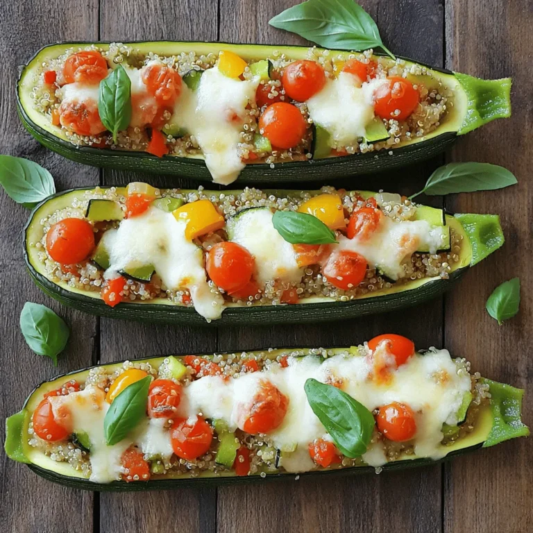 To make stuffed zucchini boats, gather these fresh ingredients: - 4 medium zucchinis - 1 cup cooked quinoa - 1 cup cherry tomatoes, halved - 1 bell pepper, diced (any color) - 1 small onion, diced - 2 cloves garlic, minced - 1 teaspoon dried oregano - 1 teaspoon paprika - ½ teaspoon salt - ½ teaspoon black pepper - 1 cup shredded mozzarella cheese - 2 tablespoons olive oil - Fresh basil for garnish Each serving of stuffed zucchini boats is packed with nutrients. They offer a good balance of protein from quinoa and healthy fats from olive oil. Zucchini adds fiber and vitamins. Here is a brief overview: - Calories: Approximately 250 - Protein: 10g - Carbohydrates: 30g - Fat: 10g - Fiber: 5g These numbers can vary based on ingredient choices. You can easily swap ingredients to fit your taste or needs. Consider these options: - Use brown rice instead of quinoa for a different grain. - Swap mozzarella for feta cheese for a tangy flavor. - Add spinach or kale for more greens. - Replace cherry tomatoes with sun-dried tomatoes for a richer taste. Feel free to get creative with your stuffed zucchini boats! For the full recipe, check out the details above. To start, gather your ingredients. You will need: - 4 medium zucchinis - 1 cup cooked quinoa - 1 cup cherry tomatoes, halved - 1 bell pepper, diced (any color) - 1 small onion, diced - 2 cloves garlic, minced - 1 teaspoon dried oregano - 1 teaspoon paprika - ½ teaspoon salt - ½ teaspoon black pepper - 1 cup shredded mozzarella cheese - 2 tablespoons olive oil - Fresh basil for garnish Next, preheat your oven to 375°F (190°C). Cut each zucchini in half lengthwise. Use a spoon to scoop out the center, creating boats. Keep the scooped-out flesh and chop it finely. This adds great flavor to your filling. In a skillet, heat the olive oil over medium heat. Add the diced onion and minced garlic. Cook for about 3-4 minutes until they soften. Then, add the diced bell pepper and chopped zucchini flesh. Sauté these for 5 more minutes until tender. Now, stir in the cooked quinoa and halved cherry tomatoes. Add the dried oregano, paprika, salt, and black pepper. Mix well and cook for another 2 minutes until everything is warm. Remove the skillet from heat. Stir in half of the shredded mozzarella cheese. This makes the mix cheesy and delicious. Spoon the quinoa mixture into each zucchini half. Fill them generously! Place the stuffed zucchinis on a baking tray. Top each filled zucchini with the rest of the mozzarella cheese. Now, bake these in your preheated oven for 25-30 minutes. You want the zucchinis to be tender and the cheese to melt and bubble. After baking, remove them from the oven. Let them cool for a few minutes. Garnish with fresh basil before serving. Enjoy your tasty stuffed zucchini boats! For a complete guide, check out the Full Recipe. Choose zucchinis that are firm and smooth. Look for ones that are bright green. Avoid those with soft spots or blemishes. A good zucchini feels heavy for its size. Smaller zucchinis tend to taste better. Aim for zucchinis about 6 to 8 inches long. Check the ends; they should look fresh, not dried out. To get the best texture, don’t overcook the zucchini. Baking them for 25 to 30 minutes works well. You want them tender but not mushy. If you prefer a bit of crunch, reduce the baking time. The filling should be heated through and flavors melded. Mixing in cheese adds a creamy texture that complements the zucchini well. You can prepare stuffed zucchini boats ahead of time. Prepare the filling and stuff the zucchinis. Then, cover them and store in the fridge for up to 24 hours. When ready to bake, just pop them in the oven. This saves time on busy days. For freezing, stuff the zucchini and wrap them well. Freeze for up to three months. Just thaw before baking for best results. This recipe is simple and fun to make. Try out these tips for the best stuffed zucchini boats. For the full recipe, check out the instructions above! {{image_2}} Stuffed zucchini boats are great for vegetarians. You can easily swap in different veggies. Try using mushrooms or spinach in your filling. You can also add beans for extra protein. These changes make the dish hearty and tasty. Don't forget to keep the cheese for richness. For those who love meat, there are many options. Ground turkey or chicken works well in the filling. You can also use beef or sausage for a bolder taste. Just cook the meat before adding it to the mix. This adds flavor and a filling texture. You can boost the flavor with spices and herbs. Adding fresh herbs like parsley or thyme gives a bright taste. A dash of hot sauce or chili flakes can add heat. You might also sprinkle some lemon juice for a zesty kick. These small tweaks make your stuffed zucchini boats even more exciting. For the full recipe, check out the detailed steps above! You can keep your stuffed zucchini boats in the fridge. Place them in an airtight container. They stay fresh for up to three days. If you want to enjoy them later, store them without the garnish. To freeze stuffed zucchini boats, wrap each one in plastic wrap. Place them in a freezer-safe bag or container. They can last up to three months in the freezer. When you are ready to eat, thaw them overnight in the fridge. Reheat your stuffed zucchini boats in the oven for best results. Set the oven to 350°F (175°C). Cover them with foil to prevent drying out. Heat for about 15-20 minutes, or until hot. You can also use the microwave. Heat them for about 2-3 minutes on high. Check to ensure they are warm throughout. Enjoy your meal! To make stuffed zucchini boats, you first need to prep the zucchini. Cut the zucchinis in half and scoop out the middle. This creates a boat shape for filling. Use the scooped-out flesh in your filling for extra flavor. Cook some onion and garlic in olive oil until soft. Then, add diced bell pepper and the chopped zucchini flesh. Stir in cooked quinoa and halved cherry tomatoes. Season with dried oregano, paprika, salt, and pepper. Mix in half the mozzarella cheese. Fill each zucchini half with this mixture. Top with the rest of the cheese, then bake until tender and bubbly. For full details, check the Full Recipe. Stuffed zucchini boats pair well with many sides. A fresh garden salad adds crunch. Roasted vegetables complement their flavor nicely. You can also serve them with a light pasta dish. For a heartier meal, try garlic bread or a grain salad. Add a simple yogurt sauce for a creamy touch. These options balance the meal while keeping it light. Yes, you can make stuffed zucchini boats in advance. Prepare the filling ahead of time and store it in the fridge. You can stuff the zucchini and refrigerate them too. Just cover them well to keep them fresh. When you're ready to eat, bake them as directed. This saves time during busy weeknights and is great for meal prep. This post explored the key ingredients for stuffed zucchini boats, their nutrition, and how to swap items. I provided clear steps for preparing, cooking, and baking these tasty dishes. I shared tips for choosing fresh zucchini and ensuring perfect texture. I also discussed variations to cater to different tastes, plus how to store and reheat leftovers. Overall, stuffed zucchini boats are fun to make and eat. Enjoy trying out these ideas in your kitchen!
