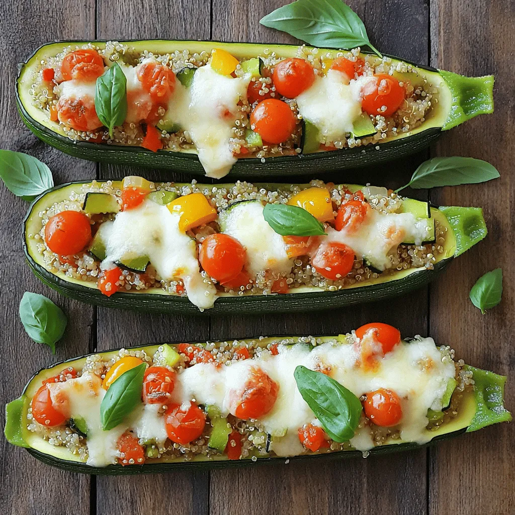 To make stuffed zucchini boats, gather these fresh ingredients: - 4 medium zucchinis - 1 cup cooked quinoa - 1 cup cherry tomatoes, halved - 1 bell pepper, diced (any color) - 1 small onion, diced - 2 cloves garlic, minced - 1 teaspoon dried oregano - 1 teaspoon paprika - ½ teaspoon salt - ½ teaspoon black pepper - 1 cup shredded mozzarella cheese - 2 tablespoons olive oil - Fresh basil for garnish Each serving of stuffed zucchini boats is packed with nutrients. They offer a good balance of protein from quinoa and healthy fats from olive oil. Zucchini adds fiber and vitamins. Here is a brief overview: - Calories: Approximately 250 - Protein: 10g - Carbohydrates: 30g - Fat: 10g - Fiber: 5g These numbers can vary based on ingredient choices. You can easily swap ingredients to fit your taste or needs. Consider these options: - Use brown rice instead of quinoa for a different grain. - Swap mozzarella for feta cheese for a tangy flavor. - Add spinach or kale for more greens. - Replace cherry tomatoes with sun-dried tomatoes for a richer taste. Feel free to get creative with your stuffed zucchini boats! For the full recipe, check out the details above. To start, gather your ingredients. You will need: - 4 medium zucchinis - 1 cup cooked quinoa - 1 cup cherry tomatoes, halved - 1 bell pepper, diced (any color) - 1 small onion, diced - 2 cloves garlic, minced - 1 teaspoon dried oregano - 1 teaspoon paprika - ½ teaspoon salt - ½ teaspoon black pepper - 1 cup shredded mozzarella cheese - 2 tablespoons olive oil - Fresh basil for garnish Next, preheat your oven to 375°F (190°C). Cut each zucchini in half lengthwise. Use a spoon to scoop out the center, creating boats. Keep the scooped-out flesh and chop it finely. This adds great flavor to your filling. In a skillet, heat the olive oil over medium heat. Add the diced onion and minced garlic. Cook for about 3-4 minutes until they soften. Then, add the diced bell pepper and chopped zucchini flesh. Sauté these for 5 more minutes until tender. Now, stir in the cooked quinoa and halved cherry tomatoes. Add the dried oregano, paprika, salt, and black pepper. Mix well and cook for another 2 minutes until everything is warm. Remove the skillet from heat. Stir in half of the shredded mozzarella cheese. This makes the mix cheesy and delicious. Spoon the quinoa mixture into each zucchini half. Fill them generously! Place the stuffed zucchinis on a baking tray. Top each filled zucchini with the rest of the mozzarella cheese. Now, bake these in your preheated oven for 25-30 minutes. You want the zucchinis to be tender and the cheese to melt and bubble. After baking, remove them from the oven. Let them cool for a few minutes. Garnish with fresh basil before serving. Enjoy your tasty stuffed zucchini boats! For a complete guide, check out the Full Recipe. Choose zucchinis that are firm and smooth. Look for ones that are bright green. Avoid those with soft spots or blemishes. A good zucchini feels heavy for its size. Smaller zucchinis tend to taste better. Aim for zucchinis about 6 to 8 inches long. Check the ends; they should look fresh, not dried out. To get the best texture, don’t overcook the zucchini. Baking them for 25 to 30 minutes works well. You want them tender but not mushy. If you prefer a bit of crunch, reduce the baking time. The filling should be heated through and flavors melded. Mixing in cheese adds a creamy texture that complements the zucchini well. You can prepare stuffed zucchini boats ahead of time. Prepare the filling and stuff the zucchinis. Then, cover them and store in the fridge for up to 24 hours. When ready to bake, just pop them in the oven. This saves time on busy days. For freezing, stuff the zucchini and wrap them well. Freeze for up to three months. Just thaw before baking for best results. This recipe is simple and fun to make. Try out these tips for the best stuffed zucchini boats. For the full recipe, check out the instructions above! {{image_2}} Stuffed zucchini boats are great for vegetarians. You can easily swap in different veggies. Try using mushrooms or spinach in your filling. You can also add beans for extra protein. These changes make the dish hearty and tasty. Don't forget to keep the cheese for richness. For those who love meat, there are many options. Ground turkey or chicken works well in the filling. You can also use beef or sausage for a bolder taste. Just cook the meat before adding it to the mix. This adds flavor and a filling texture. You can boost the flavor with spices and herbs. Adding fresh herbs like parsley or thyme gives a bright taste. A dash of hot sauce or chili flakes can add heat. You might also sprinkle some lemon juice for a zesty kick. These small tweaks make your stuffed zucchini boats even more exciting. For the full recipe, check out the detailed steps above! You can keep your stuffed zucchini boats in the fridge. Place them in an airtight container. They stay fresh for up to three days. If you want to enjoy them later, store them without the garnish. To freeze stuffed zucchini boats, wrap each one in plastic wrap. Place them in a freezer-safe bag or container. They can last up to three months in the freezer. When you are ready to eat, thaw them overnight in the fridge. Reheat your stuffed zucchini boats in the oven for best results. Set the oven to 350°F (175°C). Cover them with foil to prevent drying out. Heat for about 15-20 minutes, or until hot. You can also use the microwave. Heat them for about 2-3 minutes on high. Check to ensure they are warm throughout. Enjoy your meal! To make stuffed zucchini boats, you first need to prep the zucchini. Cut the zucchinis in half and scoop out the middle. This creates a boat shape for filling. Use the scooped-out flesh in your filling for extra flavor. Cook some onion and garlic in olive oil until soft. Then, add diced bell pepper and the chopped zucchini flesh. Stir in cooked quinoa and halved cherry tomatoes. Season with dried oregano, paprika, salt, and pepper. Mix in half the mozzarella cheese. Fill each zucchini half with this mixture. Top with the rest of the cheese, then bake until tender and bubbly. For full details, check the Full Recipe. Stuffed zucchini boats pair well with many sides. A fresh garden salad adds crunch. Roasted vegetables complement their flavor nicely. You can also serve them with a light pasta dish. For a heartier meal, try garlic bread or a grain salad. Add a simple yogurt sauce for a creamy touch. These options balance the meal while keeping it light. Yes, you can make stuffed zucchini boats in advance. Prepare the filling ahead of time and store it in the fridge. You can stuff the zucchini and refrigerate them too. Just cover them well to keep them fresh. When you're ready to eat, bake them as directed. This saves time during busy weeknights and is great for meal prep. This post explored the key ingredients for stuffed zucchini boats, their nutrition, and how to swap items. I provided clear steps for preparing, cooking, and baking these tasty dishes. I shared tips for choosing fresh zucchini and ensuring perfect texture. I also discussed variations to cater to different tastes, plus how to store and reheat leftovers. Overall, stuffed zucchini boats are fun to make and eat. Enjoy trying out these ideas in your kitchen!