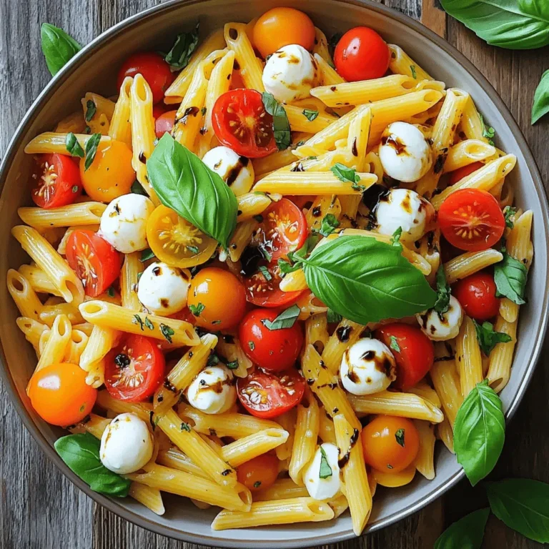 To make a great Caprese Pasta Salad, you need a few key ingredients: - Pasta selection options: You can use 8 oz of penne or fusilli pasta. Both work well and hold the dressing nicely. - Fresh produce: I love using 1 cup of cherry tomatoes, halved. Fresh basil is a must, so grab 1/2 cup of chopped leaves. - Cheese options: Fresh mozzarella is perfect here. Use 1 cup of mozzarella balls, halved, for that creamy goodness. - Dressing components: For the dressing, you’ll need 3 tablespoons of olive oil and 2 tablespoons of balsamic glaze. Don’t forget 1 clove of minced garlic for a robust flavor. These ingredients come together to create a fresh and flavorful delight in your bowl. You can find the Full Recipe for detailed steps on how to prepare this dish. Enjoy the mix of textures and tastes! To start, boil water in a pot. Add salt to the water. This helps flavor the pasta. Cook the pasta until it is al dente. That means it should be firm but not hard. Check the package for cooking time. Once it's done, drain the pasta. Rinse it under cold water. This stops the cooking. It also cools the pasta quickly. Next, take a large bowl. Add the cooled pasta. Toss in the halved cherry tomatoes and mozzarella balls. Then, add the chopped basil. Using fresh basil is key. It adds bright flavor and aroma. Dried basil won't give the same taste. For the dressing, grab a small bowl. Whisk together olive oil, balsamic glaze, and minced garlic. Add salt and pepper to taste. Whisk until it’s well mixed. This dressing gives a nice balance. You can adjust the seasoning if needed. Taste it to see if you like it. Now it's time to toss everything together. Pour the dressing over the salad mix. Use a gentle hand to mix it. You want everything coated without breaking the pasta. After mixing, let the salad sit for about 15 minutes. This helps the flavors blend together. Now, you can enjoy a fresh and tasty Caprese Pasta Salad! For the complete details, check the Full Recipe. To make your Caprese Pasta Salad shine, consider these seasoning tips: - Add a pinch of red pepper flakes for a touch of heat. - Sprinkle some Italian herbs like oregano or thyme. - Fresh lemon juice brightens the dish and adds zest. If you want to switch things up, try different dressings: - Pesto adds a rich, herby kick. - Greek yogurt dressing gives a creamy texture with less fat. How you serve your salad matters too. Here are some fun ideas: - Serve in a large bowl for a family-style meal. - Use small, clear cups for single servings at parties. Garnishing can make your salad pop: - Top with whole basil leaves for a fresh look. - Drizzle extra balsamic glaze just before serving for shine. Want to save time? Here are some easy tips: - Cook pasta in advance and store it in the fridge. - Chop veggies while pasta cooks to cut down on prep time. For efficient cooking techniques: - Use a large pot to boil pasta faster. - Rinse pasta under cold water to cool it quickly and stop cooking. These small steps can make your cooking smoother and quicker. For the complete instructions, check the Full Recipe. {{image_2}} You can change up the cheese in your Caprese Pasta Salad. Try using feta or goat cheese instead of mozzarella. These cheeses add a tangy twist. Seasonal vegetables can also enhance your salad. Think of adding bell peppers in summer or roasted butternut squash in fall. This keeps your dish fresh and fun. Want to boost the taste? Add proteins like grilled chicken or shrimp. This makes the salad heartier. The mix of flavors will surprise you. Incorporating grains or legumes can change the texture. Quinoa or chickpeas add a nice crunch. These options make the salad more filling and nutritious. You can easily make this salad vegan. Simply swap out the mozzarella for avocado or a vegan cheese. This keeps the creamy texture while being plant-based. For a gluten-free version, choose gluten-free pasta. There are many great options available now. This way, everyone can enjoy this delicious dish. If you're watching calories, reduce the amount of olive oil. You can also skip the cheese. This helps to keep the flavors while cutting back on calories. If you want to see the full recipe, check out the detailed instructions. To keep your Caprese Pasta Salad fresh, use airtight containers. Glass or plastic containers work well. Make sure they seal tightly to keep air out. This helps maintain the salad’s taste and crunch. Store the salad in the fridge right after making it. It’s best to chill it quickly to keep ingredients fresh longer. If you have leftovers, you can enjoy them cold. To reheat, use the microwave on low power. Heat it for short intervals to prevent overcooking. Stir it gently between heats. If you prefer it cold, add a drizzle of olive oil to freshen it up. It also tastes great with some extra balsamic glaze. Caprese Pasta Salad stays fresh for about three days in the fridge. Always check for freshness before eating. Signs of spoilage include a sour smell or slimy texture. If you notice either, it’s best to discard it. Enjoy your salad while it’s still tasty! Yes, you can make Caprese Pasta Salad ahead of time. This salad tastes even better after resting. Store it in a sealed container in the fridge. To keep it fresh, add the dressing just before serving. This prevents the pasta from soaking up too much liquid. If you plan to store it for a few days, use a container that keeps air out. This helps maintain flavor and texture. You can boost the flavor of your Caprese Pasta Salad with several tasty additions. Consider adding: - Grilled chicken for protein - Avocado for creaminess - Olives for a salty kick - Spinach for extra greens - Sun-dried tomatoes for a sweet touch These ingredients can create a unique twist and make each bite exciting. Adjusting the Caprese Pasta Salad for dietary needs is easy. For a vegan option, swap fresh mozzarella for vegan cheese or omit it altogether. Use a gluten-free pasta to make it gluten-free. If you want to reduce calories, use less oil or balsamic glaze. You can also add more veggies for bulk without adding many calories. Serve your Caprese Pasta Salad in a large bowl for gatherings. For single servings, use small cups or plates. Garnish with whole basil leaves for color. Drizzle extra balsamic glaze over the top to make it look fancy. This salad pairs well with grilled meats or a light white wine. For detailed instructions on how to make this delicious dish, check out the [Full Recipe](#). In this blog post, I outlined how to create a delicious Caprese Pasta Salad. We discussed essential ingredients, step-by-step cooking instructions, and tips for flavor enhancement. You learned about ingredient substitutions and dietary adjustments to fit your needs. Remember, whether you’re preparing it for a meal or storing leftovers, fresh ingredients make a big difference. This salad is simple yet flavorful and is sure to impress at any gathering. Enjoy making it your own!