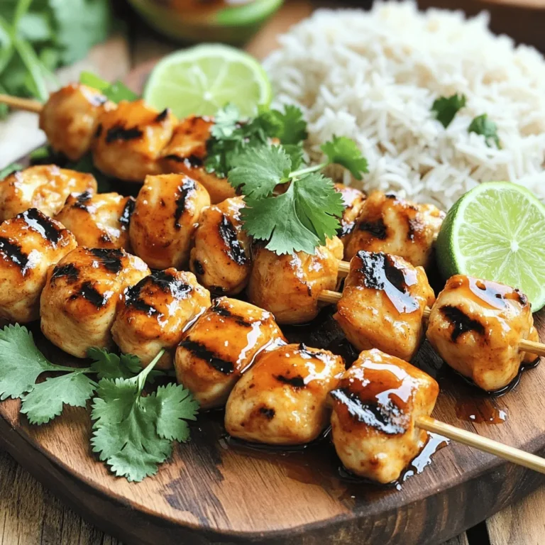 For the Honey Sriracha Chicken Skewers, you will need: - 1 lb chicken breast, cut into 1-inch cubes - 1/4 cup honey - 1/4 cup Sriracha sauce - 2 tablespoons soy sauce - 2 tablespoons olive oil - 1 tablespoon garlic, minced - 1 tablespoon ginger, minced - Salt and pepper to taste - 1 lime, juiced - Fresh cilantro, for garnish - Wooden or metal skewers These ingredients work together to create a sweet and spicy flavor that makes this dish so enjoyable. You can mix things up with these alternatives: - Use chicken thighs instead of chicken breast for a juicier bite. - Substitute maple syrup for honey if you want a vegan option. - Try a different hot sauce if you want to change the spice level. - Coconut aminos can replace soy sauce for a gluten-free option. - Use garlic powder instead of fresh garlic if that’s what you have on hand. These substitutions can help you tailor the dish to your taste or dietary needs. Using fresh ingredients matters. Fresh chicken makes your skewers tender and juicy. Fresh garlic and ginger boost the flavor and aroma. Lime juice adds a zesty kick that brightens the dish. When you choose fresh, you ensure the best taste. It can truly elevate your dining experience and make the meal special. This focus on freshness is key to crafting great dishes, and it shows in every bite of your Honey Sriracha Chicken Skewers. For the full recipe, check out the detailed instructions. To make the marinade, grab a large mixing bowl. Combine the honey, Sriracha sauce, soy sauce, olive oil, minced garlic, minced ginger, and lime juice. Stir everything well to blend the flavors. This sweet and spicy mix will coat the chicken and bring it to life. Next, add your chicken cubes to the marinade. Make sure every piece gets a good coating. This step is key for flavor. Cover the bowl with plastic wrap and place it in the fridge. Let the chicken soak for at least 30 minutes. If you can, let it marinate for up to 2 hours for even more flavor. When you're ready, preheat your grill or grill pan over medium-high heat. If you're using wooden skewers, soak them in water for 20 minutes first. This helps prevent burning. Now, thread the marinated chicken onto the skewers. Leave a little space between each cube for even cooking. Season them with salt and pepper. Place the skewers on the hot grill. Cook them for about 5-7 minutes on one side. Then, flip them and grill for another 5-7 minutes. You want the chicken to reach an internal temperature of 165°F (75°C). In the last minute of grilling, brush some extra marinade on top for added flavor. Just make sure it hasn’t touched raw chicken. Once done, take the skewers off the grill. Let them rest for a few minutes before serving. Garnish with fresh cilantro for a nice touch. For the full recipe, you can refer to the earlier section. Grilling chicken can be simple if you follow a few key steps. First, ensure your grill is hot before placing the skewers on it. This helps the chicken sear well and keeps it juicy. Also, avoid flipping the skewers too often. Let them cook for a few minutes on each side. This allows the chicken to get those nice grill marks and a good flavor. Lastly, always check the chicken’s internal temperature. It should reach 165°F (75°C) for safety. The beauty of Honey Sriracha Chicken Skewers is their flexibility with heat. If you love spice, use more Sriracha in the marinade. For a milder taste, reduce the Sriracha and add more honey. You can also add a pinch of cayenne pepper for extra heat or a splash of lime juice for tang. Taste the marinade before adding the chicken. This way, you can adjust the spice to your liking. Marinating is key to making your chicken tasty. For best results, let the chicken sit in the marinade for at least 30 minutes. You can go up to 2 hours for more flavor. If you want, you can try different herbs or spices in your marinade. Fresh cilantro or basil can add a nice touch. Remember to save some marinade to brush on the skewers while grilling. This adds even more flavor without risking food safety. For the full recipe, check the earlier section. {{image_2}} If you want a plant-based option, try honey sriracha tofu skewers. Use firm tofu instead of chicken. Cut the tofu into 1-inch cubes. Marinate it just like the chicken. This gives you a tasty and spicy meal. Grill the tofu until it gets nice grill marks. The flavors blend well, and it’s a great choice for vegans or anyone wanting to reduce meat. You can also add vegetables to your skewers. Bell peppers, onions, and zucchini add color and flavor. Cut them into bite-sized pieces. Mix them with the chicken or tofu in the marinade. Skewering them together makes it a fun dish. The veggies soak up the honey sriracha flavor, making every bite delicious. Plus, they add nutrients to your meal. Feel free to try other sauces. For a sweeter taste, add some teriyaki sauce to the marinade. If you want more heat, use a spicy chili sauce. You can even mix in some peanut sauce for a nutty twist. Each sauce gives a new flavor to the skewers. Play around with the sauces to find your favorite blend. The full recipe includes options to help you get started. Storing leftover Honey Sriracha Chicken Skewers is easy. Place them in an airtight container. Make sure to cool them first. You can keep them in the fridge for up to three days. If you have extra sauce, store that separately. This keeps the chicken from getting too soggy. Reheating is simple. You can use a microwave, oven, or grill. If using a microwave, place the skewers on a plate and cover with a damp paper towel. Heat in 30-second intervals until warm. For the oven, preheat to 350°F (175°C). Place skewers on a baking sheet and heat for 10-15 minutes. If you use the grill, heat for about 5 minutes. This keeps the chicken juicy and tasty. Freezing is a great option if you want to save skewers for later. First, let them cool completely. Then, wrap each skewer in plastic wrap. Place them in a freezer bag, removing as much air as possible. Label the bag with the date. You can freeze them for up to three months. When you’re ready to eat, thaw them overnight in the fridge. Reheat as mentioned above. Enjoy your Honey Sriracha Chicken Skewers later without any fuss! You can serve Honey Sriracha Chicken Skewers with many sides. Here are some great options: - Jasmine rice for a fluffy base. - A fresh salad with crunchy veggies. - Grilled corn on the cob for sweetness. - Roasted potatoes for a hearty side. - Sliced cucumbers for a refreshing bite. Each side adds flavor and texture. You can mix and match to find your favorite combo. I recommend marinating the chicken for at least 30 minutes. This time lets the flavors soak in. For a deeper taste, you can marinate for up to 2 hours. Just keep it in the fridge during this time. The longer you marinate, the better the chicken will taste. Yes, you can use other proteins! Here are some great options: - Shrimp cooks quickly and absorbs the marinade well. - Tofu is a great plant-based choice. - Pork tenderloin gives a nice twist. - Beef cubes add a rich flavor. Make sure to adjust cooking times based on the protein you choose. Each will bring its own unique taste to the skewers. Try different proteins to find your favorite! For the full recipe, check out the section above. This blog shared key tips for making delicious Honey Sriracha Chicken Skewers. We discussed ingredients, step-by-step instructions, and smart grilling tips. You can also try different flavors with tofu or veggies. Storing leftovers is easy, and reheating keeps them tasty. With these ideas, you'll impress anyone at your next cookout. Enjoy your grilling and make the most of your skewers!