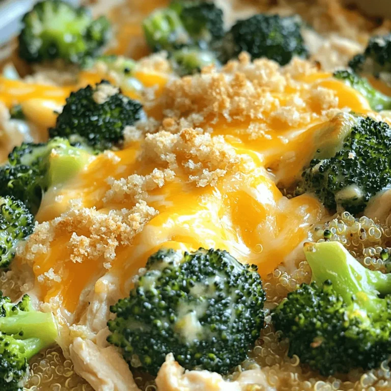 - 2 cups cooked chicken, shredded - 4 cups broccoli florets, steamed - 1 cup cooked quinoa (or rice) - 1½ cups shredded sharp cheddar cheese - ½ cup cream cheese, softened - 1 teaspoon garlic powder - 1 teaspoon onion powder - ½ teaspoon paprika - Salt and pepper to taste - ¼ cup breadcrumbs (optional for crunch) - Chicken broth (1 cup) Gathering the right ingredients is key to making the best Cheesy Chicken Broccoli Bake. You will need cooked chicken for protein. Shredded chicken works great because it mixes easily. Broccoli adds a nice color and crunch. Quinoa or rice serves as a filling base. Cheddar cheese is the star here, giving that gooey, cheesy goodness. Cream cheese adds smoothness and flavor. For seasonings, garlic and onion powders bring out the best taste. Paprika adds a hint of warmth. Salt and pepper round out the flavors. If you want a little crunch, consider adding breadcrumbs on top. Using chicken broth in your sauce keeps the dish moist. All these ingredients help create a meal that is both easy and flavorful. For the full recipe, check the section above. - Preheat the oven to 375°F (190°C). - Prepare and steam the broccoli florets until bright green and tender. First, you need to set your oven. The right temperature will help your dish cook evenly. Next, steam your broccoli. This keeps it bright and fresh. You want it soft but not mushy. - Combine shredded chicken, steamed broccoli, cooked quinoa, and half of the cheddar cheese. In a big bowl, mix the shredded chicken with the steamed broccoli. Add the cooked quinoa and half of the cheddar cheese. This mix is the heart of your dish. Make sure it's well combined for even flavors. - Prepare the cream cheese mixture with chicken broth and seasonings. Now, let’s make the sauce. In a different bowl, mix cream cheese with chicken broth. Add garlic powder, onion powder, paprika, salt, and pepper. Stir it well until it's smooth. This sauce will add richness and flavor. - Mix and transfer to baking dish. - Top with remaining cheddar cheese and breadcrumbs. - Bake for 25-30 minutes. Pour the sauce over the chicken and broccoli mix. Stir it all together. Then, transfer everything into a greased baking dish. Spread it out evenly. Top with the rest of the cheddar cheese and if you like, sprinkle breadcrumbs for a little crunch. Bake in the oven for 25 to 30 minutes. You want it bubbly and golden brown. Enjoy your cheesy chicken broccoli bake! For the complete recipe, check out the [Full Recipe]. To make this dish lighter, you can substitute cream cheese with low-fat options. This swap cuts calories while still keeping the creaminess. Another great idea is to use brown rice or cauliflower rice instead of regular rice. Both choices add fiber and nutrients, making this meal even better for you. You can boost the flavor of your Cheesy Chicken Broccoli Bake by experimenting with different types of cheese. Try mozzarella for a milder taste or gouda for a smoky twist. If you like a little heat, add cayenne pepper or hot sauce. A small amount can transform the dish into a spicy delight. When it's time to serve, pair your bake with a fresh salad. The crunch and brightness of the salad balance the richness of the dish. You can also serve it with whole-grain bread. This adds fiber and makes the meal more filling. For the complete recipe, check the link to the Full Recipe. {{image_2}} You can easily make this dish vegetarian. Just replace the chicken with chickpeas or tofu. Both options add protein and flavor. Use vegetable broth instead of chicken broth to keep it plant-based. This swap gives you a rich taste without meat. For a gluten-free version, use gluten-free breadcrumbs or skip them altogether. This dish still tastes great without the extra crunch. You can also replace quinoa with gluten-free grains like rice or millet. These grains work well and keep the dish light. If you love creaminess, try adding a layer of sour cream or Greek yogurt. This twist gives the dish an extra rich flavor. The tanginess from the yogurt pairs well with the cheese. It makes your Cheesy Chicken Broccoli Bake even more delightful. For more ideas, check out the Full Recipe. Store any leftovers in an airtight container. They stay fresh in the fridge for up to 3 days. This keeps the flavors intact and prevents spoilage. To freeze Cheesy Chicken Broccoli Bake, let it cool completely. Then, cover it tightly with plastic wrap and foil. This method protects it from freezer burn. You can freeze it for up to 3 months. To thaw, move it to the fridge overnight. For quick thawing, place it in a warm water bath. The best way to reheat your dish is in the oven. Preheat it to 350°F (175°C). Place the Cheesy Chicken Broccoli Bake in a baking dish. Cover it with foil to keep it moist. Heat for about 20-25 minutes or until hot. You can also use the microwave. Heat it in short bursts, stirring in between, until warm. This helps retain its cheesy goodness. For the full recipe, click here: [Full Recipe]. It takes about 15 minutes to prep and 30 minutes to cook. So, you will spend a total of 45 minutes to serve this tasty dish. This quick time makes it easy for busy days or family gatherings. Yes, you can prepare it a day before. Just mix all the ingredients and put them in the fridge. When you are ready, bake it as usual. This saves time and lets the flavors blend well. You can swap chicken for chickpeas, tofu, or cooked turkey. If you like fish, cooked salmon works too. These options still give you protein and keep the dish tasty. Absolutely! You can portion this dish into containers. It stores well in the fridge for up to three days. Just reheat each portion as needed. This makes it a great choice for easy lunches or dinners. For the full recipe, check out the details above. In this blog post, we covered the ingredients, instructions, and tips for making Cheesy Chicken Broccoli Bake. You learned about the key ingredients like chicken, broccoli, and cheese. I also shared how to customize the dish with health-conscious options and variations. Remember, this recipe is not just easy; it’s fun to make. Enjoy trying different flavors or swapping ingredients. You can’t go wrong with this dish! Now, get cooking and enjoy a tasty meal with those you love.
