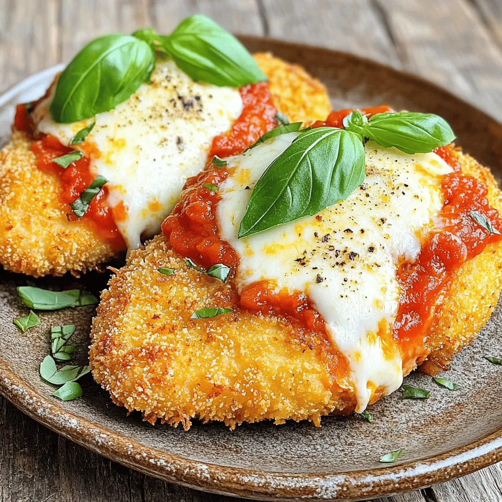 - 2 boneless, skinless chicken breasts - 1 cup all-purpose flour - 2 large eggs, beaten - 1 cup breadcrumbs (preferably Italian seasoned) - 1/2 cup grated Parmesan cheese - 1 cup marinara sauce - 1 cup shredded mozzarella cheese - 1 teaspoon dried oregano - 1 teaspoon garlic powder - Salt and pepper to taste - Fresh basil leaves for garnish - Olive oil for frying Crispy Chicken Parmesan needs fresh, simple ingredients. High-quality chicken makes a big difference. I always choose boneless, skinless chicken breasts for the best texture. The all-purpose flour helps the chicken get a nice crust. The eggs act as glue, and the breadcrumbs add that perfect crunch. I recommend Italian-seasoned breadcrumbs for extra flavor. Parmesan cheese gives a sharp taste, while mozzarella melts beautifully on top. I love adding dried oregano and garlic powder for added depth. Salt and pepper enhance all the flavors. Fresh basil leaves bring a pop of color and freshness when serving. Olive oil is key for frying, giving the chicken a crisp finish. You can find the full recipe above to get started on this delicious dish. Enjoy cooking! To start, we need to pound the chicken. Place each chicken breast between two sheets of plastic wrap. Use a meat mallet or rolling pin to pound them to an even thickness, about 1/2 inch thick. This helps the chicken cook evenly and stay juicy. Next, set up your breading station. You will need three shallow dishes. In the first, add 1 cup of all-purpose flour. In the second, place 2 beaten eggs. In the third, mix 1 cup of breadcrumbs with 1/2 cup of grated Parmesan cheese, 1 teaspoon of dried oregano, 1 teaspoon of garlic powder, salt, and pepper. This setup makes the breading process organized and easy. Now, let’s coat the chicken. Dredge each piece in the flour first. Shake off any excess flour. Next, dip it into the beaten eggs, making sure it's fully coated. Finally, press the chicken into the breadcrumb mixture. Press down gently to help the crumbs stick well. This step is key for a nice crispy crust. Heat about 1/4 inch of olive oil in a large skillet over medium heat. It should be hot but not smoking. Carefully add the breaded chicken breasts to the skillet. Cook for about 3-4 minutes on each side. You want them golden brown and crispy. To check if the chicken is done frying, cut into the thickest part. The juices should run clear with no pink inside. For the next step, grab a baking dish. Spread a thin layer of marinara sauce at the bottom. Place the crispy chicken breasts in the dish. Spoon more marinara sauce over each piece. Top with a generous amount of shredded mozzarella cheese. Now, bake in the oven at 400°F for about 20 minutes. You want to see the cheese bubbly and slightly golden. Once done, take it out and let it cool for a minute. Garnish with fresh basil leaves before serving. Enjoy your crispy chicken parmesan! For a detailed version, check the Full Recipe. For crispy chicken, choose Italian seasoned breadcrumbs. They add flavor and crunch. You can also mix in panko breadcrumbs for a lighter texture. After frying, place your chicken on a wire rack. This helps drain excess oil and keeps the coating crisp. To boost flavor, sprinkle extra seasonings on your chicken. Try adding smoked paprika or red pepper flakes for a kick. Using homemade marinara sauce makes a big difference. It adds freshness and depth to your meal, making it even more tasty. The right oil temperature is key. Heat your oil to about 350°F (175°C). This ensures a golden crust forms quickly. Preheating your oven to 400°F (200°C) helps the cheese melt perfectly while keeping the chicken warm. This process makes sure every bite of your Crispy Chicken Parmesan is delicious and satisfying. {{image_2}} You can swap chicken for turkey. Turkey breasts work well and are leaner. They still stay juicy and taste great. Eggplant is another fun choice. Slice it thick, then bread it just like chicken. It gives a meaty texture with a veggie twist. You can try different sauces with Crispy Chicken Parmesan. A rich pesto pairs nicely. Or, use a creamy Alfredo for a fun twist. For a spicy kick, mix red pepper flakes into your marinara. This adds heat without losing the classic flavor. While mozzarella is classic, you can use provolone for a sharper taste. Fontina melts beautifully, too. If you want a dairy-free option, try vegan mozzarella. It melts well and keeps the dish creamy. You can enjoy Crispy Chicken Parmesan with various cheese options. To keep your leftover Crispy Chicken Parmesan fresh, place it in an airtight container. This helps seal in flavor and moisture. Make sure to refrigerate within two hours of cooking. Properly stored, your chicken stays good for up to three days. If you plan to eat it later, try not to let it sit out too long. To reheat your Crispy Chicken Parmesan, the oven is your best friend. Set it to 350°F (175°C). Place the chicken on a baking sheet. Cover it with foil to keep moisture in. Bake for about 15-20 minutes. This method keeps the chicken crispy. Avoid the microwave, as it can make the breading soggy. You can freeze Crispy Chicken Parmesan for up to two months. First, allow the chicken to cool completely. Wrap each piece tightly in plastic wrap, then place them in a freezer bag. When you’re ready to eat, thaw the chicken in the fridge overnight. To reheat, use the oven method mentioned above for the best results. Enjoy your delicious meal! Yes, you can make Crispy Chicken Parmesan ahead of time. Cook the chicken and let it cool. Store it in the fridge for up to two days. When you are ready to eat, reheat it in the oven. This keeps it crispy and tasty. Crispy Chicken Parmesan pairs well with many sides. You can serve it with: - Spaghetti or pasta - Garlic bread - A fresh garden salad - Roasted vegetables These options balance the meal and add flavor. To make Crispy Chicken Parmesan gluten-free, use gluten-free breadcrumbs. You can also substitute all-purpose flour with a gluten-free blend. Make sure to check all ingredients for gluten content. Crispy Chicken Parmesan has around 600 calories per serving. This can vary based on the amount of cheese and oil used. Always check your portions for a more accurate count. Yes, you can use store-bought marinara sauce. Choose a brand with simple ingredients for better flavor. Homemade sauce adds a personal touch, but store-bought is a great time-saver. You can find the full recipe for Crispy Chicken Parmesan in this article. It includes all the steps and tips to make your dish perfect. You now have a clear recipe for Crispy Chicken Parmesan. From prepping the chicken to achieving that perfect crunch, each step is vital. Remember, using quality ingredients and enjoying the process makes all the difference. Don't hesitate to customize with different proteins or sauces for variety. Proper storage and reheating will keep your dish delicious. Embrace these tips and enjoy serving this classic dish whether for a weeknight meal or a special occasion. Happy cooking!