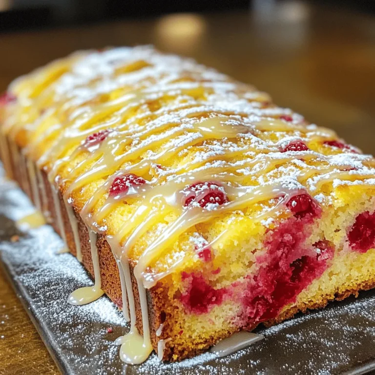 - 1 ½ cups all-purpose flour - ½ cup unsalted butter, softened - 1 cup granulated sugar - 2 large eggs - 1 cup fresh raspberries (lightly tossed in flour) - 1 teaspoon baking powder - ½ teaspoon baking soda - ¼ teaspoon salt - Zest of 1 lemon - 2 tablespoons fresh lemon juice - ½ teaspoon vanilla extract - ¼ cup powdered sugar (for glaze) - 1 tablespoon lemon juice (for glaze) - Mixing bowls - Whisk and spatula - 9x5-inch loaf pan - Parchment paper for easy removal The main ingredients form the base of this Lemon Raspberry Loaf. All-purpose flour gives it structure, while butter adds richness. Granulated sugar sweetens the loaf, and eggs help it rise. The fresh raspberries give pops of flavor and color. In the additional ingredients, baking powder and baking soda help the loaf rise. Lemon zest and juice add bright flavor, while vanilla extract rounds it out. The glaze made from powdered sugar and lemon juice adds a sweet finish. For tools, mixing bowls are a must for combining ingredients. A whisk and spatula help you mix and fold gently. The 9x5-inch loaf pan is perfect for shaping the loaf. Parchment paper makes it easy to remove the loaf once baked. This list makes gathering everything simple. You will be ready to bake your delightful Lemon Raspberry Loaf in no time! 1. Preheat your oven to 350°F (175°C). Grease a 9x5-inch loaf pan. Line the bottom with parchment paper. This helps the loaf come out easily. 2. In a mixing bowl, whisk together 1 ½ cups of flour, 1 teaspoon of baking powder, ½ teaspoon of baking soda, and ¼ teaspoon of salt. Set this mixture aside. 3. In a large bowl, cream together ½ cup of softened butter and 1 cup of granulated sugar. Mix until it looks light and fluffy. This should take about 2-3 minutes. 1. Add 2 large eggs, the zest of 1 lemon, 2 tablespoons of fresh lemon juice, and ½ teaspoon of vanilla extract to the butter mixture. Beat well until everything is mixed. 2. Gradually add the dry mixture to the wet mixture. Mix until just combined. Be careful not to overmix. This keeps the loaf soft. 3. Fold in 1 cup of fresh raspberries that you have lightly tossed in flour. Do this gently to avoid crushing the berries. 1. Pour the batter into the prepared loaf pan. Smooth the top with a spatula for an even bake. 2. Bake for 45-50 minutes. Check doneness with a toothpick. If it comes out clean, your loaf is ready. 3. Let the loaf cool in the pan for 10 minutes. Then, transfer it to a wire rack to cool completely. Enjoy the lovely aroma! For the complete recipe, check out the Full Recipe section. To make a great Lemon Raspberry Loaf, texture is key. Do not overmix your batter. Overmixing makes the loaf dense and tough. Mix just until you see no dry flour. This keeps it light and fluffy. Using room temperature ingredients also helps. When butter and eggs are at room temperature, they blend better. This creates a smooth batter and a soft loaf. Fresh raspberries are best for this recipe. They burst with juice and flavor. If you use frozen raspberries, they may make your batter soggy. If you must use frozen ones, thaw and drain them first. You can also add almond extract for a twist. Just a half teaspoon can give your loaf a new depth of flavor. This subtle change can make a big difference. The glaze should be smooth and drizzle easily. To achieve the right thickness, mix powdered sugar and lemon juice. Start with a little lemon juice and add more until you reach your desired consistency. When drizzling, use a spoon or a small bowl. Hold the spoon just above the loaf. Move back and forth to create an even drizzle. This makes your loaf look pretty and inviting. For the full recipe, check out the Lemon Raspberry Loaf. {{image_2}} You can switch up the fruit in your loaf for a fun twist. Blueberries and strawberries work great! They add sweetness and color. Just fold them in gently, like you do with raspberries. You can also try different citrus zest. Using lime or orange zest gives the loaf a unique taste. Each zest adds its own zing, making each bite exciting. For those who need gluten-free options, use almond flour or coconut flour. These flours create a moist loaf with a nice texture. If you want a vegan version, swap the eggs for flax eggs or applesauce. This keeps the loaf moist and tasty without any animal products. Serving your Lemon Raspberry Loaf is a joy! Try it with a dollop of whipped cream or a scoop of ice cream. This adds a creamy touch to your loaf. Pair it with a cup of tea or coffee for a delightful afternoon snack. The flavors blend beautifully, making each moment special. For the complete recipe, check out the [Full Recipe]. To keep your Lemon Raspberry Loaf fresh, store it at room temperature. Place it in an airtight container. This keeps moisture in but allows for airflow. The loaf stays fresh for about 2-3 days. If you want, wrap it in plastic wrap first. This adds an extra layer of protection. For longer storage, freezing is the best option. Wrap the cooled loaf tightly in plastic wrap. Then, place it in a freezer bag. Make sure to squeeze out as much air as possible. It can last up to three months in the freezer. To reheat, thaw it overnight in the fridge. Then, unwrap and warm it in the oven at 350°F for about 10-15 minutes. Check for spoilage by looking for mold or an off smell. If the loaf feels hard or dry, it may not taste good. Always store your loaf in a clean container. Glass or plastic containers work well. Avoid using containers that held strong-smelling foods, as they can affect the loaf's taste. To check if your Lemon Raspberry Loaf is ready, use a toothpick or cake tester. Insert it into the center of the loaf. If it comes out clean, your loaf is done. If it has wet batter, bake for a few more minutes. This method is simple and effective. Yes, you can use frozen raspberries. Just toss them lightly in flour before adding them to the batter. This helps prevent them from sinking. They may not be as firm as fresh, but they still taste great. You might want to bake a few minutes longer since frozen fruit can cool the batter. If you need a substitute for butter, you can use coconut oil or vegetable oil. Applesauce is also a great option for a healthier choice. Each alternative will change the flavor slightly, but the loaf will still be delicious. Just use the same amount as the butter called for in the recipe. Once baked, your Lemon Raspberry Loaf can last for about 2 to 3 days at room temperature. Store it in an airtight container to keep it fresh. If you want it to last longer, you can freeze it. Just wrap it well in plastic wrap and then foil. Yes, you can add nuts or chocolate! Chopped walnuts or pecans add a nice crunch. If you prefer chocolate, mix in chocolate chips. Just be careful not to overmix when you fold them in. This keeps your loaf light and fluffy while adding great flavor. This guide covered everything you need to make a delicious Lemon Raspberry Loaf. We discussed the key ingredients, tools, and step-by-step instructions to get it right. I shared tips for texture and flavor, plus fun variations you can try. Remember, proper storage is key to keeping your loaf fresh. With these insights, you can enjoy a delightful treat that pairs well with any occasion. Happy baking!
