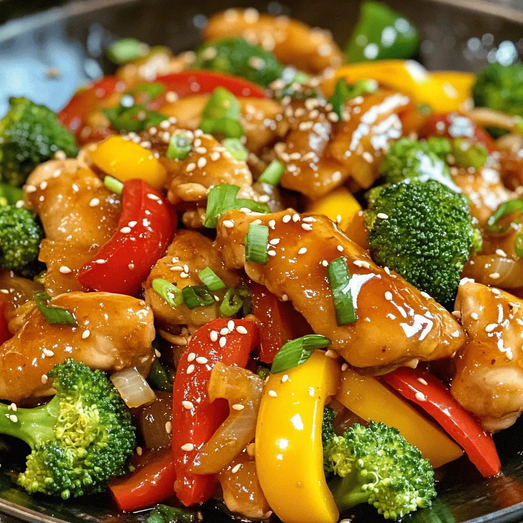 - 1 lb (450g) boneless, skinless chicken thighs, sliced into thin strips - 1 cup bell peppers (red, yellow, and green), sliced - 1 cup broccoli florets - 1 medium onion, sliced - 3 cloves garlic, minced - 1-inch piece of ginger, grated - 1/4 cup honey - 2 tablespoons soy sauce (low sodium) - 1 tablespoon sesame oil - 1 tablespoon cornstarch mixed with 2 tablespoons water - 2 tablespoons vegetable oil - Salt and pepper to taste For this honey garlic chicken stir fry, I like using chicken thighs. They stay juicy and tender when cooked. You can slice them thinly for quick cooking. Bell peppers add color and crunch, and broccoli gives a nice green touch. Garlic and ginger bring warmth and depth to the dish. Honey and soy sauce make the perfect sweet and savory sauce. - Sesame seeds - Sliced green onions I often add sesame seeds for a nutty flavor and crunch. Sliced green onions brighten up the dish and add freshness. These garnishes make your meal look great and taste even better. You can find the full recipe in the article for more details on cooking! - Prepare the sauce: In a small bowl, mix together honey, soy sauce, sesame oil, and grated ginger. This sauce adds a sweet and savory flavor to the dish. Set the mixture aside for later. - Marinate the chicken: Take the sliced chicken and place it in a medium bowl. Sprinkle a pinch of salt and pepper over it. Mix well and let it marinate while you prepare the vegetables. This step helps to infuse the chicken with flavor. - Heat the pan and cook the chicken: Grab a large wok or non-stick skillet. Heat 1 tablespoon of vegetable oil over medium-high heat. Once the pan is hot, add the marinated chicken in a single layer. Cook for about 5-7 minutes, stirring occasionally. The chicken should turn brown and be fully cooked. After cooking, remove the chicken from the pan and set it aside. - Sauté the vegetables: In the same pan, add another tablespoon of vegetable oil. Toss in minced garlic, sliced onions, and bell peppers. Stir-fry for about 3-4 minutes until the veggies are tender yet crisp. Then, add the broccoli and stir-fry for about 2 more minutes until bright green. - Combine chicken and vegetables: Return the cooked chicken to the pan. Pour in the sauce mixture you prepared earlier. Stir everything together so the chicken and vegetables are coated with the sauce. - Thicken the sauce and serve: Add the cornstarch slurry to the pan. Stir well to combine. Cook until the sauce thickens, which should take about 1-2 minutes. Once thickened, remove from heat. Garnish with sesame seeds and sliced green onions. Serve hot over steamed rice or noodles for a complete meal. For the complete recipe, check [Full Recipe]. How to achieve perfectly cooked chicken To cook chicken just right, start with boneless, skinless chicken thighs. Cut these into thin strips for quick cooking. Use high heat in your pan. This helps to sear the chicken, making it juicy and tender. Cook the chicken in a single layer. Avoid crowding the pan, as this can lead to steaming instead of browning. Stir occasionally for even cooking. Typically, it takes about 5 to 7 minutes. When the chicken is golden brown, it is done. Tips for getting veggies tender-crisp For tender-crisp veggies, slice them evenly. This ensures they cook at the same rate. Start with harder vegetables like onions and bell peppers. Sauté these first for about 3 to 4 minutes. Then, add softer vegetables, like broccoli. Cook until they turn bright green, usually around 2 more minutes. Keep stirring to avoid burning. This technique helps maintain their crunch and vibrant color. Adding heat with chili flakes or sriracha If you like heat, stir in some chili flakes or sriracha. Adding these can elevate the dish. Start with a small amount and taste as you go. You can always add more if you want extra spice. This small tweak can change the whole flavor profile of your honey garlic chicken stir fry. Incorporating other vegetables or proteins Feel free to mix in more vegetables for variety! Carrots, snap peas, or mushrooms can add new flavors. You can also swap the chicken for other proteins. Tofu or shrimp works well, too. Adjust your cooking time based on the protein you choose. With these changes, you can make this dish your own. For the full recipe, check out the detailed instructions above. {{image_2}} You can change up the protein in your stir fry for a new twist. Tofu works great if you want a vegetarian option. It soaks up flavors well and gives a nice texture. Shrimp is another tasty swap. It cooks fast and adds a sweet, briny taste. Sauces can also change the dish. If you want a different flavor, try teriyaki sauce. It’s sweet and savory. Sweet and sour sauce is another fun choice. It adds a tangy kick that brightens the meal. For gluten-free options, use tamari instead of soy sauce. Tamari has a similar taste but is made without wheat. You can also skip the cornstarch and use arrowroot powder for thickening. Want to make it low-calorie? Use skinless chicken breast instead of thighs. Cut down on honey to reduce sugars. Add more veggies like zucchini or carrots. They fill you up without adding many calories. For more ideas, check out the Full Recipe and explore how to make this meal fit your diet. To keep your honey garlic chicken stir fry fresh, store it properly. Use an airtight container to avoid air exposure. Let the dish cool to room temperature first. Then, place it in the fridge. It will stay good for up to three days. If you want to keep it longer, consider freezing it. Use a freezer-safe container or bag. This way, it can last for up to three months. Just remember to label the container with the date. When it's time to enjoy leftovers, reheat with care. The best way is to use a skillet over medium heat. Add a splash of water or broth to keep it moist. Stir gently until heated through. This method helps maintain the texture of the chicken and veggies. You can also microwave it. Just cover the dish with a microwave-safe lid. Heat in short bursts, stirring in between. This way, you avoid overcooking. Enjoy your delicious meal again! Can I make this dish ahead of time? Yes, you can make honey garlic chicken stir fry ahead of time. Cook the chicken and veggies, then store them in the fridge. This dish stays good for up to three days. When you're ready to eat, just reheat it in a pan or microwave. What is the best way to serve honey garlic chicken stir fry? You can serve honey garlic chicken stir fry over steamed rice or cooked noodles. For a fresh touch, add sliced green onions and sesame seeds on top. This adds color and crunch to your meal. How long does it take to cook the chicken? Cooking the chicken takes about 5 to 7 minutes. Make sure it is browned and cooked fully. Cut the chicken into thin strips for even cooking. What should I serve with this stir fry? Serve this stir fry with steamed rice or noodles. You can also pair it with a simple side salad for extra veggies. If you want more flavor, add some soy sauce or chili sauce on the side. In this blog post, we explored making a tasty honey garlic chicken stir fry. We covered essential ingredients like chicken thighs, colorful veggies, and a delicious sauce. I shared simple steps for preparation and cooking, plus tips for perfecting your dish. You learned about variations to suit your taste and dietary needs. Remember, experimenting can lead to great flavors. Try new ingredients and enjoy your cooking journey with this quick and healthy meal!