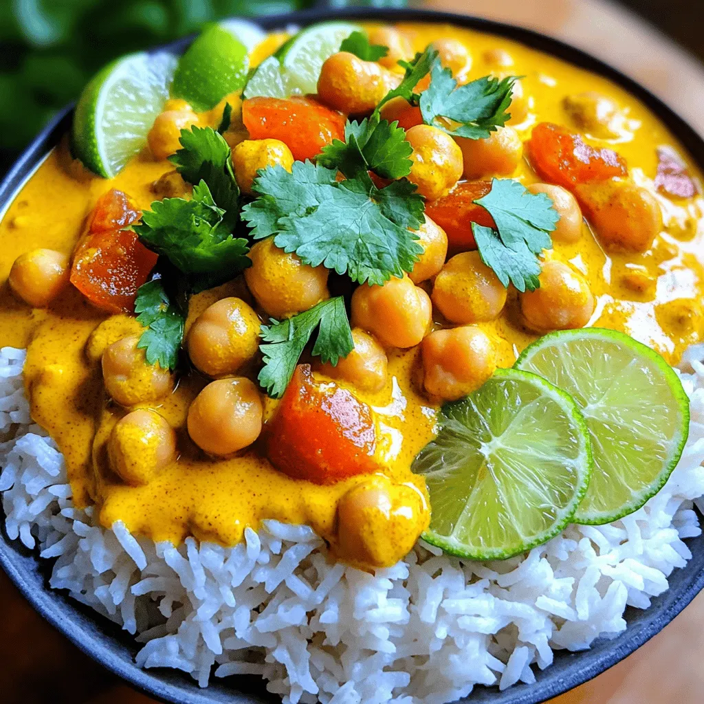 For a great vegan chickpea curry, you need these key items: - 2 cans (15 oz each) chickpeas, drained and rinsed - 1 medium onion, finely chopped - 2 cloves garlic, minced - 1 inch piece of ginger, grated - 1 can (14 oz) coconut milk - 1 can (14 oz) diced tomatoes - 2 tablespoons curry powder - 1 teaspoon ground cumin - 1 teaspoon turmeric powder - 1 teaspoon chili powder (or to taste) - 2 tablespoons vegetable oil - Salt and pepper to taste - Fresh cilantro for garnish - Cooked basmati rice or quinoa for serving These ingredients create a rich and creamy base. The chickpeas add protein and texture. The spices bring warmth and depth of flavor. You can personalize your vegan chickpea curry with these extras: - Spinach or kale for greens - Bell peppers for crunch - Carrots for sweetness - Peas for color - A squeeze of lime for brightness These add-ins can enhance the taste and make the dish even more nutritious. Feel free to mix and match based on what you enjoy. If you lack some ingredients, don’t worry! Here are some swaps: - Use vegetable broth instead of coconut milk for a lighter curry. - Swap diced tomatoes with fresh tomatoes if you have them. - Try sweet potatoes instead of chickpeas for a different texture. - Use garlic powder in place of fresh garlic if needed. These substitutions keep the dish flavorful and adaptable. You can enjoy this recipe even with a few changes. For the complete cooking guide, check the Full Recipe. To start, gather all your ingredients. You will need: - 2 cans (15 oz each) chickpeas, drained and rinsed - 1 medium onion, finely chopped - 2 cloves garlic, minced - 1 inch piece of ginger, grated - 1 can (14 oz) coconut milk - 1 can (14 oz) diced tomatoes - 2 tablespoons curry powder - 1 teaspoon ground cumin - 1 teaspoon turmeric powder - 1 teaspoon chili powder (or to taste) - 2 tablespoons vegetable oil - Salt and pepper to taste - Fresh cilantro for garnish - Cooked basmati rice or quinoa for serving Chop your onion finely. Mince the garlic and grate the ginger. This prep makes cooking easier. Heat the vegetable oil in a large pot over medium heat. Add the chopped onion. Sauté until it turns translucent, about 5 minutes. Stir in the minced garlic and grated ginger. Cook for 2 more minutes to let the flavors mix. Next, add the curry powder, ground cumin, turmeric, and chili powder. Stir well to coat the onions with the spices. Let it cook for 1-2 minutes to release all the aromas. Now it’s time to pour in the diced tomatoes and coconut milk. Bring the mixture to a gentle simmer. Add the chickpeas to the pot. Stir everything together nicely. Let the curry simmer for about 20 minutes. This lets the flavors meld perfectly. Finally, season with salt and pepper to taste. If you want a thicker curry, let it simmer a bit longer. Remove from heat and garnish with fresh cilantro. If your curry is too thick, add a splash of water or more coconut milk. Stir well to mix in. If it is too thin, let it simmer longer. Keep tasting as you go. Adjust the spices based on your preference. For a little heat, add more chili powder or some diced jalapeño. You can also toss in some lemon juice for a fresh zing. Want more texture? Add some chopped spinach or bell peppers during cooking. Follow the Full Recipe for step-by-step guidance, and enjoy your flavorful vegan chickpea curry! To boost the flavor of your vegan chickpea curry, use fresh spices. Fresh herbs like cilantro or basil add brightness. You can also squeeze fresh lime juice over the dish. This adds a zesty kick. If you like heat, try adding jalapeño or cayenne pepper. A pinch of sugar can balance the flavors too. Finally, let it simmer longer for richer taste. You need a few key tools to make this dish easy. A large pot or Dutch oven works best for cooking. A wooden spoon helps mix everything well. A chef's knife is great for chopping onions and garlic. Measuring spoons ensure you add the right amount of spices. A can opener is useful for opening those chickpeas and coconut milk. Serve your vegan chickpea curry hot over basmati rice or quinoa. This adds a nice texture and makes the meal filling. For extra color, sprinkle fresh cilantro on top. Add lime wedges on the side for a zesty touch. You can also serve it with naan bread for dipping. Enjoy with friends or family for a cozy meal! Check the [Full Recipe] for all the details. {{image_2}} You can change the flavor with different spice blends. Instead of curry powder, use garam masala for a warm taste. You can also try using a mix of coriander and cumin. This will give your dish a fresh kick. Veggies make this dish even better. Add spinach, peas, or sweet potatoes for extra nutrients. Chopped bell peppers also bring color and sweetness. Just toss them in when you add the chickpeas. This adds taste and health benefits in one go. To make your curry creamier, I suggest adding more coconut milk. You can also use cashew cream for a rich taste. Blend soaked cashews with water for a smooth texture. This trick makes your curry velvety and delicious. For the full recipe, check out Chickpea Delight Curry! To keep your vegan chickpea curry fresh, store it in an airtight container. Let it cool to room temperature before sealing. This prevents moisture build-up, which can affect taste. Place the container in your fridge. It should stay good for up to four days. If you want to enjoy it later, freezing is a great option. When it's time to reheat, use a pot on the stove. Heat it over medium-low heat. Stir often to warm it evenly. You can add a splash of water or coconut milk to keep it creamy. If you prefer the microwave, cover it loosely to prevent splatter. Heat in short bursts, stirring in between. This helps maintain the flavor and texture. To freeze your chickpea curry, let it cool fully. Divide it into portions using freezer-safe bags or containers. Remove as much air as possible to avoid freezer burn. Label the bags with the date. It can last up to three months in the freezer. When ready to eat, thaw it in the fridge overnight. Reheat it as mentioned above. Enjoy your delicious vegan chickpea curry anytime! For the detailed recipe, check the Full Recipe section. Yes, Vegan Chickpea Curry is gluten-free. The main ingredients are chickpeas, spices, and coconut milk. None of these contain gluten. Always check labels if you use packaged items. This ensures no hidden gluten sneaks in. To make this dish spicier, add more chili powder. You can also use fresh chili peppers. Try adding sliced jalapeños or serranos for a fresh kick. Another option is to stir in some cayenne pepper while cooking. Start with a small amount, then taste as you go. Chickpeas are packed with nutrients. They are high in protein and fiber. This helps keep you full and satisfied. They also provide important vitamins and minerals, such as iron and folate. Eating chickpeas can help support heart health and aid digestion. Yes, you can use dried chickpeas instead of canned. Just soak them overnight in water. After soaking, cook them until tender. This may take a bit longer, so plan ahead. For the best results, use about 1 cup of dried chickpeas for this recipe. You’ll have a fresher taste! For the full recipe, refer to the earlier section. This blog covered how to make a delicious vegan chickpea curry. We explored key ingredients, tasty variations, and cooking tips. You learned how to adjust flavor and texture and how to store leftovers. Remember, this dish is easy to modify based on your taste. Try different spices or veggies for new flavors. With these tools, you can enjoy a warm and healthy meal any time. Enjoy your cooking journey!
