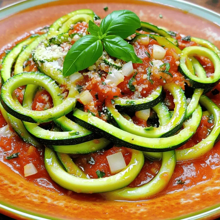 - 4 medium zucchinis - 1 can of 28 ounces crushed tomatoes - 1 tablespoon olive oil I love using fresh zucchini for this dish. The zucchinis are low in carbs and full of nutrients. They make a great base for the marinara sauce. I often spiralize them to create fun noodles. If you don't have a spiralizer, a vegetable peeler works well too. Next, crushed tomatoes are key for the sauce. They provide a rich, sweet base. I prefer canned crushed tomatoes for convenience. They are easy to use and taste great. Olive oil adds flavor and helps cook the onions. I use extra virgin for the best taste. Just one tablespoon is enough to enhance the dish. - 1 teaspoon dried oregano - 1 teaspoon dried basil - Red pepper flakes (optional for heat) Herbs are essential for flavor. Dried oregano and basil add a classic Italian touch. They give the sauce depth and aroma. I often add red pepper flakes for a bit of spice. Adjust the amount based on your heat preference. - Fresh basil leaves - Grated Parmesan cheese Garnishes can elevate your dish. Fresh basil leaves add color and freshness. They also bring a lovely aroma. Grated Parmesan cheese adds richness and a salty kick. You can add these right before serving for the best taste. This simple list of ingredients makes preparing zucchini noodles with marinara easy and fun. You can find the full recipe for a step-by-step guide. To make zucchini noodles, I use a tool called a spiralizer. This tool creates long, curly noodles from the zucchini. It’s fun and easy! Just wash the zucchini, trim the ends, and twist it in the spiralizer. If you don’t have a spiralizer, no problem! You can use a vegetable peeler. Simply peel the zucchini into thin strips. These strips will work just as well for your dish. Start by heating olive oil in a large skillet over medium heat. Once hot, add diced onions. Sauté them until they turn soft and clear, about five minutes. This step builds a great base for the sauce. Next, add minced garlic. Stir it in for one minute until you smell its lovely scent. Be careful not to burn the garlic; it can turn bitter. Now, pour in the crushed tomatoes. Mix well and add oregano, basil, salt, and pepper. If you like a little spice, include red pepper flakes. Let the sauce simmer for about 15 minutes. This thickens the sauce and blends the flavors. In a separate pan, heat a little olive oil over medium heat. Add the zucchini noodles and sauté them for just two to three minutes. You want them tender but not mushy. Once the marinara sauce is ready, add the zucchini noodles to the skillet with the sauce. Gently toss them together. You want every noodle to be covered in that tasty marinara. For the full recipe, check the detailed instructions above. To get the best zucchini noodles, avoid mushiness. Here are some tips: - Use fresh zucchinis: They hold their shape better. - Do not overcook: Sauté for only 2-3 minutes. They should be tender but still firm. - Drain excess moisture: After spiralizing, let them sit in a colander for a few minutes. This helps remove water. When cooking zucchini noodles, I recommend sautéing them. This method keeps them crunchy and flavorful. You can also try grilling for a smoky taste. To make your marinara sauce richer, follow these steps: - Use good quality crushed tomatoes: This is key for depth. - Sauté onion and garlic: Make sure they are soft and fragrant before adding tomatoes. - Add a splash of red wine: This adds a nice acidity. For extra flavor, consider these ingredients: - Carrots: Grate one into the sauce for sweetness. - Olive oil: Drizzle a bit before serving for richness. - Fresh herbs: Toss in chopped parsley or basil right before serving. Pairing zucchini noodles with protein makes the meal more filling. Consider these options: - Grilled chicken: Slice it and place it on top. - Shrimp: Sauté shrimp and mix them in for a seafood twist. For side dishes, think about: - Garlic bread: A classic choice that complements the meal. - A fresh salad: Something light can balance the dish nicely. Explore the [Full Recipe] to see how to create this delightful dish! {{image_2}} Shall we try pesto instead? Pesto brings a fresh twist to your zucchini noodles. You can blend fresh basil, garlic, nuts, olive oil, and cheese for a bright flavor. Or, skip the cheese for a vegan option. This sauce pairs well with the mild taste of zucchini. Cream-based sauce options also work well. A light Alfredo sauce can add a creamy texture. Mix heavy cream, garlic, and Parmesan for a rich delight. This sauce makes your dish feel hearty and satisfying. You can add vegetables for extra nutrition. Spinach, bell peppers, or carrots blend well into the dish. These add color and crunch. You can also sauté them with the garlic and onions for more flavor. For protein options, consider grilled chicken or shrimp. They add a nice bite and complete your meal. You can also use chickpeas or beans for a plant-based source of protein. For vegan substitutions, try nutritional yeast instead of cheese. It gives a cheesy flavor without dairy. You can also use cashew cream for a rich, creamy texture. Explore gluten-free options by using gluten-free pasta instead of zucchini noodles. This way, you keep the dish light while also making it filling. Enjoy your meal with these variations and make it your own! To store leftovers, place zucchini noodles and marinara sauce in separate airtight containers. This keeps the noodles from getting soggy. Make sure they cool down first. Store them in the fridge for up to three days. When reheating, use a skillet over medium heat. Add a splash of olive oil for flavor. Heat the zucchini noodles for just a minute or two. Then, add the marinara sauce and stir until warm. This method keeps the noodles firm. Can you freeze zucchini noodles? Yes, but it's best to freeze them uncooked. Place the noodles in a freezer bag, remove air, and seal tightly. They can last up to three months. For the marinara sauce, let it cool completely before freezing. Pour it into a freezer-safe container. It can also be frozen for up to three months. When ready to use, thaw it in the fridge overnight. Reheat on the stove for a fresh taste. Enjoy your zucchini noodles with marinara again and again! Check out the Full Recipe for more details. How do I make zucchini noodles without a spiralizer? You can make zucchini noodles without a spiralizer. Use a vegetable peeler instead. Just peel the zucchini into thin strips. You can also use a box grater for a different shape. This makes great noodles too. Are zucchini noodles low in carbs? Yes, zucchini noodles are low in carbs. They contain fewer carbs than regular pasta. This makes them a good choice for low-carb diets. They are also high in fiber and nutrients. Can I use fresh tomatoes instead of canned? Yes, you can use fresh tomatoes. They need to be peeled and chopped first. Use about 2 pounds of fresh tomatoes for a similar taste. Fresh tomatoes may give a lighter flavor. How long does homemade marinara last in the fridge? Homemade marinara sauce lasts about 5 days in the fridge. Be sure to store it in an airtight container. You can also freeze it for up to 3 months for later use. What should I serve with zucchini noodles? You can serve zucchini noodles with grilled chicken or shrimp. They also pair well with a side salad. Try adding some crusty bread for a complete meal. Can I meal prep zucchini noodles with marinara? Yes, you can meal prep zucchini noodles with marinara. Store them separately to keep the noodles fresh. Combine them just before eating for the best taste. You can find the full recipe to guide you through the process. Zucchini noodles and marinara are simple yet tasty. We covered the main ingredients and how to cook them. I shared tips to keep your noodles firm and ways to enhance flavor. You can explore variations to suit your taste or diet. Proper storage ensures your meal stays fresh longer. Remember, zucchini noodles can be fun and healthy. Try this recipe for a tasty twist on a classic dish. Enjoy the delicious flavors and health benefits. Cooking can be easy and rewarding!