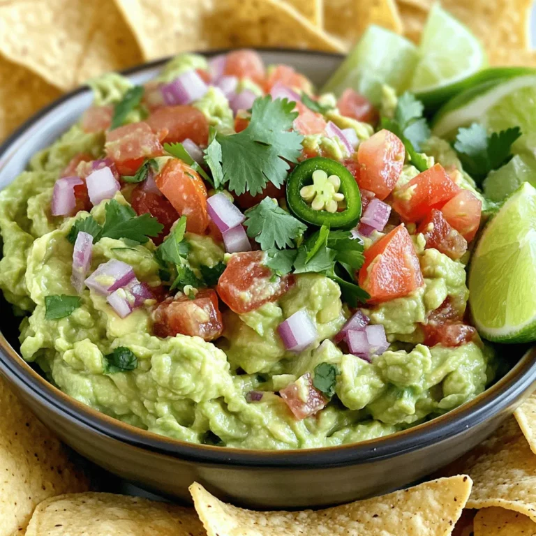- Ripe Avocados - Tomato - Red Onion - Jalapeño - Garlic - Lime - Fresh Cilantro - Seasoning (Salt, Pepper, Smoked Paprika) To make the best guacamole, start with ripe avocados. Look for ones that yield slightly when you press them. This means they’re ready to mash. Next, grab a fresh tomato. A vine-ripened tomato adds great flavor. Red onion offers a sweet bite. Chop it finely to mix well. For heat, use jalapeño. Remove the seeds for less spice. Garlic adds depth. Fresh minced garlic is best. You need a lime for its juice. It brightens the taste and keeps the avocado green. Fresh cilantro gives a nice herbal note. Finally, season with salt, pepper, and smoked paprika for a smoky twist. The best avocados for guacamole are Hass avocados. Their dark, bumpy skin means they are creamy and flavorful. Choose avocados that are firm but yield to gentle pressure. This means they are ripe and ready to use. Fresh ingredients always taste better in guacamole. Fresh avocados, tomatoes, and herbs give vibrant flavors. However, if fresh isn’t available, frozen options can work in a pinch. Just make sure to thaw them properly and drain any excess water. This helps keep your guacamole thick and tasty. For the full recipe, check out the Avocado Fiesta Guacamole 🥑. Start with three ripe avocados. Look for avocados that feel soft but not mushy. Cut each avocado in half and remove the pit. Use a spoon to scoop the flesh into a bowl. This step is key for a creamy texture. You can mash them as smooth or chunky as you like. Keep in mind, the more you mash, the creamier it gets. Once the avocados are ready, it's time to mix in the other ingredients. Add one medium diced tomato, one-fourth cup of finely chopped red onion, and one minced jalapeño. Don't forget two cloves of minced garlic for that extra kick! Next, squeeze the juice from one lime into the bowl. Lime adds brightness to your guacamole. Finally, sprinkle in salt, black pepper, and smoked paprika if you want a hint of smokiness. Now, give everything a good stir to combine the flavors. It's smart to taste your guacamole at this point. If it needs more zing, add more lime juice or salt. Remember, fresh ingredients can change the taste. Let it rest for about 10-15 minutes. This waiting time lets the flavors mix well. When you serve it, garnish with whole cilantro leaves and lime wedges for a nice touch. For the full recipe, check out the Avocado Fiesta Guacamole section. Enjoy your creation! To get the right texture, start with ripe avocados. They should be soft but not mushy. Use a fork or potato masher to mash them. If you like it smooth, mash more. For a chunkier guacamole, mash less. Add diced tomatoes and onions to give it a nice bite. Mix gently to keep some pieces whole. Fresh ingredients make the best guacamole. Use ripe avocados, fresh lime juice, and crisp cilantro. Adding minced garlic boosts the taste. A little salt and pepper enhance flavors. If you want some heat, add jalapeño. Letting your guacamole sit for 10-15 minutes helps the flavors mix well. The time lets the lime juice soak into the avocados. One mistake is using overripe avocados. They can make your guacamole taste bad. Another common error is not tasting as you go. Always check the flavor. Too much lime juice can make it sour, so add it slowly. Lastly, avoid browning by covering it tightly. Use plastic wrap pressed directly on the surface. For more details, check the Full Recipe. {{image_2}} You can make your guacamole stand out with fun add-ins. Here are two tasty options: - Mango or Pineapple Guacamole: Dicing fresh mango or pineapple adds a sweet twist. The fruit pairs well with the creamy avocado. Just mix in about one cup of diced fruit for a fruity delight. - Bacon or Feta Cheese: Crumbled bacon gives a salty crunch. Feta cheese adds a tangy flavor. Use about 1/2 cup of either for a savory kick. If you love heat, add more spice to your guacamole. You can mix in chopped serrano or habanero peppers. Start with a small amount and taste as you go. You can also add hot sauce for an extra kick. This makes your guacamole fiery and exciting! To make your guacamole vegan, simply skip dairy add-ins like feta cheese. For nut allergies, this recipe is already safe. Always check your ingredients, especially with processed items. You can enjoy guacamole without worry. For more flavor ideas, check out the Full Recipe! To keep guacamole fresh, store it in an airtight container. Press plastic wrap directly onto the surface of the guacamole. This method limits air exposure. If you have leftovers, you can also add a layer of lime juice on top. The acid helps preserve the color and taste. Guacamole can brown quickly. To slow this down, use lime juice as mentioned. You can also sprinkle a little salt on top. Another trick is to add a thin layer of water over the guacamole before sealing it. When you’re ready to eat, pour off the water. You can freeze guacamole for later use. First, prepare the guacamole as usual. Then, place it in a freezer-safe bag. Squeeze out as much air as possible before sealing. It will keep for about three months in the freezer. When you’re ready to enjoy it, thaw it in the fridge overnight before serving. Just remember, the texture may change slightly after freezing, but the flavor will still be great! To make homemade guacamole, start with ripe avocados. Cut them in half, remove the pit, and scoop the flesh into a bowl. Mash the avocados to your liking, whether smooth or chunky. Then, mix in diced tomato, chopped red onion, minced jalapeño, and minced garlic. Squeeze fresh lime juice over the mix and add chopped cilantro. Season with salt, black pepper, and smoked paprika if you want a smoky taste. Stir gently until all ingredients are combined. Let it sit for about 10-15 minutes for the best flavor. For the full recipe, check the [Full Recipe]. Guacamole pairs well with many dishes. Serve it with tortilla chips for a classic snack. Fresh vegetables like carrot sticks and cucumber slices are great, too. You can also add it to tacos, burritos, or sandwiches. Guacamole adds a creamy touch to any meal. Homemade guacamole typically lasts 1 to 2 days in the fridge. Store it in an airtight container to keep it fresh. The color may change to brown due to oxidation but it is still safe to eat. If it looks too brown, just mix it again, and it should be fine. You can make guacamole ahead of time, but it’s best to prepare it fresh. If you need to make it early, store it in the fridge with plastic wrap pressed against the surface. This reduces air exposure and helps prevent browning. If you don’t have lime juice, lemon juice works well as a substitute. It adds a similar tangy flavor. You can also try vinegar, but use it sparingly. The taste will change slightly, so adjust to your liking. In this article, we covered how to make the best guacamole. You learned about key ingredients like ripe avocados, tomatoes, and spices. We discussed the preparation steps and tips for great texture and flavor. You also discovered fun variations and how to store guacamole to keep it fresh. Remember, making guacamole is simple. With the right ingredients and techniques, you can impress anyone. Enjoy your guacamole adventure!
