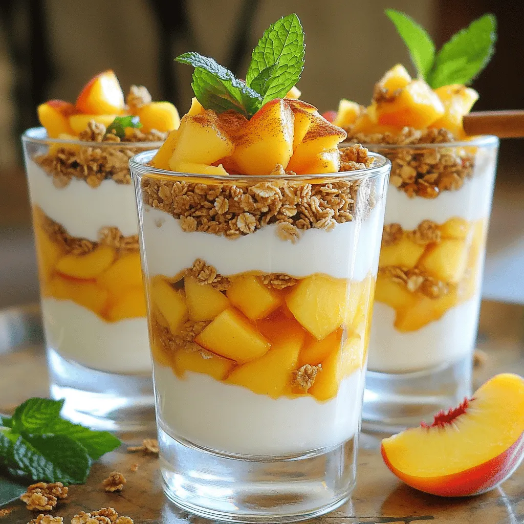 You need just a few simple items to make a peach yogurt parfait. This recipe uses fresh peaches, Greek yogurt, granola, honey, and a few extras. Each ingredient brings its own taste and texture. Using fresh peaches makes a big difference. They should be ripe and sweet. The Greek yogurt adds creaminess. You can choose plain or vanilla yogurt based on your taste. Granola adds crunch and flavor. A natural sweetener, like honey or maple syrup, enhances the dish. Cinnamon gives it a warm touch, while mint leaves add freshness and color. If you are lactose intolerant, use dairy-free yogurt. You can also swap granola for oats or nuts for a gluten-free option. If you want less sugar, choose unsweetened yogurt and skip the honey. Feel free to adjust any ingredient to fit your diet. For the full recipe, just click here. First, wash your peaches under cool water. This step keeps them fresh and clean. Next, slice the peaches in half and remove the pit. Dice the peach flesh into small pieces. Aim for bites that are easy to enjoy. You want the sweetness of the peach to shine through in every layer. Grab a mixing bowl and add the Greek yogurt. You can use plain yogurt or vanilla, depending on your taste. Next, pour in the honey and vanilla extract, if you choose to use it. Stir everything together until the mix is smooth and creamy. This yogurt mixture is the heart of your parfait. It balances the sweetness of the peaches perfectly. Now, it’s time to build your parfait. Take a glass or bowl and add one layer of yogurt. Use about one-third of the yogurt mixture for this layer. Then, add half of your diced peaches on top. After that, sprinkle a third of your granola. This adds a nice crunch! Repeat this process: another layer of yogurt, the rest of the peaches, and more granola. Finally, finish with a last layer of yogurt. Optionally, you can sprinkle some cinnamon on top for extra flavor. Garnish with fresh mint leaves to make it look pretty. This peach yogurt parfait is a delightful treat. For the full details, check the Full Recipe section. To make your parfait look amazing, use clear cups. This way, you can show off the bright peaches and creamy yogurt. Start with yogurt at the bottom. Then, add peaches and granola. Repeat this until you fill the cup. Keep the last layer yogurt for a smooth finish. A peach slice on the rim adds a nice touch. Sweetness can vary based on your taste. If you like it sweeter, add more honey or maple syrup. Start with two tablespoons, then taste it. You can always add more. If you want it less sweet, use plain yogurt. The natural peach flavor shines through without too much sugar. Use ripe peaches for the best taste. Pick peaches that yield slightly when pressed. They should not be hard or mushy. Make the parfait right before serving for the best flavor. If you need to prepare ahead, keep the layers separate. Mix them right before serving to keep everything fresh. {{image_2}} You can switch up the yogurt to fit your needs. If you want a dairy-free option, try coconut yogurt. It adds a nice tropical twist. Almond or soy yogurt also works well for a lighter taste. For added flavor, choose fruit-flavored yogurts. Strawberry or vanilla can make your parfait extra yummy. Granola is a classic topping, but you can get creative. Use chopped nuts like almonds or walnuts for a crunchy bite. Seeds like chia or pumpkin seeds add a nice texture, too. You could also sprinkle some toasted coconut flakes for a fun twist. Don’t forget to check your pantry for fun options! Peaches are great, but many fruits can shine in this parfait. In summer, try fresh strawberries or blueberries. In autumn, apples and pears bring warmth to your dish. Winter offers citrus fruits like oranges or grapefruits. For spring, use ripe berries or even kiwi for a colorful layer. Enjoy mixing fruits for new flavors! After you enjoy your peach yogurt parfait, store any leftovers in the fridge. Use an airtight container to keep it fresh. Make sure to eat it within three days for the best taste. If you mix all the layers together, it may get mushy. Keep the layers separate for better texture. You can prep your parfait in advance for quick breakfasts. Dice the peaches and store them in a sealed bag. Mix the yogurt with honey and vanilla, then keep it in the fridge. Granola should be stored separately to maintain its crunch. When you are ready to eat, layer everything together for a fresh taste. Your peach yogurt parfait can last in the fridge for about three days. If you notice any strange smells or changes in color, it's best to throw it away. Watch for any watery separation in the yogurt, as this may be a sign that it has gone bad. Always trust your senses when it comes to food safety. If you want an alternative to Greek yogurt, consider using regular yogurt. It has a smoother texture but may be thinner. You can also use dairy-free yogurt made from almond or coconut if you're avoiding dairy. These options still taste great and work well in a parfait. Yes, you can make a peach yogurt parfait ahead of time! Layer the yogurt, peaches, and granola, but wait to add the granola until you’re ready to eat. Granola will get soggy if it sits too long. Store the parfaits in the fridge for up to two days. To lower the sugar in your parfait, skip the honey or maple syrup. Instead, use fresh fruit to add natural sweetness. You can also choose plain yogurt instead of flavored yogurt, as flavored versions often contain added sugars. In this blog post, we explored how to create a delicious peach yogurt parfait. We discussed key ingredients, from fresh peaches to yogurt choices. You learned step-by-step instructions for preparation and layering. We also shared tips for perfecting presentation and sweetening to your taste. Lastly, we covered variations and storage tips to keep your parfait fresh. Enjoy making this simple, tasty treat. It's easy to customize and perfect for any meal!