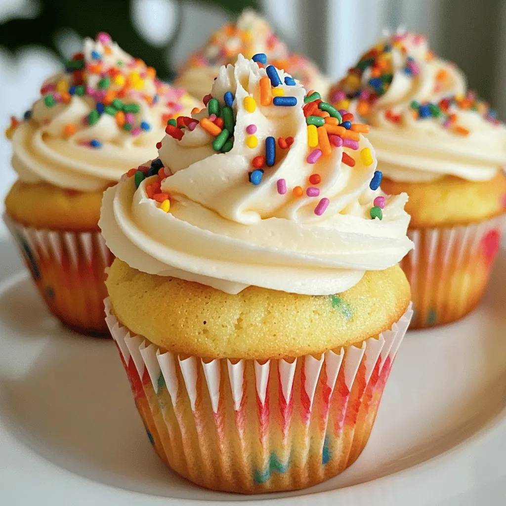 - 1 ½ cups all-purpose flour - 1 cup granulated sugar - ½ cup unsalted butter, softened - 2 large eggs - 1 teaspoon vanilla extract - 1 teaspoon baking powder - ½ teaspoon baking soda - ¼ teaspoon salt - ½ cup whole milk - ½ cup rainbow sprinkles (plus extra for topping) - Optional: 1 cup cream cheese frosting (store-bought or homemade) Gathering the right ingredients is key for perfect Funfetti cupcakes. First, use all-purpose flour. It gives the cupcakes a soft texture. Granulated sugar adds sweetness. The unsalted butter is essential for a rich flavor. Make sure it's softened. This helps it mix well with the sugar. You need two large eggs for moisture and binding. A teaspoon of vanilla extract gives a nice aroma. Baking powder and baking soda help the cupcakes rise. A pinch of salt balances the sweetness. Whole milk keeps the batter smooth and creamy. Rainbow sprinkles are the star of this recipe. Fold half a cup into your batter. Save a bit for decoration later. If you love frosting, consider using cream cheese frosting. It adds a tangy taste that pairs well with sweet cupcakes. - Cupcake pan and liners - Mixing bowls - Electric mixer or whisk - Measuring cups and spoons To make these cupcakes, you will need some tools. A cupcake pan helps shape your treats. Cupcake liners keep them neat and easy to serve. Mixing bowls are essential for combining ingredients. An electric mixer speeds up blending. You can also use a whisk if you prefer. Measuring cups and spoons ensure you use the right amounts. Having these tools ready makes the process smooth and fun. - Use room temperature ingredients for better mixing - Opt for high-quality vanilla extract for enhanced flavor Using room temperature ingredients makes mixing easier. Cold butter or eggs can lead to clumps in your batter. High-quality vanilla extract improves the taste of your cupcakes. It makes a big difference in flavor. Always choose the best ingredients you can find. They make your cupcakes shine! First, preheat your oven to 350°F (175°C). This step is crucial for baking. While the oven heats, take your cupcake pan. Line it with cupcake liners. This keeps the cupcakes from sticking. Now, grab a large mixing bowl. Beat the softened butter and granulated sugar together. Mix them until they look creamy and light, which takes about 3-4 minutes. Next, add the eggs one at a time. Mix well after each egg. Stir in the vanilla extract for that lovely flavor. In another bowl, whisk together the flour, baking powder, baking soda, and salt. This makes sure your dry ingredients are well mixed. Gradually add this dry mix to the wet ingredients. Alternate with the milk, starting and ending with the flour. Mix until just combined; do not over-mix! It's time for the fun part! Gently fold in the rainbow sprinkles. This adds color and joy to your batter. Now, divide the batter evenly into the cupcake liners. Fill each liner about 2/3 full. Bake your cupcakes in the preheated oven for 18-20 minutes. Check for doneness by inserting a toothpick. If it comes out clean, they are ready! After baking, let them cool in the pan for 5 minutes. Then, transfer them to a wire rack to cool completely. Once cool, you can frost them with cream cheese frosting and add extra sprinkles on top. For the complete recipe, check the Full Recipe section. Enjoy your delightful Funfetti cupcakes! To make light and fluffy Funfetti cupcakes, avoid over-mixing. When you mix the batter, do it just until combined. This keeps air in the batter and helps your cupcakes rise nicely. For the perfect dome on your cupcakes, fill each liner two-thirds full. This will allow room for the cupcakes to rise without spilling over. You want that nice rounded top for a great look. Cream cheese frosting pairs well with these cupcakes. If you want to make it from scratch, beat softened cream cheese and butter until smooth. Add powdered sugar and vanilla extract to taste. For decoration, use extra rainbow sprinkles on top. You can also pipe the frosting in fun shapes. This adds color and makes your cupcakes pop. One common mistake is overfilling the cupcake liners. If you fill them too much, the batter will spill over while baking. Stick to the two-thirds rule for best results. Another mistake is not checking your oven temperature. An oven that is too hot can burn your cupcakes. Use an oven thermometer to ensure it’s accurate. This simple step can save your batch. {{image_2}} You can mix up the flavors of your Funfetti cupcakes. The classic choice is vanilla. It gives a light and sweet taste. But chocolate is another great option. Chocolate cupcakes can add a rich depth to your treat. You can also get creative with mix-ins. Try adding nuts for a crunch. Chopped walnuts or pecans work well. Dried fruit can also be a fun addition. Consider raisins or chopped apricots to add a chewy texture. Your Funfetti cupcakes can shine with fun decorations. Use colorful frosting to match any theme. Pipe swirls of bright icing for a festive look. You can even create rainbow patterns. Use a toothpick to swirl different colors together. For themed occasions, consider adding small decorations. Edible glitter can give a magical touch. Seasonal toppers, like mini pumpkins for fall, can also work. You can even use candles for birthdays. Let your creativity flow! You can easily adapt this recipe to fit different diets. For gluten-free cupcakes, swap regular flour for a gluten-free blend. Make sure the blend has a good structure. If you need dairy-free options, use coconut milk in place of whole milk. You can also replace butter with vegan butter. For a vegan Funfetti cupcake, use flax eggs instead of regular eggs. Mix one tablespoon of flaxseed meal with three tablespoons of water for each egg. These adaptations keep the joy of Funfetti cupcakes alive for everyone! For the full recipe, check out the section above. To keep your homemade Funfetti cupcakes fresh, use airtight containers. This helps prevent them from drying out. Store them at room temperature for the best taste. If you live in a hot area, refrigerate them. Just remember, refrigeration can change the texture slightly. If you want to save cupcakes for later, freezing works well. Wrap each cupcake in plastic wrap. Place them in a freezer bag or container. Be sure to remove as much air as possible. To thaw, leave them at room temperature for about an hour. You can also use the microwave for a quick thaw, but be careful not to overheat them. Cupcakes stay fresh at room temperature for about 3 to 4 days. Look for signs of spoilage. If they smell off or have mold, toss them out. If they feel hard or dry, they might not taste as good. Enjoy them while they’re fresh for the best flavor! Homemade Funfetti cupcakes last about 2-3 days at room temperature. They stay fresh longer in the fridge, up to a week. Store them in an airtight container to keep them moist. If you want to enjoy them later, freeze the cupcakes for up to three months. Yes, you can use many types of sprinkles! If you want a fun twist, try chocolate sprinkles or edible glitter. Each sprinkle type adds a different look and taste. Some sprinkles might melt during baking, so use thicker ones for better results. To frost cupcakes like a pro, start with cooled cupcakes. Use a piping bag fitted with a star tip for a fancy design. You can also use a spatula to spread frosting smoothly. Add extra sprinkles on top for a colorful touch. Making Funfetti cupcakes is fun and easy. You learned the key ingredients, essential tools, and tips for great results. I shared step-by-step instructions to create light, fluffy cupcakes. Plus, you picked up variations for flavor and decoration. Remember to store them properly for freshness. Enjoy baking and sharing these colorful treats! Your creations will surely brighten anyone's day.