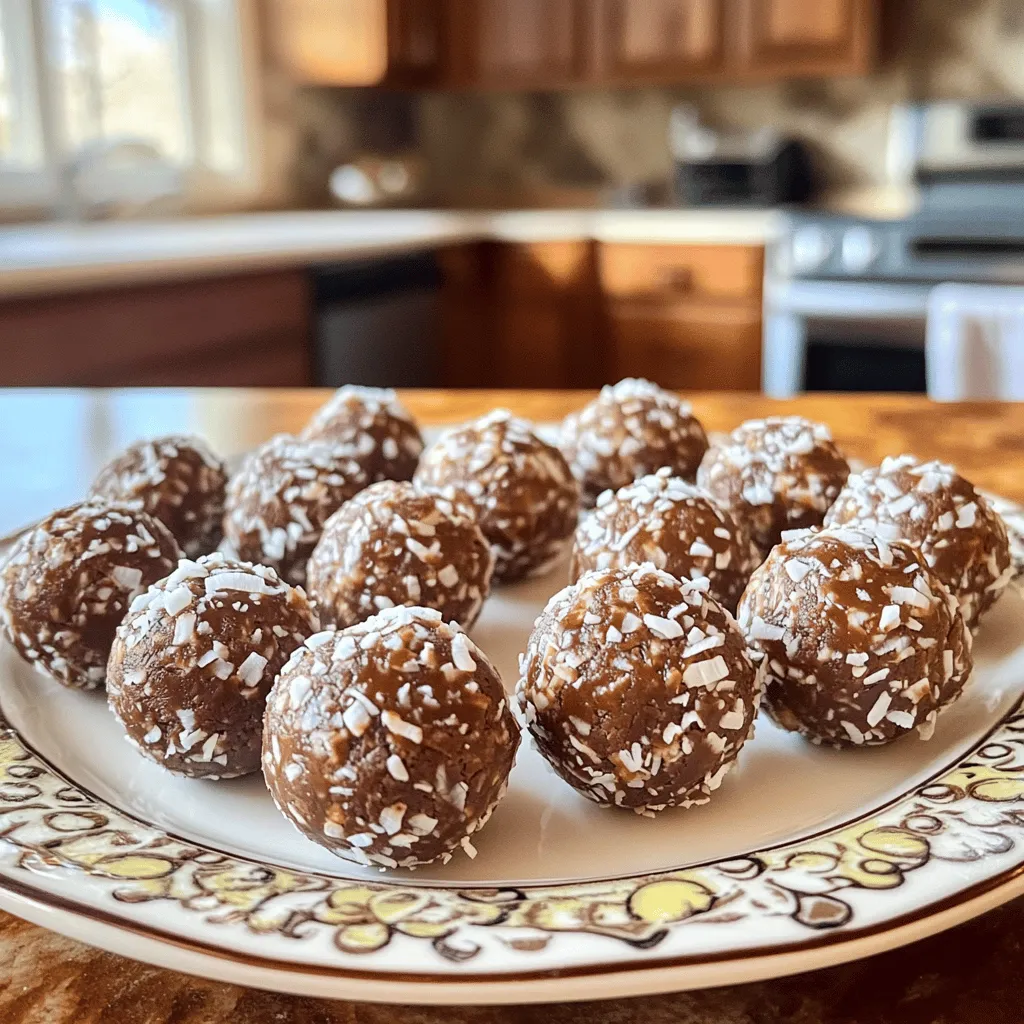To make Chocolate Coconut Energy Bites, you will need a few simple ingredients. Each one plays a key role in giving these bites their rich flavor and chewy texture. Here is the list of ingredients: - 1 cup pitted dates, soaked in warm water for 10 minutes - 1 cup rolled oats - 1/2 cup unsweetened cocoa powder - 1/2 cup shredded coconut - 1/4 cup almond butter (or nut butter of your choice) - 1 tablespoon chia seeds - 1 tablespoon maple syrup (optional) - A pinch of salt - 1/4 cup mini dark chocolate chips (optional) The dates give natural sweetness and stickiness. Soaking them helps soften their texture. Rolled oats add a hearty base, while cocoa powder brings deep chocolate flavor. Shredded coconut adds a tropical twist, and almond butter binds everything together. Chia seeds boost nutrition, and maple syrup can sweeten if you like. A pinch of salt brings out the flavors. If you want a chocolatey crunch, add mini dark chocolate chips. You can find the full recipe to guide you through each step. Enjoy making these tasty bites! First, drain the soaked dates. Place them in a food processor. Pulse them until they form a smooth, sticky paste. This step is vital because the dates act as the main binder for our energy bites. They bring sweetness and chewiness, making them a perfect base. Next, add the rolled oats, cocoa powder, shredded coconut, almond butter, chia seeds, maple syrup, and a pinch of salt to the food processor with the date paste. This blend gives our bites their flavor and nutrition. Pulse everything together until it combines well. If the mix feels too dry, add a bit of water, one teaspoon at a time. Keep blending until it starts to clump together. Now, scoop out about a tablespoon of the mixture. Roll it into a bite-sized ball using your hands. Repeat this until you use all the mixture. If you want, roll each ball in some extra shredded coconut for a nice coating. This adds flavor and makes them look pretty. Place the energy bites on a parchment-lined tray. Refrigerate them for at least 30 minutes to help them firm up. Enjoy your tasty and healthy snack! To make the best chocolate coconut energy bites, you need the right texture. If your mixture feels too dry, add a splash of water. Start with one teaspoon at a time. Blend it again after each addition. This will help the mixture stick together. You can boost the flavor of your bites with spices. Try adding a pinch of cinnamon or a splash of vanilla extract. These simple additions can transform your energy bites into a flavor explosion. Experiment with different spices to find your favorite combination. Rolling your energy bites evenly creates a nice look and feel. Use your hands to scoop out the mixture. Aim for about a tablespoon for each bite. Gently roll the mixture into a ball. If you want, roll them in extra shredded coconut for a fun coating. This adds texture and makes them look great. For the complete recipe, check the Full Recipe section. {{image_2}} You can add some fun to your energy bites by mixing in nuts or seeds. Chopped almonds, walnuts, or pumpkin seeds can give a nice crunch. This texture makes each bite more exciting. Plus, nuts boost healthy fats and protein. Don’t skip the fun of rolling your bites! You can coat them in cocoa powder, chia seeds, or crushed nuts. Each coating brings a unique taste. Try rolling them in shredded coconut for extra tropical vibes. These simple changes keep your snacks fresh and interesting. You can easily change the sweetness of your energy bites. If you prefer a sweeter treat, add more maple syrup. If you want less sweetness, skip it altogether. This simple switch helps you tailor the bites to your taste. Enjoy experimenting to find your favorite balance! For the full recipe, check out the details above to create your own version. To keep your Chocolate Coconut Energy Bites fresh, store them in an airtight container. This helps maintain their taste and texture. Place them in the fridge for the best results. The cool temperature slows down spoilage and keeps them tasty longer. Freezing these bites is a smart way to have snacks ready. To freeze, first, let the bites chill in the fridge for about 30 minutes. Then, place them in a single layer on a baking sheet. Once frozen, transfer them to a zip-top bag. This way, you can grab one anytime. When you want to eat them, thaw them in the fridge overnight or leave them at room temperature for a bit. When stored properly, these bites last about one week in the fridge. If you freeze them, they can last up to three months. Just make sure to check for any signs of spoilage before enjoying. Keeping them fresh ensures you get the best taste and energy boost from each bite. To make Chocolate Coconut Energy Bites, start by soaking the pitted dates in warm water for about 10 minutes. This softens them and makes them easier to blend. After soaking, drain the dates and put them in a food processor. Blend until they form a sticky paste. Next, add the rolled oats, unsweetened cocoa powder, shredded coconut, almond butter, chia seeds, a pinch of salt, and maple syrup to the processor. Blend everything until well mixed and it starts to clump together. If the mixture feels too dry, add a tiny bit of water until it holds together. Now, scoop out about a tablespoon of the mix and roll it into a ball. You can roll each bite in extra shredded coconut if you like. Place them on a parchment-lined tray and refrigerate for at least 30 minutes. This helps them firm up nicely. You can find the full recipe above. Yes, Chocolate Coconut Energy Bites are quite healthy! They have good nutrition benefits. The coconut adds healthy fats and fiber, which help keep you full. Dark chocolate contains antioxidants and may boost your mood. Dates provide natural sweetness and energy. The oats add whole grains and fiber, promoting good digestion. Overall, these bites are a tasty and nourishing snack. Yes, you can replace dates in the recipe! If you want a different sweetener, try using dried figs or apricots. They work well as binders too. You can also use honey or agave syrup if you prefer liquid sweeteners. Just remember, the texture might change a bit. It's fun to experiment and find your favorite combination! These chocolate coconut energy bites are simple and quick to make. We covered the main ingredients, step-by-step instructions, and some helpful tips. You can also explore fun variations and learn about storage options. In the end, these bites are not just tasty; they are also healthy. You can enjoy them as snacks anytime. Experiment with different flavors and ingredients. Happy snacking!