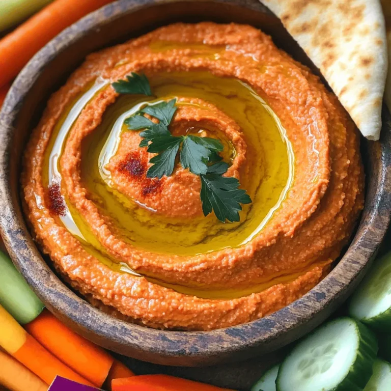 To make roasted red pepper hummus, gather these simple ingredients: - 1 can (15 oz) chickpeas, drained and rinsed - 1 large roasted red pepper (jarred or homemade) - 2 tablespoons tahini - 2 tablespoons olive oil - 1 clove garlic, minced - Juice of 1 lemon - 1/2 teaspoon ground cumin - Salt and pepper to taste - Water as needed for consistency - Fresh parsley for garnish This hummus is not only tasty but also healthy. Each serving (about 1/4 cup) has: - Calories: 120 - Protein: 5g - Carbohydrates: 15g - Fiber: 4g - Fat: 6g The chickpeas provide plant-based protein, while tahini adds healthy fats. This makes it a great snack or dip. When choosing ingredients, I recommend these brands: - Chickpeas: Eden Organic or Goya - Tahini: Soom or Seed + Mill - Olive Oil: California Olive Ranch or Pompeian Using quality brands can enhance the taste of your hummus. Always check labels for freshness and flavor. For the full recipe, refer to the main section above. To start, gather all your ingredients. You will need chickpeas, a roasted red pepper, tahini, olive oil, garlic, lemon juice, ground cumin, salt, and pepper. You can use a jarred red pepper or roast your own. If you roast your own, just cut a red pepper in half, remove the seeds, and roast it until soft. This adds a nice smoky flavor. Next, place all your ingredients into a food processor. Add the drained chickpeas, roasted red pepper, tahini, olive oil, minced garlic, lemon juice, ground cumin, salt, and pepper. Pulse the mixture until it becomes smooth and creamy. You may need to stop and scrape down the sides of the bowl. This ensures everything blends well. Sometimes, hummus can be too thick. If this happens, add water slowly. Start with one tablespoon at a time. Blend after each addition until you reach your desired smoothness. Taste your hummus after blending. If you want more flavor, add extra salt, pepper, or lemon juice. Once it’s perfect, transfer it to a bowl. Drizzle some olive oil on top and sprinkle fresh parsley for a nice touch. For the full recipe, check out the earlier sections. When making roasted red pepper hummus, avoid these common mistakes: - Not rinsing chickpeas: Always rinse the chickpeas. This helps remove extra salt and improves flavor. - Using raw garlic: Raw garlic can overpower the taste. Use one clove or roast it first for a milder flavor. - Skipping tahini: Tahini adds creaminess. Don’t leave it out. It’s key for a smooth texture. - Adding too much water: Start with less water. You can add more if needed. Too much can make it runny. To make your hummus even better, try these tips: - Add spices: A pinch of smoked paprika or cayenne can boost flavor. These spices add warmth and depth. - Use fresh herbs: Mix in fresh herbs like basil or cilantro. They bring a bright taste that balances the sweetness of peppers. - Include nuts: For extra crunch, blend in a few toasted walnuts or pine nuts. They give a nice texture contrast. - Experiment with citrus: A splash of lime juice alongside lemon can add a zesty twist. Roasted red pepper hummus pairs well with many foods: - Vegetable sticks: Serve with carrots, cucumbers, or bell peppers. They add crunch and freshness. - Pita bread: Soft, warm pita is perfect for dipping. Its doughy texture complements the hummus. - Crackers: Try it with whole-grain or sesame crackers. They add a nice crunch with each bite. - Cheese platter: Pair with cheeses like feta or goat cheese. Their creaminess works well with the hummus flavor. For the full recipe, check out the recipe section above. Enjoy making your tasty roasted red pepper hummus! {{image_2}} To make a spicy version, add some heat. Mix in 1 to 2 teaspoons of cayenne pepper or red pepper flakes. This will give your hummus a kick. If you enjoy heat, try adding diced jalapeños too. Blend them in with the other ingredients. Adjust the spice level to fit your taste. For a fresh twist, add herbs. Chopped basil, cilantro, or dill can boost flavor. Mix in about 1/4 cup of fresh herbs after blending. This will create a bright and colorful dip. You can also use dried herbs like oregano or thyme. Just remember, fresh herbs add more depth. Get creative with your hummus! You can add roasted garlic for a sweet touch. Or try sun-dried tomatoes for a tangy flavor. A splash of balsamic vinegar can also enhance the taste. Want creaminess? Add a bit of yogurt or cream cheese. Each addition changes the profile of your hummus. Experiment and find your favorite combo! For full instructions, check out the Full Recipe. Store your homemade roasted red pepper hummus in an airtight container. Make sure to cover it well. This keeps it fresh and tasty. Place it in the fridge right after you finish making it. This will help it stay good for a longer time. You can also freeze hummus if you make a lot. Pour it into a freezer-safe container. Leave some space at the top because it will expand when it freezes. You can also use ice cube trays for easy portions. Just pop the cubes out when you need a quick snack. Homemade roasted red pepper hummus lasts about 4 to 7 days in the fridge. If you freeze it, it stays good for about 3 months. Always check for any changes in smell or color before eating. Enjoy your hummus fresh to get the best flavor! Roasted red pepper hummus is made of simple, tasty ingredients. You need: - 1 can (15 oz) chickpeas, drained and rinsed - 1 large roasted red pepper (jarred or homemade) - 2 tablespoons tahini - 2 tablespoons olive oil - 1 clove garlic, minced - Juice of 1 lemon - 1/2 teaspoon ground cumin - Salt and pepper to taste - Water as needed for consistency - Fresh parsley for garnish These ingredients blend to create a smooth and flavorful dip. The roasted red pepper adds a sweet, smoky taste that enhances the classic hummus flavor. To make hummus creamy, focus on blending well. Pulse the mixture in a food processor until it’s smooth. Scrape down the sides often to ensure everything mixes evenly. If it’s too thick, add water slowly, one tablespoon at a time. This helps reach your perfect texture. Yes, roasted red pepper hummus is healthy! It’s packed with protein from chickpeas and healthy fats from olive oil and tahini. Plus, the roasted red pepper adds vitamins and minerals. It’s a great choice for a snack or appetizer, especially when served with veggies. You can buy roasted red pepper hummus at most grocery stores. Look for it in the deli or refrigerated section. Many brands offer organic or fresh options. If you prefer, you can also find it at local farmers' markets. For the best flavor, try making it at home using the full recipe. In this blog post, I covered all you need to know about roasted red pepper hummus. We explored the complete ingredients list, nutritional information, and some trusted brands. I provided step-by-step instructions for a smooth blend and tips to avoid mistakes. We also discussed tasty variations and storage methods. Roasted red pepper hummus is not just healthy but also fun to make. You can adjust flavors and share it with friends. I hope this guide inspires you to enjoy homemade hummus in various ways.