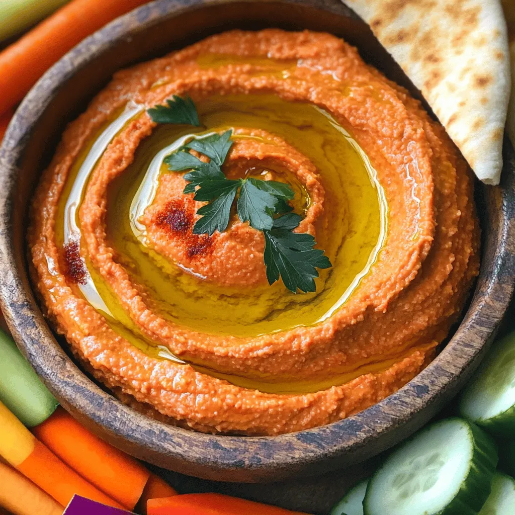 To make roasted red pepper hummus, gather these simple ingredients: - 1 can (15 oz) chickpeas, drained and rinsed - 1 large roasted red pepper (jarred or homemade) - 2 tablespoons tahini - 2 tablespoons olive oil - 1 clove garlic, minced - Juice of 1 lemon - 1/2 teaspoon ground cumin - Salt and pepper to taste - Water as needed for consistency - Fresh parsley for garnish This hummus is not only tasty but also healthy. Each serving (about 1/4 cup) has: - Calories: 120 - Protein: 5g - Carbohydrates: 15g - Fiber: 4g - Fat: 6g The chickpeas provide plant-based protein, while tahini adds healthy fats. This makes it a great snack or dip. When choosing ingredients, I recommend these brands: - Chickpeas: Eden Organic or Goya - Tahini: Soom or Seed + Mill - Olive Oil: California Olive Ranch or Pompeian Using quality brands can enhance the taste of your hummus. Always check labels for freshness and flavor. For the full recipe, refer to the main section above. To start, gather all your ingredients. You will need chickpeas, a roasted red pepper, tahini, olive oil, garlic, lemon juice, ground cumin, salt, and pepper. You can use a jarred red pepper or roast your own. If you roast your own, just cut a red pepper in half, remove the seeds, and roast it until soft. This adds a nice smoky flavor. Next, place all your ingredients into a food processor. Add the drained chickpeas, roasted red pepper, tahini, olive oil, minced garlic, lemon juice, ground cumin, salt, and pepper. Pulse the mixture until it becomes smooth and creamy. You may need to stop and scrape down the sides of the bowl. This ensures everything blends well. Sometimes, hummus can be too thick. If this happens, add water slowly. Start with one tablespoon at a time. Blend after each addition until you reach your desired smoothness. Taste your hummus after blending. If you want more flavor, add extra salt, pepper, or lemon juice. Once it’s perfect, transfer it to a bowl. Drizzle some olive oil on top and sprinkle fresh parsley for a nice touch. For the full recipe, check out the earlier sections. When making roasted red pepper hummus, avoid these common mistakes: - Not rinsing chickpeas: Always rinse the chickpeas. This helps remove extra salt and improves flavor. - Using raw garlic: Raw garlic can overpower the taste. Use one clove or roast it first for a milder flavor. - Skipping tahini: Tahini adds creaminess. Don’t leave it out. It’s key for a smooth texture. - Adding too much water: Start with less water. You can add more if needed. Too much can make it runny. To make your hummus even better, try these tips: - Add spices: A pinch of smoked paprika or cayenne can boost flavor. These spices add warmth and depth. - Use fresh herbs: Mix in fresh herbs like basil or cilantro. They bring a bright taste that balances the sweetness of peppers. - Include nuts: For extra crunch, blend in a few toasted walnuts or pine nuts. They give a nice texture contrast. - Experiment with citrus: A splash of lime juice alongside lemon can add a zesty twist. Roasted red pepper hummus pairs well with many foods: - Vegetable sticks: Serve with carrots, cucumbers, or bell peppers. They add crunch and freshness. - Pita bread: Soft, warm pita is perfect for dipping. Its doughy texture complements the hummus. - Crackers: Try it with whole-grain or sesame crackers. They add a nice crunch with each bite. - Cheese platter: Pair with cheeses like feta or goat cheese. Their creaminess works well with the hummus flavor. For the full recipe, check out the recipe section above. Enjoy making your tasty roasted red pepper hummus! {{image_2}} To make a spicy version, add some heat. Mix in 1 to 2 teaspoons of cayenne pepper or red pepper flakes. This will give your hummus a kick. If you enjoy heat, try adding diced jalapeños too. Blend them in with the other ingredients. Adjust the spice level to fit your taste. For a fresh twist, add herbs. Chopped basil, cilantro, or dill can boost flavor. Mix in about 1/4 cup of fresh herbs after blending. This will create a bright and colorful dip. You can also use dried herbs like oregano or thyme. Just remember, fresh herbs add more depth. Get creative with your hummus! You can add roasted garlic for a sweet touch. Or try sun-dried tomatoes for a tangy flavor. A splash of balsamic vinegar can also enhance the taste. Want creaminess? Add a bit of yogurt or cream cheese. Each addition changes the profile of your hummus. Experiment and find your favorite combo! For full instructions, check out the Full Recipe. Store your homemade roasted red pepper hummus in an airtight container. Make sure to cover it well. This keeps it fresh and tasty. Place it in the fridge right after you finish making it. This will help it stay good for a longer time. You can also freeze hummus if you make a lot. Pour it into a freezer-safe container. Leave some space at the top because it will expand when it freezes. You can also use ice cube trays for easy portions. Just pop the cubes out when you need a quick snack. Homemade roasted red pepper hummus lasts about 4 to 7 days in the fridge. If you freeze it, it stays good for about 3 months. Always check for any changes in smell or color before eating. Enjoy your hummus fresh to get the best flavor! Roasted red pepper hummus is made of simple, tasty ingredients. You need: - 1 can (15 oz) chickpeas, drained and rinsed - 1 large roasted red pepper (jarred or homemade) - 2 tablespoons tahini - 2 tablespoons olive oil - 1 clove garlic, minced - Juice of 1 lemon - 1/2 teaspoon ground cumin - Salt and pepper to taste - Water as needed for consistency - Fresh parsley for garnish These ingredients blend to create a smooth and flavorful dip. The roasted red pepper adds a sweet, smoky taste that enhances the classic hummus flavor. To make hummus creamy, focus on blending well. Pulse the mixture in a food processor until it’s smooth. Scrape down the sides often to ensure everything mixes evenly. If it’s too thick, add water slowly, one tablespoon at a time. This helps reach your perfect texture. Yes, roasted red pepper hummus is healthy! It’s packed with protein from chickpeas and healthy fats from olive oil and tahini. Plus, the roasted red pepper adds vitamins and minerals. It’s a great choice for a snack or appetizer, especially when served with veggies. You can buy roasted red pepper hummus at most grocery stores. Look for it in the deli or refrigerated section. Many brands offer organic or fresh options. If you prefer, you can also find it at local farmers' markets. For the best flavor, try making it at home using the full recipe. In this blog post, I covered all you need to know about roasted red pepper hummus. We explored the complete ingredients list, nutritional information, and some trusted brands. I provided step-by-step instructions for a smooth blend and tips to avoid mistakes. We also discussed tasty variations and storage methods. Roasted red pepper hummus is not just healthy but also fun to make. You can adjust flavors and share it with friends. I hope this guide inspires you to enjoy homemade hummus in various ways.