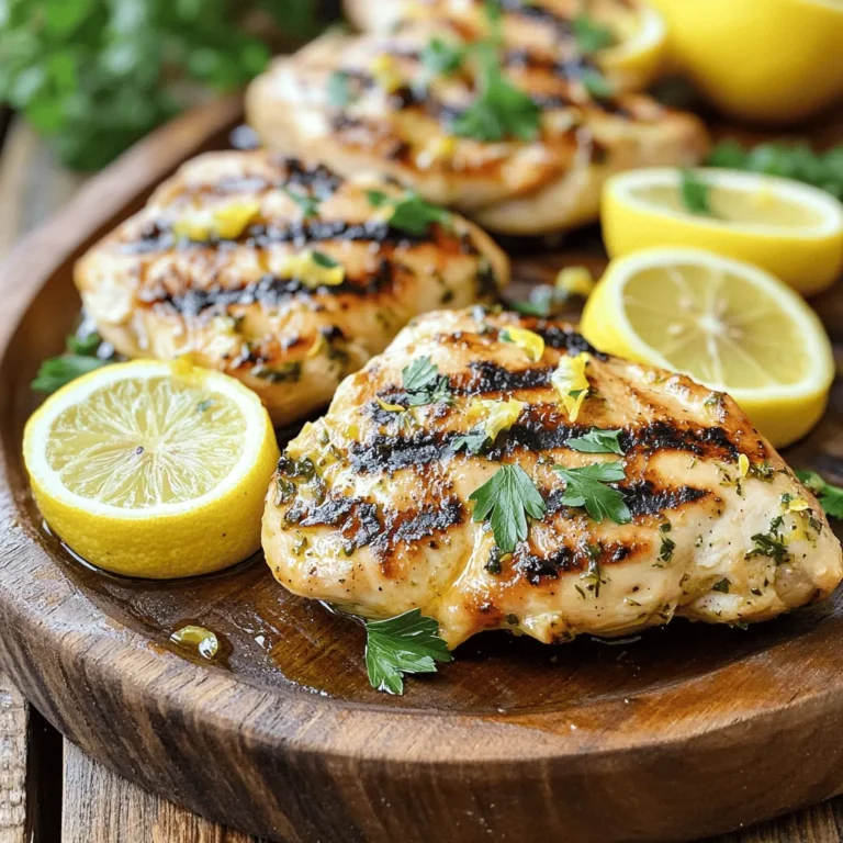 To make Easy Greek Lemon Chicken, you will need: - 4 boneless, skinless chicken breasts - 1/4 cup olive oil - 3 tablespoons fresh lemon juice - Zest of 1 lemon - 3 cloves garlic, minced - 1 tablespoon dried oregano - 1 teaspoon salt - 1/2 teaspoon black pepper - 1/4 teaspoon red pepper flakes (optional) - Fresh parsley, chopped (for garnish) - Lemon slices (for garnish) These ingredients create a bright and zesty flavor that makes this dish special. If you don’t have an ingredient, you can swap it for something else. Here are some ideas: - Chicken breasts: Use thighs for more flavor and juiciness. - Olive oil: Any neutral oil, like canola or avocado oil, works well. - Lemon juice: You can use lime juice for a different citrus flavor. - Fresh garlic: Garlic powder can be used, but use less (1/2 teaspoon). - Dried oregano: Fresh oregano is better, about three times more than dried. - Red pepper flakes: Skip them if you want a milder dish. These swaps help you fit the recipe to what you have on hand. Using fresh ingredients often gives the best taste. Fresh herbs and spices can make your dish more vibrant. However, dried herbs work well too. They are convenient and last longer. For this recipe, using fresh lemon juice and garlic is best. They add a lively taste that dried versions can’t match. Remember, fresh herbs can shine when you add them at the end. They bring out the best in your Easy Greek Lemon Chicken. For the full recipe, check the details provided above. Enjoy cooking! Start by making the marinade. In a large bowl, add the olive oil, lemon juice, and lemon zest. Next, toss in the minced garlic, oregano, salt, black pepper, and red pepper flakes if you like some heat. Whisk all these together until they mix well. You want a smooth blend that coats the chicken nicely. This marinade is key for flavor. Now it's time to marinate the chicken. Take your chicken breasts and place them in the bowl with the marinade. Make sure each piece gets covered well. This step is important because it helps the chicken soak up all those vibrant flavors. Cover the bowl with plastic wrap and let it sit in the fridge. Aim for at least 30 minutes, but if you have time, let it marinate for up to 2 hours. The longer, the better! You can cook the chicken in two ways: grilling or using a skillet. If you choose to grill, preheat your grill to medium-high heat. Brush the grates lightly with oil to prevent sticking. Place the marinated chicken on the grill. Cook it for about 6-7 minutes on each side. Look for nice grill marks and ensure it reaches 165°F inside. If you prefer a skillet, heat a large skillet over medium-high heat. Add a little oil to the pan, and place the chicken in it. Cook for about 6-8 minutes on each side. Just like on the grill, check that it is fully cooked. Once done, let the chicken rest for 5 minutes before slicing. This helps keep it juicy! Want to see the full recipe? Check it out [here](#). A great marinade makes this dish shine. Use fresh lemon juice for bright flavor. I like to zest the lemon too. It adds a nice touch. Mix olive oil, lemon juice, garlic, oregano, salt, and pepper. Whisk well to blend all the flavors. Let the chicken soak in this mix for at least 30 minutes. For deeper flavor, marinate up to 2 hours. This step is key to a juicy and tasty chicken. To keep your chicken juicy, do not skip the resting step. After cooking, let it rest for about 5 minutes. This helps the juices stay inside the meat. Cooking it on medium-high heat also helps. Aim for an internal temperature of 165°F (75°C). This ensures it is safe to eat but not dry. If you use a grill, flip the chicken only once. This also helps keep it moist. When serving, garnishing makes a big difference. Fresh parsley adds color and flavor. Add some lemon slices on the side for a pop of brightness. Serve with a side of Greek salad or rice. This adds texture and complements the dish. You can also place the chicken on a colorful platter. This makes the meal look more inviting. For more ideas, check the Full Recipe. {{image_2}} Grilling veggies adds more color and taste. You can use bell peppers, zucchini, or red onions. Just cut them into thick slices. Toss them in olive oil and season with salt and pepper. Grill them for about 5 to 7 minutes until they are tender. They pair well with the lemon chicken. Adding these vegetables makes the meal more fun and healthy. If you want to switch proteins, fish works great too. Salmon or cod absorbs the lemon flavors well. Just follow the same marinade. Marinate fish for 15 to 30 minutes. Tofu is another good option for a plant-based dish. Use firm tofu, and press it to remove excess water. Cut it into cubes and marinate like chicken. Grill or pan-sear it until golden brown. You can make this dish your own by changing the spices. Try adding fresh herbs like thyme or dill for a new twist. You can mix in paprika or cumin for extra depth. Just a pinch can change the whole taste. Experiment with what you like best. The beauty of Easy Greek Lemon Chicken is that it is easy to customize. For more details on this dish, check the Full Recipe. After you enjoy your Easy Greek Lemon Chicken, store leftovers in an airtight container. This keeps the chicken fresh for up to three days in the fridge. Make sure it cools to room temperature before sealing. This helps prevent moisture buildup and sogginess. When ready to eat, reheating the chicken requires care to keep it moist. I suggest using a skillet over low heat. Add a splash of chicken broth or a bit of water to help with moisture. Cover the skillet to trap steam. Heat for about 5 to 10 minutes. Check that the chicken is warm throughout. Avoid using the microwave if you can, as it may dry out the meat. If you want to save the chicken for later, freezing is a great option. First, let the chicken cool completely. Wrap each piece tightly in plastic wrap. Then, place the wrapped chicken in a freezer-safe bag or container. It will stay good for up to three months in the freezer. When you're ready to eat, let it defrost overnight in the fridge. After that, you can reheat it using the tips above. You should marinate the chicken for at least 30 minutes. This time helps the chicken soak up all the tasty flavors. If you have more time, try marinating for up to 2 hours. This will make the chicken even more flavorful and juicy. Easy Greek Lemon Chicken pairs well with many sides. Here are some of my favorites: - Greek salad with cucumbers and tomatoes - Roasted or grilled vegetables like bell peppers and zucchini - Rice pilaf with herbs - Lemon or garlic mashed potatoes - Pita bread with tzatziki sauce These sides bring out the bright lemon flavor and add color to your plate. Yes, you can make this recipe in advance. You can prepare the marinade and marinate the chicken the day before. Just keep it in the fridge until you're ready to cook. You can also cook the chicken ahead of time. Store it in the fridge for up to three days. A quick reheat, and it’s ready to enjoy! For the full recipe, check out the detailed steps provided earlier. We covered the key steps to make Easy Greek Lemon Chicken. We looked at ingredients, cooking methods, and smart tips. You learned how to make the best marinade and keep chicken juicy. You can add fun twists with veggies and different proteins. Finally, I shared how to store leftovers for later. Enjoy cooking and creating tasty meals. It’s all about making it fun and easy!