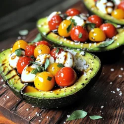 - 2 ripe avocados - 1 cup cherry tomatoes, halved - 1 cup fresh mozzarella balls, halved - 1/4 cup fresh basil leaves, chopped - 2 tablespoons balsamic glaze - 1 tablespoon olive oil - Salt and pepper to taste Each ingredient plays a big role in this dish. The avocados are creamy and smooth. They serve as the perfect bowl for the filling. Cherry tomatoes add a sweet and juicy burst. Fresh mozzarella gives a delightful chewiness. Basil brings an aromatic note that brightens the dish. Balsamic glaze adds a touch of sweetness and tang. Olive oil enriches the flavor and helps bind everything. - Calories per serving: About 400 calories. - Macronutrients breakdown: - Protein: 10g - Carbohydrates: 22g - Fat: 35g - Health benefits of key ingredients: - Avocados: Rich in healthy fats, great for heart health. - Tomatoes: Packed with vitamins and antioxidants. - Mozzarella: Source of protein and calcium. - Basil: Contains anti-inflammatory properties and vitamins. This dish is not just tasty; it also offers health benefits. Each bite brings flavor and nutrition. You can enjoy it as a light meal or a side dish. For the full recipe, check out the Caprese Stuffed Avocados section! To prepare the avocados, start by cutting them in half lengthwise. Make sure to be gentle as you don't want to bruise the fruit. Once cut, remove the pit with a spoon. If you want more filling space, scoop out a bit of the flesh. This step is key for a tasty bite. Next, you’ll mix the Caprese filling. In a bowl, add the halved cherry tomatoes, mozzarella balls, and chopped basil. These ingredients work well together. Now, drizzle the olive oil and balsamic glaze over the mix. Season everything with salt and pepper. Use a spoon to gently toss the mixture. You want every piece coated well. For a beautiful presentation, place the stuffed avocados on a plate. Allow the filling to overflow slightly for a fresh look. This makes the dish more inviting. As a final touch, drizzle extra balsamic glaze on top. This adds flavor and makes it look gourmet. You can also add some fresh basil leaves on top for color. If you want to be extra fancy, sprinkle some pine nuts or crushed red pepper for added crunch and heat. Enjoy your Caprese stuffed avocados right away for the best taste! For the complete recipe, check out the Full Recipe. To enjoy the best Caprese stuffed avocados, pick ripe avocados. A ripe avocado feels slightly soft when you gently squeeze it. Look for a dark green or black skin, which usually means it’s ready to eat. Avoid avocados with large dark spots or cracks, as these can indicate overripeness. To keep your cut avocado from browning, sprinkle some lemon juice over the flesh. The acidity slows down the browning process. You can also store it in an airtight container. Cover the surface with plastic wrap, pressing it down to remove any air. Adding fresh herbs can elevate your dish. Consider using oregano or thyme for a twist. A pinch of red pepper flakes can add a little heat. These small changes can make a big difference in taste. If you want to switch up the balsamic glaze, try using a drizzle of honey or a citrus vinaigrette. These options can give your Caprese stuffed avocados a fresh spin. You can also use pesto for a herby flavor that pairs well with the other ingredients. For the full recipe of Caprese stuffed avocados, check out the section above. {{image_2}} You can swap fresh mozzarella with burrata for a creamier taste. Goat cheese also works well for a tangy kick. If you want a dairy-free option, try using vegan mozzarella. Add some diced avocado for extra creaminess and flavor. For a fun twist, use grilled peaches or figs instead of tomatoes. They add a sweet touch to the dish. Caprese Stuffed Avocados can shine as a salad. Simply slice the stuffed avocados into wedges and serve over mixed greens. Drizzle more balsamic glaze on top for added flavor. You can also add grilled chicken or shrimp. This makes it a full meal. A sprinkle of pine nuts or walnuts can add crunch and richness. For a hearty dish, serve the stuffed avocados on toast or with crackers. Each bite bursts with flavor and freshness. When you have leftover Caprese stuffed avocados, store them right away. Place them in an airtight container. This helps keep them fresh and prevents browning. If you need to, add a little lemon juice on top. This adds flavor and helps stop browning too. You can keep them in the fridge for up to two days. You can get creative with leftovers. Try making a salad with the filling. Just chop up the avocado and mix it in. You can also add some cooked chicken for protein. If you have leftover mozzarella or tomatoes, keep them in the fridge. Store them in separate containers to keep them fresh. Enjoy your delicious Caprese stuffed avocados in new ways! To make Caprese stuffed avocados, start with ripe avocados. Cut them in half and take out the pit. You can scoop some flesh out for more filling space. In a bowl, mix halved cherry tomatoes, mozzarella balls, and chopped basil. Drizzle olive oil and balsamic glaze over the mix. Add salt and pepper to taste. Toss gently until everything blends well. Spoon the filling into each avocado half, letting it overflow a bit for looks. Drizzle more balsamic glaze on top for extra flavor. Serve right away for the best taste. For the full recipe, check the complete instructions above. Yes, you can prepare Caprese stuffed avocados ahead of time, but keep a few tips in mind. It’s best to fill avocados just before serving. If you prep too early, the avocado may brown. To avoid this, cover the stuffed avocados with plastic wrap. This helps keep air out. You can also chill them for a short time to serve cold. Prepare the filling in advance, but wait to assemble until you're ready to eat. Caprese stuffed avocados pair well with many dishes. You can serve them alongside a crisp green salad. They also go great with grilled chicken or fish for a full meal. Consider adding some crusty bread or a light pasta dish. These options balance the creamy avocado and fresh salad vibe of the dish. Enjoy with a glass of white wine for a refreshing treat. The Caprese Stuffed Avocados make a tasty and healthy meal. We covered easy steps to prepare them, plus tips on choosing the best avocados. You can mix and match ingredients to suit your taste. Store leftovers properly to enjoy this dish later. Simple yet flavorful, these stuffed avocados impress at any meal. Enjoy exploring new flavors and creating your perfect dish. Dive into this healthy recipe and make it part of your meals!