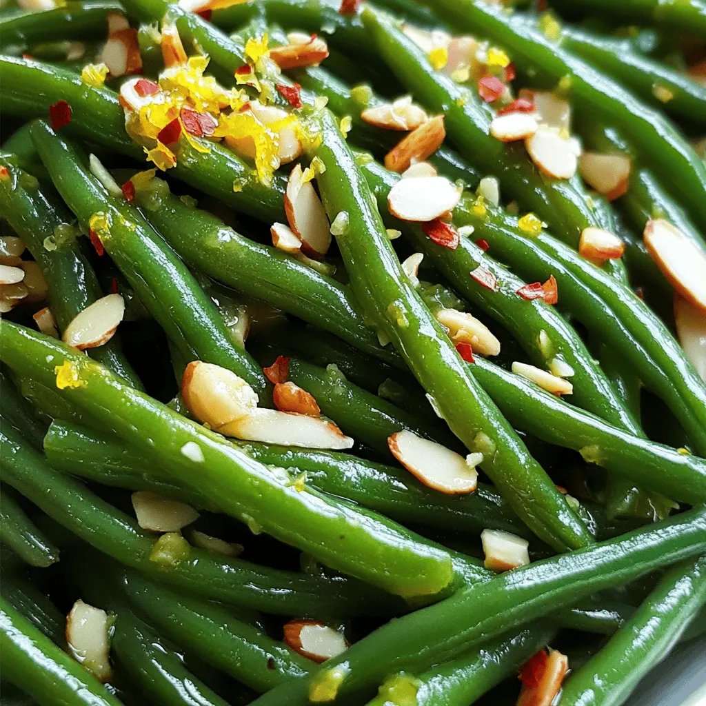 To make this dish, start with fresh green beans. Look for bright green, crisp beans. They should feel firm when you press them. One pound is perfect for four servings. Trim the ends by snapping them off. This simple step makes them easy to eat. Next, you will need garlic and olive oil. Use four cloves of garlic, minced finely. Garlic adds a strong, tasty kick to the beans. For the oil, three tablespoons of olive oil work well. The oil helps the garlic cook and keeps the beans from sticking. You can add some optional ingredients for extra flavor. Lemon zest from one lemon brightens the dish. The juice from the same lemon adds a nice tang. If you like spice, add one teaspoon of red pepper flakes. A sprinkle of salt and pepper enhances the taste. For a crunchy finish, use ¼ cup of toasted slivered almonds as a garnish. This combination makes the dish special. For the full recipe, check out the section below. Start by washing your green beans well. This helps remove dirt and any pesticides. After washing, trim the ends. Use kitchen scissors or a knife for this. Once trimmed, set them aside. Grab a large skillet and put it on medium-high heat. Pour in the olive oil and let it warm up. When the oil is hot, add the minced garlic. Sauté it for about 30 seconds. You want it fragrant, but don't let it brown. Next, add the green beans to the skillet. Toss them gently in the garlic oil. Cook for about 5 to 7 minutes. Stir them occasionally. The beans should look bright green and feel tender-crisp. If you enjoy a little spice, sprinkle in the red pepper flakes during the last minute. Once the beans are cooked, remove the skillet from heat. Stir in the lemon zest and juice, mixing well to coat the beans. Season with salt and pepper to your liking. Transfer the sautéed green beans to a serving dish. Top with toasted slivered almonds for a nice crunch. This adds flavor and a pretty look. For the full recipe, check the earlier part of the article. Enjoy your fresh, vibrant dish! When picking green beans, look for ones that are bright green and firm. They should snap easily when bent. Avoid beans that look dull or have brown spots. Fresh beans taste best. If possible, buy organic beans to enjoy better flavor and health benefits. Garlic adds great taste to green beans. Use fresh garlic for the best flavor. When you heat the oil, add garlic and sauté for only 30 seconds. This keeps it from burning. Burnt garlic tastes bitter, which you want to avoid. Stir it often to keep it from sticking and burning. To take your dish up a notch, try adding lemon zest and juice. The bright taste of lemon pairs well with green beans. If you enjoy spice, add red pepper flakes for a kick. You can also toss in toasted nuts like almonds for crunch. Each of these tips makes your sautéed green beans more exciting. For the complete recipe, check out the Full Recipe section. {{image_2}} You can easily add nuts for extra flavor and crunch. Almonds are a great choice. Toasted slivered almonds work well with the dish. You can also try walnuts or pecans. Simply sprinkle them on top before serving. This adds a nice texture and taste. To change the flavor, consider adding spices. Try some crushed red pepper for heat. You can also use black pepper or paprika for a smoky touch. For a fresh twist, add a pinch of cumin or coriander. These spices will give your green beans a new life. For a vegetarian twist, use vegetable broth instead of oil. This adds depth without meat. You can also toss in some fresh herbs like basil or thyme. They enhance the dish's aroma and taste. If you want a richer flavor, add a bit of soy sauce. Each variation can make your green beans unique and exciting. For more ideas, check out the Full Recipe. You can store leftover sautéed green beans in an airtight container. Keep them in the fridge. They stay fresh for about three days. Make sure to cool them down before sealing. This way, they won’t get soggy. You can enjoy them as a quick snack or side dish later. If you want to save more, freezing is a great option. Place the green beans in a freezer bag. Remove as much air as possible to avoid freezer burn. They can last up to three months in the freezer. When you’re ready to eat them, thaw in the fridge overnight. To reheat the green beans, use a skillet over medium heat. Add a splash of olive oil to keep them moist. Stir them for about three to five minutes until warm. If you want, you can also pop them in the microwave. Heat in short intervals, stirring in between. This keeps them from getting overcooked. Enjoy them just like when they were fresh! For the full recipe, check out the earlier section. Sautéed green beans last about 3 to 5 days in the fridge. Store them in an airtight container. They may lose some crunch but keep their flavor. To enjoy them fresh, eat them sooner rather than later. Yes, you can use frozen green beans. They cook faster than fresh ones. Just add a few extra minutes to the sauté time. Make sure to thaw and drain them first for best results. This helps avoid excess water in the pan. Sautéed green beans pair well with many dishes. Try them with grilled chicken or fish. They also go great with rice or quinoa. For a vegetarian meal, serve them with roasted vegetables. You can find the full recipe for sautéed green beans with garlic and lemon zest in this article. Sautéed green beans are simple and tasty. We explored fresh ingredients and step-by-step cooking. I shared tips to pick the best beans and many ways to change up the flavor. Storing leftovers or freezing them keeps your meal easy. Experiment with different nuts and spices to find your favorite mix. Enjoy your delicious green beans!