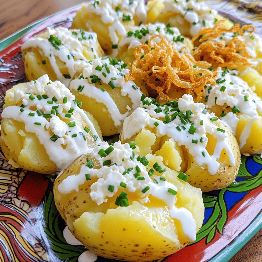 - 1.5 pounds baby Yukon Gold potatoes - 4 tablespoons butter, melted - 4 cloves garlic, minced - 1/2 cup heavy cream - 1/4 cup fresh chives, finely chopped - Salt and pepper to taste For my smashed potatoes, I love using baby Yukon Gold potatoes. Their smooth texture makes them perfect for smashing. You want to boil them until tender, which usually takes about 15 to 20 minutes. The key is to not overcook them, or they’ll get mushy. Next, I melt the butter and mix in minced garlic. This adds a rich flavor that makes the dish special. Heavy cream is a must for that creamy finish. Finally, fresh chives bring a nice touch of brightness. - Crumbled feta cheese - Crispy fried onions - Salt and pepper If you want to elevate your smashed potatoes, consider adding feta cheese or crispy fried onions. Feta gives a tangy kick that contrasts nicely with the creaminess. Fried onions add a crunch that makes each bite exciting. Don't forget to adjust the salt and pepper to suit your taste. You can find the full recipe for these delicious smashed potatoes [here](#). 1. Boiling and salting the potatoes: Start by placing the baby Yukon Gold potatoes in a large pot. Cover them with cold water and add a good pinch of salt. This step helps season the potatoes while cooking. Bring the pot to a boil over medium-high heat. Cook the potatoes for about 15-20 minutes. You want them fork-tender, which means a fork should easily pierce them. 2. Cooling and draining the potatoes: Once the potatoes are tender, drain the water. Return the potatoes to the pot, allowing them to cool slightly. This step is key, as it helps the potatoes hold their shape when smashed. 1. Techniques for smashing the potatoes: Grab the bottom of a glass or a potato masher. Gently smash each potato until it flattens but stays in one piece. This method gives you a nice texture. Aim for a rustic look, as it adds charm to the dish. 2. Mixing garlic butter and cream: In a small bowl, combine melted butter, minced garlic, and heavy cream. Stir until mixed well. Pour this garlic butter mixture over the smashed potatoes. Make sure every potato gets a good coating. This adds a rich flavor that makes the dish shine. 1. Preparing the baking sheet: Preheat your oven to 400°F (200°C). Line a baking sheet with parchment paper. This helps with easy cleanup and prevents sticking. 2. Bake time and temperature settings: Place the smashed potatoes on the baking sheet. Bake them in the preheated oven for about 20-25 minutes. You're looking for crispy, golden edges. This is when the magic happens, turning creamy potatoes into a delightful dish. For the full recipe, check the section above. Enjoy your cooking! To avoid overcooking the potatoes, watch the clock. Boil them for 15-20 minutes. Check for fork-tenderness. If they are too soft, they become mushy when smashed. For extra crispiness, bake them a bit longer. Add five more minutes to the cook time for a golden edge. You can add herbs and spices for fun twists. Try rosemary, thyme, or paprika for a new taste. You can also change the toppings. Crumbled bacon, cheese, or sour cream work great. Experiment with what you love! For plating, arrange the smashed potatoes nicely on a bright platter. A colorful dish makes the food pop. Garnish with fresh chives for a lovely look. You can also sprinkle extra toppings for a stunning finish. Serve right away for the best taste and texture. For more details, check the Full Recipe. {{image_2}} You can swap baby Yukon Gold potatoes for red potatoes or sweet potatoes. Red potatoes add a creamy texture, while sweet potatoes provide a natural sweetness. Mixing different potato types can add fun flavors and colors to your dish. Try a blend of Yukon and red potatoes for a tasty twist! Adding cheese can elevate your smashed potatoes. Consider using sharp cheddar or creamy goat cheese for a richer taste. You can even mix in some crumbled feta for a tangy kick. Spices also work wonders. Sprinkle in garlic powder, paprika, or fresh herbs like rosemary for an extra burst of flavor. If you want to make your smashed potatoes vegan, use olive oil instead of butter and coconut cream instead of heavy cream. For a dairy-free option, almond milk can also work well. Plus, smashed potatoes are naturally gluten-free, so they fit into many diets without any changes. Enjoy experimenting with these variations to find your perfect flavor! To keep your smashed potatoes fresh, store them in a safe way. First, let the potatoes cool to room temperature. Then, place them in an airtight container. This helps keep moisture out. You can store them in the fridge for up to three days. The best containers for storage are glass or plastic with tight lids. Make sure they are clean and dry before adding the potatoes. If you don't have a container, you can wrap the potatoes tightly in plastic wrap. When it’s time to eat your leftovers, reheating is key. You want to keep that creamy texture. The best way is to use the oven. Preheat it to 350°F (175°C). Place the potatoes on a baking sheet. Cover them with foil to keep moisture in. Bake for about 15-20 minutes until they are warm. If you want to use leftovers in other dishes, try adding them to soups or casseroles. You can mash them up for a creamy soup base. Another fun idea is to mix them into a breakfast hash with eggs and veggies. There are many ways to enjoy your smashed potatoes again! What is the best potato for smashing? The best potato for smashing is the baby Yukon Gold. They have a creamy texture and a buttery flavor. Other good options include red potatoes or russet potatoes. These potatoes hold their shape well when cooked. They also become fluffy and tender, making them perfect for smashing. Can I make smashed potatoes ahead of time? Yes, you can make smashed potatoes ahead of time. Cook and smash them as directed. Then, store them in the fridge for up to two days. When ready to serve, reheat them in the oven. This keeps them crispy on the outside and soft inside. What to do if potatoes are too mushy? If your potatoes are too mushy, they may have been overcooked. To fix this, drain them well and let them dry for a few minutes. You can also add a bit more cream and butter to help improve the texture. This will make them creamier and reduce the mushiness. How can I make them crispier? To make your smashed potatoes crispier, increase the oven temperature to 425°F (220°C). Bake them longer for a nice golden color. You can also brush them with more melted butter before baking. Using a hot baking sheet can also help them crisp up nicely. Best side dishes to serve with smashed potatoes Smashed potatoes pair well with various dishes. Meat lovers can enjoy them with roasted chicken or grilled steak. They also go well with a fresh salad or steamed veggies. For a lighter meal, serve them with fish or a veggie stir-fry. Wine pairings for a complete meal experience For wine, a crisp white wine like Sauvignon Blanc works well. It complements the creamy potatoes nicely. If you prefer red, try a light Pinot Noir. This wine balances the flavors without overpowering them. Enjoy your meal with the right drink for a complete experience! Easy smashed potatoes are simple yet delicious. We explored key ingredients like Yukon Gold potatoes, butter, and garlic. I shared step-by-step instructions on how to boil, smash, and bake them. You learned tips for perfecting texture and ways to elevate flavors with garnishes and spices. Experiment with variations or make dietary adjustments. Proper storage techniques and reheating tips keep leftovers tasty. By following these guidelines, you can enjoy flavorful smashed potatoes anytime. Your friends and family will love them!