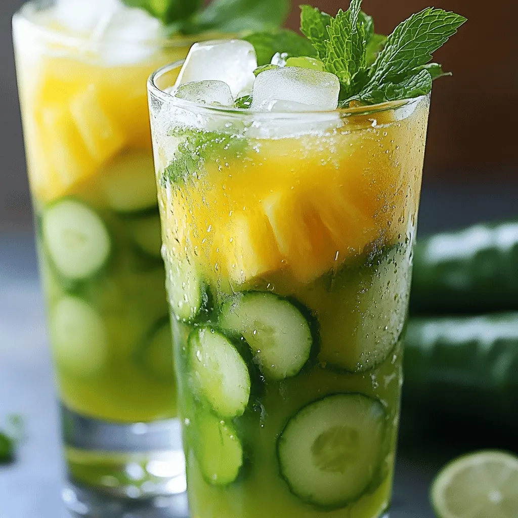 To make Cucumber Pineapple Agua Fresca, you need a few key items. Here’s what you'll need: - 1 medium cucumber, peeled and chopped - 2 cups fresh pineapple, chopped - 4 cups cold water - 3 tablespoons agave syrup or honey (adjust to taste) - Juice of 1 lime - Fresh mint leaves for garnish - Ice cubes These ingredients create a bright and refreshing drink. The cucumber gives a crisp taste, while the pineapple adds sweetness. If you don't have fresh pineapple, you can use canned pineapple juice. Just make sure it is 100% juice with no added sugar. If you want a lighter drink, you can use sparkling water instead of still water. For the sweetener, agave syrup is great, but honey works well too. You can skip sweeteners altogether if you prefer a more natural taste. Just add more lime juice to balance flavors. To make your drink stand out, consider adding a few optional garnishes. Fresh mint leaves are perfect for this. They add aroma and a pop of color. You might also try slices of cucumber or pineapple on the rim of the glass. This adds flair and makes the drink look even more inviting. Enjoy your refreshing Cucumber Pineapple Agua Fresca! For the full recipe, you can check the details above. Start by peeling and chopping the cucumber. Use a medium cucumber for the best taste. Next, chop the fresh pineapple into small pieces. Make sure to remove the core. This mix of cucumber and pineapple gives the drink its fresh flavor. Now, take your chopped cucumber and pineapple. Add them to a blender with 1 cup of cold water. Blend until the mixture is smooth. This step is vital, as it combines the flavors well. After blending, use a fine mesh sieve. Strain the mix into a large pitcher. Press down with a spatula to get all the juice. This removes the pulp for a smoother drink. Next, add the remaining 3 cups of cold water to the pitcher. Stir it well to mix everything. Then, add 3 tablespoons of agave syrup or honey. Adjust the sweetness to your liking. Squeeze in the juice of 1 lime for some tartness. Mix again. Chill the agua fresca in the fridge for about 30 minutes. When ready, serve it over ice cubes in tall glasses. Don’t forget to garnish with fresh mint leaves. This adds a lovely touch to your drink. For the full recipe, check the earlier section. To make your cucumber pineapple agua fresca just right, focus on the balance. Start with the agave syrup or honey. I suggest three tablespoons at first. Blend it in and taste. If it’s not sweet enough, add more. If it’s too sweet, squeeze in more lime juice. Lime adds a nice tang. Adjust until you love the taste. You can save time by prepping ahead. Chop the cucumber and pineapple a day before. Store them in the fridge. You can also blend the fruits and strain them ahead of time. Keep the juice in the fridge. Just mix in the water, sweetener, and lime juice when you’re ready to serve. This makes it quick and easy for parties. Using the right tools improves your drink. A good blender breaks down the fruits well. A fine mesh sieve helps strain the pulp. This gives you a smooth agua fresca. A large pitcher is handy for mixing and storing. Finally, grab tall glasses for serving. They show off the pretty color and make it look special. {{image_2}} You can mix and match fruits for your agua fresca. Try adding mango for a sweet twist. Watermelon gives a refreshing taste. Strawberries add a lovely color and flavor. Each fruit brings its own charm. Use what you love or have on hand. If you want to cut sugar, use less agave syrup or honey. You can also try stevia or monk fruit. These options keep it sweet without the calories. For a vegan version, stick with agave syrup. It is plant-based and delicious. In summer, use ripe summer fruits like peaches or berries. They add bright flavors and are juicy. In fall, spice it up with a hint of cinnamon or cloves. These spices warm up the drink nicely. Adjust your ingredients based on what is fresh and in season. This keeps your agua fresca exciting and tasty. For the full recipe, check out the [Full Recipe]. To keep your cucumber pineapple agua fresca fresh, store it in a pitcher. Make sure to cover it well with a lid or plastic wrap. This keeps out air and light, which can change the taste. Always put it in the fridge right after you make it. This helps it stay cold and tasty. Your agua fresca will stay fresh for about three days in the fridge. If you notice any change in color or smell, it’s best to toss it. Always check for any signs of spoilage before drinking. Freshness is key to enjoying this drink! You can freeze agua fresca to enjoy later. Pour it into ice cube trays or freezer-safe containers. This way, you can use it for smoothies or as ice cubes in drinks. When you're ready to drink it, thaw it in the fridge overnight. It's a fun way to enjoy this refreshing drink anytime! Agua fresca is a popular drink in Mexico. It means "fresh water" in Spanish. This drink mixes fruits, water, and sometimes sugar. People often enjoy it on hot days. You can find many flavors, like watermelon and hibiscus. Agua fresca is more than just a drink. It brings people together during meals and celebrations. It's a way to enjoy nature’s flavors while keeping cool. Yes, you can use other sweeteners. Honey works well in this recipe. If you prefer no sugar, try stevia or monk fruit sweetener. Maple syrup is also a tasty choice. Just remember to adjust the amount to taste. Each sweetener will change the flavor a bit. Experiment with what you enjoy most! Cucumber pineapple agua fresca is quite healthy. Cucumber has many vitamins and is low in calories. Pineapple adds sweetness and vitamin C. This drink is hydrating and refreshing. It has no added preservatives or artificial flavors. Enjoy it as a healthy option on warm days. You can feel good about sipping this delicious drink. For the full recipe, check out the [Full Recipe]. This blog post covered the key parts of making Cucumber Pineapple Agua Fresca. You learned about the best ingredients, how to mix and serve them, and tips for great taste. Remember to experiment with different fruits and adjust the sweetness to your liking. The storage tips will help keep your drink fresh. Enjoy creating this refreshing drink. It's a simple way to stay cool and healthy. Now go ahead and make your own delicious Agua Fresca!