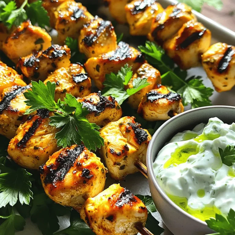 To make tasty Chicken Souvlaki Skewers, you need a few key ingredients. Here’s what you’ll need: - 1 pound chicken breast, cut into 1-inch cubes - 1/4 cup olive oil - 3 tablespoons fresh lemon juice - 3 garlic cloves, minced - 1 tablespoon dried oregano - 1 teaspoon paprika - Salt and pepper to taste - 8 skewers (soaked in water for 30 minutes if wooden) These ingredients create a juicy and flavorful chicken that will impress everyone. The marinade is crucial for great flavor. Mixing olive oil, lemon juice, and spices brings out the best in the chicken. Here’s a breakdown: - Olive oil adds richness and helps the chicken stay moist. - Fresh lemon juice gives a bright taste that cuts through the richness. - Minced garlic adds a punch of flavor. - Dried oregano gives a classic Mediterranean touch. - Paprika adds a subtle smokiness and color. - Salt and pepper enhance all the flavors. Mix these ingredients well to coat the chicken evenly, ensuring each piece absorbs the marinade. Garnishes and sides can elevate your dish. Consider adding these: - Fresh parsley, chopped (for garnish) - Tzatziki sauce (for dipping) Chopped parsley adds a pop of color and freshness. Tzatziki sauce gives a creamy, cool dip that complements the skewers beautifully. For the full recipe, check out the Zesty Chicken Souvlaki Skewers . To make the marinade, gather your ingredients. You will need olive oil, fresh lemon juice, minced garlic, dried oregano, paprika, salt, and pepper. In a large bowl, whisk together these items until well mixed. The olive oil will add richness, while the lemon juice gives a nice brightness. The garlic and spices bring bold flavors. This marinade is key for juicy, tasty chicken. Next, you’ll want to marinate the chicken. Cut your chicken breast into 1-inch cubes for even cooking. Add these cubes to the marinade, ensuring each piece is well-coated. Cover the bowl and place it in the fridge. For the best taste, let the chicken marinate for at least one hour. If you have more time, letting it sit overnight will deepen the flavor. Now it’s time to skewer and grill. First, preheat your grill or grill pan over medium-high heat. Take your soaked skewers and thread the marinated chicken onto them. Pack the pieces snugly, but avoid crowding them. This helps them cook evenly. Grill the skewers for 10-12 minutes, turning them every few minutes. Use a meat thermometer to check that the chicken reaches 165°F (74°C). Once done, let the skewers rest for a few minutes before serving. They will be juicy and delicious! For a complete guide, check out the Full Recipe. Marinating chicken is key to great taste. Use a mix of olive oil, lemon juice, garlic, oregano, and spices. This mix not only adds flavor but also keeps the chicken juicy. I suggest marinating for at least one hour. If you have time, let it sit overnight. This makes the chicken even tastier. Grill marks make your chicken souvlaki look great. Start with a hot grill. Preheat it for about 10 minutes. Use a clean grill to avoid sticking. Place the skewers at a 45-degree angle. This helps create those nice lines. Flip the skewers every few minutes for even cooking. Keep an eye on the time. Grill the chicken for about 10-12 minutes. Serve your chicken souvlaki hot off the grill. Use fresh parsley to add color. Tzatziki sauce is a must for dipping. It adds a cool and creamy taste. You can also pair it with pita bread and a Greek salad. These sides make a full meal. For a fun twist, try serving it with grilled veggies. Enjoy your meal! For the complete recipe, check out the Full Recipe. {{image_2}} You can swap chicken for other proteins. Beef, pork, or lamb work well. Each meat brings its own flavor. For beef, choose tender cuts like sirloin. For pork, use shoulder or loin. Lamb adds a unique taste with its rich flavor. Make sure to adjust the marinade time based on the protein you use. If you want a veggie version, try using firm tofu or tempeh. Both soak up flavors nicely. You can also use veggies like bell peppers, zucchini, and mushrooms. Marinate them just like you would the chicken. For a vegan twist, skip the tzatziki and use a tahini sauce instead. Experimenting with different spices can spark new ideas. You might try a Mediterranean mix with cumin and coriander. For a spicy kick, add chili flakes or cayenne pepper. A sweet blend can include cinnamon and nutmeg. These different seasoning blends elevate the classic recipe. Check the [Full Recipe] to see how these tweaks can shine. To keep your chicken souvlaki skewers fresh, let them cool first. Place them in an airtight container. You can store them in the fridge for up to three days. If you want to keep them longer, freezing is a great option. When you're ready to enjoy your leftover skewers, preheat your oven to 350°F (175°C). Place the skewers on a baking sheet. Heat for about 10-15 minutes until they are warm throughout. You can also use a microwave. Heat on medium for 1-2 minutes, checking to avoid drying out the chicken. To freeze your chicken souvlaki skewers, wrap them tightly in plastic wrap or foil. Then, place them in a freezer-safe bag. They will stay good for up to three months. When you want to eat them, thaw in the fridge overnight. Then, reheat as directed for the best flavor. For the full recipe, check out the details above. To keep chicken juicy, marinate it well. Use a mix of olive oil and lemon juice. This blend helps lock in moisture. Cook it quickly over medium-high heat. Avoid overcooking to keep it tender. A meat thermometer helps too. Aim for an internal temperature of 165°F (74°C). Marinate chicken for at least one hour. For the best taste, marinate overnight. This time lets the flavors soak in deeply. Use a covered bowl in the fridge for best results. Remember, more time means more flavor! Yes, you can make Chicken Souvlaki Skewers without a grill. Use a grill pan on the stove instead. You can even bake them in the oven at 400°F (200°C). Just place the skewers on a baking sheet. Cook until they reach 165°F (74°C). Enjoy them just as much as grilled ones! For the full recipe, check out the complete guide. In this post, we explored how to make delicious chicken souvlaki skewers. We covered key ingredients, marinade tips, and grilling techniques. You learned about storage options and even ways to switch up the recipe. My final thoughts are to have fun with this dish. Souvlaki is versatile and easy to adapt. Try different flavors and proteins. Enjoy cooking and sharing your tasty creations!