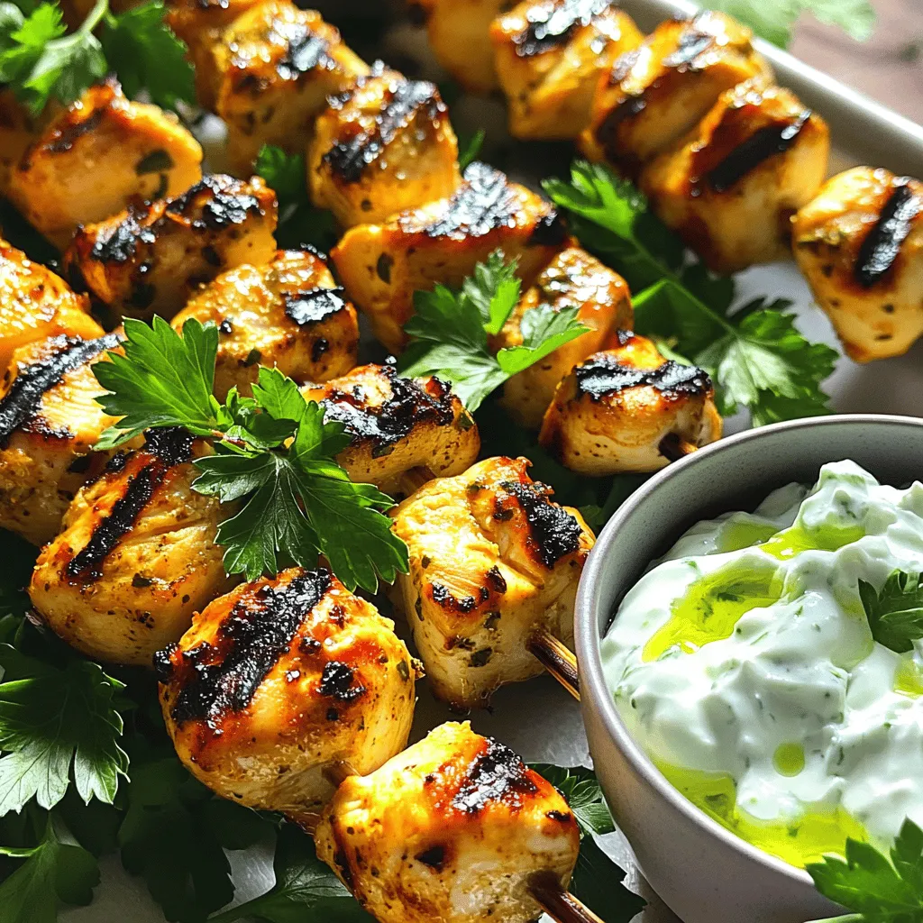 To make tasty Chicken Souvlaki Skewers, you need a few key ingredients. Here’s what you’ll need: - 1 pound chicken breast, cut into 1-inch cubes - 1/4 cup olive oil - 3 tablespoons fresh lemon juice - 3 garlic cloves, minced - 1 tablespoon dried oregano - 1 teaspoon paprika - Salt and pepper to taste - 8 skewers (soaked in water for 30 minutes if wooden) These ingredients create a juicy and flavorful chicken that will impress everyone. The marinade is crucial for great flavor. Mixing olive oil, lemon juice, and spices brings out the best in the chicken. Here’s a breakdown: - Olive oil adds richness and helps the chicken stay moist. - Fresh lemon juice gives a bright taste that cuts through the richness. - Minced garlic adds a punch of flavor. - Dried oregano gives a classic Mediterranean touch. - Paprika adds a subtle smokiness and color. - Salt and pepper enhance all the flavors. Mix these ingredients well to coat the chicken evenly, ensuring each piece absorbs the marinade. Garnishes and sides can elevate your dish. Consider adding these: - Fresh parsley, chopped (for garnish) - Tzatziki sauce (for dipping) Chopped parsley adds a pop of color and freshness. Tzatziki sauce gives a creamy, cool dip that complements the skewers beautifully. For the full recipe, check out the Zesty Chicken Souvlaki Skewers . To make the marinade, gather your ingredients. You will need olive oil, fresh lemon juice, minced garlic, dried oregano, paprika, salt, and pepper. In a large bowl, whisk together these items until well mixed. The olive oil will add richness, while the lemon juice gives a nice brightness. The garlic and spices bring bold flavors. This marinade is key for juicy, tasty chicken. Next, you’ll want to marinate the chicken. Cut your chicken breast into 1-inch cubes for even cooking. Add these cubes to the marinade, ensuring each piece is well-coated. Cover the bowl and place it in the fridge. For the best taste, let the chicken marinate for at least one hour. If you have more time, letting it sit overnight will deepen the flavor. Now it’s time to skewer and grill. First, preheat your grill or grill pan over medium-high heat. Take your soaked skewers and thread the marinated chicken onto them. Pack the pieces snugly, but avoid crowding them. This helps them cook evenly. Grill the skewers for 10-12 minutes, turning them every few minutes. Use a meat thermometer to check that the chicken reaches 165°F (74°C). Once done, let the skewers rest for a few minutes before serving. They will be juicy and delicious! For a complete guide, check out the Full Recipe. Marinating chicken is key to great taste. Use a mix of olive oil, lemon juice, garlic, oregano, and spices. This mix not only adds flavor but also keeps the chicken juicy. I suggest marinating for at least one hour. If you have time, let it sit overnight. This makes the chicken even tastier. Grill marks make your chicken souvlaki look great. Start with a hot grill. Preheat it for about 10 minutes. Use a clean grill to avoid sticking. Place the skewers at a 45-degree angle. This helps create those nice lines. Flip the skewers every few minutes for even cooking. Keep an eye on the time. Grill the chicken for about 10-12 minutes. Serve your chicken souvlaki hot off the grill. Use fresh parsley to add color. Tzatziki sauce is a must for dipping. It adds a cool and creamy taste. You can also pair it with pita bread and a Greek salad. These sides make a full meal. For a fun twist, try serving it with grilled veggies. Enjoy your meal! For the complete recipe, check out the Full Recipe. {{image_2}} You can swap chicken for other proteins. Beef, pork, or lamb work well. Each meat brings its own flavor. For beef, choose tender cuts like sirloin. For pork, use shoulder or loin. Lamb adds a unique taste with its rich flavor. Make sure to adjust the marinade time based on the protein you use. If you want a veggie version, try using firm tofu or tempeh. Both soak up flavors nicely. You can also use veggies like bell peppers, zucchini, and mushrooms. Marinate them just like you would the chicken. For a vegan twist, skip the tzatziki and use a tahini sauce instead. Experimenting with different spices can spark new ideas. You might try a Mediterranean mix with cumin and coriander. For a spicy kick, add chili flakes or cayenne pepper. A sweet blend can include cinnamon and nutmeg. These different seasoning blends elevate the classic recipe. Check the [Full Recipe] to see how these tweaks can shine. To keep your chicken souvlaki skewers fresh, let them cool first. Place them in an airtight container. You can store them in the fridge for up to three days. If you want to keep them longer, freezing is a great option. When you're ready to enjoy your leftover skewers, preheat your oven to 350°F (175°C). Place the skewers on a baking sheet. Heat for about 10-15 minutes until they are warm throughout. You can also use a microwave. Heat on medium for 1-2 minutes, checking to avoid drying out the chicken. To freeze your chicken souvlaki skewers, wrap them tightly in plastic wrap or foil. Then, place them in a freezer-safe bag. They will stay good for up to three months. When you want to eat them, thaw in the fridge overnight. Then, reheat as directed for the best flavor. For the full recipe, check out the details above. To keep chicken juicy, marinate it well. Use a mix of olive oil and lemon juice. This blend helps lock in moisture. Cook it quickly over medium-high heat. Avoid overcooking to keep it tender. A meat thermometer helps too. Aim for an internal temperature of 165°F (74°C). Marinate chicken for at least one hour. For the best taste, marinate overnight. This time lets the flavors soak in deeply. Use a covered bowl in the fridge for best results. Remember, more time means more flavor! Yes, you can make Chicken Souvlaki Skewers without a grill. Use a grill pan on the stove instead. You can even bake them in the oven at 400°F (200°C). Just place the skewers on a baking sheet. Cook until they reach 165°F (74°C). Enjoy them just as much as grilled ones! For the full recipe, check out the complete guide. In this post, we explored how to make delicious chicken souvlaki skewers. We covered key ingredients, marinade tips, and grilling techniques. You learned about storage options and even ways to switch up the recipe. My final thoughts are to have fun with this dish. Souvlaki is versatile and easy to adapt. Try different flavors and proteins. Enjoy cooking and sharing your tasty creations!