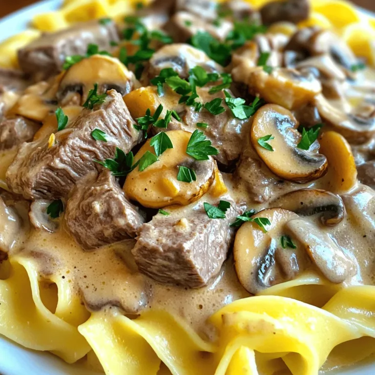 To make a tasty beef stroganoff, gather these main ingredients: - 1 lb (450g) beef sirloin, thinly sliced - 1 medium onion, finely chopped - 2 garlic cloves, minced - 8 oz (225g) mushrooms, sliced - 1 tablespoon olive oil - 1 tablespoon butter - 2 cups beef broth - 1 tablespoon Worcestershire sauce - 1 teaspoon Dijon mustard - 1 cup sour cream - Salt and pepper to taste - 12 oz (340g) egg noodles These ingredients create the rich, creamy sauce that makes this dish special. The beef sirloin gives a tender bite, while the mushrooms add a nice earthiness. If you want to add more taste, consider these optional ingredients: - A splash of red wine for depth - Fresh thyme or rosemary for a herby touch - A pinch of nutmeg for warmth - Green onions for a mild, oniony flavor Adding any of these can boost the flavor profile. I love using fresh herbs to elevate my dish. To finish your dish, use these garnishes: - Fresh parsley, chopped - A dollop of sour cream on top - Cracked black pepper for a bit of spice Garnishes not only make the dish look nice, but they also add fresh flavors. For the full recipe, visit the provided link. First, cook the egg noodles. Follow the package instructions carefully. Use a large pot of boiling water. Add a pinch of salt for flavor. Cook the noodles until they are al dente. This usually takes about 8-10 minutes. Drain the noodles and set them aside. Next, heat olive oil in a large skillet. Set the heat to medium-high. Add the thinly sliced beef to the skillet. Cook it until it turns brown, about 5 minutes. Remove the beef from the skillet. Let it rest on a plate while you prepare the other ingredients. Now, it’s time for the onions and mushrooms. In the same skillet, add butter. Once it melts, add the chopped onion and minced garlic. Sauté them until the onion becomes clear, about 3 minutes. Then, add the sliced mushrooms. Cook them until they turn golden brown, about 5 minutes. Return the beef to the skillet. Pour in the beef broth, Worcestershire sauce, and Dijon mustard. Stir everything together well. Let the mixture simmer for about 5-7 minutes. This helps the sauce thicken slightly. Lower the heat and add the sour cream. Stir until it’s fully mixed in. Taste the sauce and add salt and pepper as needed. Serve the beef stroganoff over the cooked egg noodles. Garnish with fresh parsley for a nice touch. Enjoy this flavorful home-cooked meal! For the full recipe, check the Full Recipe section. When picking beef for stroganoff, choose tender cuts. I like beef sirloin. It cooks quickly and stays juicy. Flank steak is another good option. Just slice it thinly against the grain. This helps keep the meat tender. Cook the beef over high heat for just a few minutes. This browns the meat well. Avoid overcooking, as it will become tough. Remove the beef from the pan before adding other ingredients. This keeps it juicy and flavorful. To boost the sauce, use good beef broth. A splash of Worcestershire sauce adds depth. I also like to add Dijon mustard for a slight zing. Mix in sour cream at the end for creaminess. Taste and adjust with salt and pepper. Serve stroganoff over egg noodles for a classic touch. You can also use rice or mashed potatoes. Top with fresh parsley for color and taste. Pair it with a side salad for a complete meal. Enjoy every bite of this comforting dish! {{image_2}} Mushrooms add a rich flavor, but some may not enjoy them. You can easily skip mushrooms. Instead, use more onions for flavor. You can also add bell peppers. They bring a nice crunch and sweetness. This version still tastes great and keeps the creamy sauce. If you love chicken, try chicken stroganoff. Use boneless chicken breasts instead of beef. Cook them just like the beef. The sauce will still be creamy and delicious. You can follow the same steps in the full recipe. Serve it over rice or noodles for a hearty meal. Many people need gluten-free meals. You can make stroganoff gluten-free by changing the noodles. Use gluten-free egg noodles or rice. Check the Worcestershire sauce for gluten. Some brands are gluten-free. This way, everyone can enjoy this tasty dish without worry. After enjoying your beef stroganoff, store leftovers in an airtight container. Let it cool to room temperature first. Place the container in the fridge. This keeps your meal fresh for up to three days. Be sure to label it with the date. When ready to eat, reheat beef stroganoff on the stove. Use low heat to avoid burning. Stir gently while warming. This helps keep the meat tender and the sauce creamy. If the sauce is too thick, add a splash of beef broth or water. Stir well and serve it warm. You can freeze beef stroganoff for longer storage. Use a freezer-safe container or bag. Make sure to leave space for expansion. It can last up to three months in the freezer. To thaw, place it in the fridge overnight before reheating. This keeps the flavors intact. Enjoy this comforting dish anytime! You can serve Classic Beef Stroganoff with several delicious sides. I recommend egg noodles, as they soak up the sauce well. You can also serve it with rice or mashed potatoes. For a fresh touch, add a side salad with greens and a light dressing. Steamed vegetables like green beans or broccoli also pair nicely. Yes, you can. To make Classic Beef Stroganoff ahead of time, prepare the dish and let it cool. Store it in an airtight container in the fridge for up to three days. When you are ready to eat, reheat it on the stove over low heat. Add a splash of broth or water if the sauce is too thick. To make a lighter version of Classic Beef Stroganoff, use lean beef like sirloin or tenderloin. You can swap sour cream for Greek yogurt for fewer calories and added protein. Use whole grain noodles for more fiber. You can even add more veggies, like spinach or bell peppers, to boost nutrition without adding many calories. Beef Stroganoff comes from Russia. It dates back to the 19th century. The dish is named after the Stroganov family, who were wealthy merchants. It became popular in many countries, with different versions emerging. Today, it remains a favorite comfort food in many homes. You can find the Full Recipe for Classic Beef Stroganoff above this section. It includes easy steps to create a rich and creamy dish. Enjoy this meal with your family and friends! Classic Beef Stroganoff combines simple ingredients with easy steps. You learn to make tender beef and creamy sauce. I shared tips for great taste and smarter storage. Plus, I offered fun variations for everyone. In the end, this dish is perfect for families and gatherings. With a few tweaks, you can adapt it to your tastes. Enjoy making Beef Stroganoff and impress your friends and family!