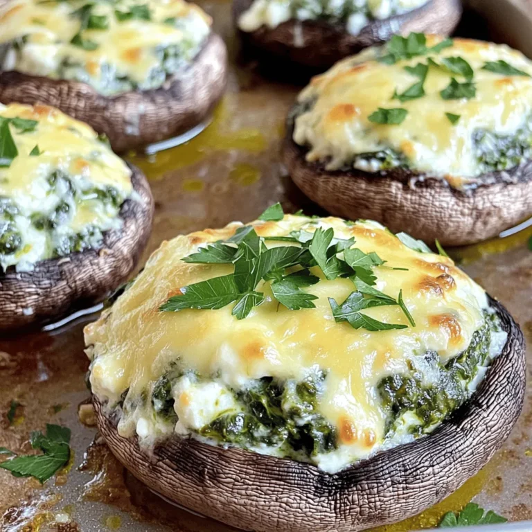 For Cheesy Spinach Stuffed Mushrooms, you need: - 12 large portobello or cremini mushrooms, stems removed - 1 cup fresh spinach, chopped - 1 cup ricotta cheese - 1 cup shredded mozzarella cheese - 1/2 cup grated Parmesan cheese - 2 cloves garlic, minced - 1/4 teaspoon crushed red pepper flakes (optional) - Salt and pepper to taste - 2 tablespoons olive oil - Fresh parsley, chopped for garnish These ingredients come together to create a tasty and cheesy snack. The mushrooms hold the filling well and add a nice earthy flavor. You can add a few optional items to change up the flavor: - Crushed red pepper flakes for heat - Different cheeses like goat cheese or cheddar - Chopped sun-dried tomatoes for sweetness These options help you personalize your dish. Feel free to mix and match based on what you like. Each serving of Cheesy Spinach Stuffed Mushrooms offers: - Calories: 210 - Protein: 12g - Carbohydrates: 8g - Fat: 15g - Fiber: 2g This recipe is not only delicious but also packed with nutrients. You get protein from the cheese and fiber from the spinach, making it a balanced snack. Be sure to check the [Full Recipe] for more details on how to make these tasty bites! First, you need to prepare the mushrooms. I love using large portobello or cremini mushrooms. They hold the filling well. Start by preheating your oven to 375°F (190°C). Next, clean the mushrooms with a damp cloth. This removes dirt and keeps them fresh. Place them on a baking sheet with the hollow side facing up. Now it’s time for the filling. In a skillet, heat 2 tablespoons of olive oil over medium heat. Add 2 minced garlic cloves and sauté for about 1 minute. This makes your kitchen smell amazing! After that, add 1 cup of chopped fresh spinach. Cook it until it wilts, which takes about 2 minutes. Remove the skillet from heat and let it cool a bit. In a mixing bowl, combine 1 cup of ricotta cheese, half of the 1 cup of shredded mozzarella cheese, and 1/2 cup of grated Parmesan cheese. Add the sautéed spinach, crushed red pepper flakes, salt, and pepper. Stir until everything mixes well. Now, fill each mushroom cap with the cheese and spinach mixture. Be sure to pack it slightly for a good fit. Top each stuffed mushroom with the remaining mozzarella cheese. Place the filled mushrooms back on the baking sheet and bake them for about 20-25 minutes. You want the mushrooms to be tender and the cheese to be melted and bubbly. Once done, take them out of the oven. Let them cool for a few minutes. Garnish with fresh chopped parsley before serving. For the full recipe, check out the section above. Enjoy your tasty Cheesy Spinach Stuffed Mushrooms! For Cheesy Spinach Stuffed Mushrooms, I love using ricotta, mozzarella, and Parmesan. These cheeses blend well and create a creamy filling. You can also try goat cheese for a tangy twist. If you want more flavor, add feta cheese. It brings a salty bite to the mix. Mixing cheese gives you a rich taste and a nice texture. To prevent soggy mushrooms, start by cleaning them gently. Use a damp cloth instead of water. This helps keep their structure. Next, make sure to sauté the spinach until it wilts. This reduces moisture in the filling. When you stuff the mushrooms, pack the filling without overloading. This helps the mushrooms cook properly. Serve these stuffed mushrooms warm. They taste best fresh from the oven. For extra flavor, drizzle a bit of olive oil before serving. A sprinkle of fresh parsley adds color and freshness. You can pair them with a simple salad or crusty bread. This adds crunch and complements the dish. For more tips and the full recipe, check the earlier section. {{image_2}} If you want a veggie-packed twist, try adding other vegetables. You can mix in finely chopped bell peppers, artichokes, or even sun-dried tomatoes. These ingredients add color and texture. They also boost the flavor of your Cheesy Spinach Stuffed Mushrooms. You can keep the ricotta and mozzarella for creaminess. This keeps it tasty and vegetarian-friendly. To make these stuffed mushrooms heartier, consider adding protein. Cooked crumbled sausage or diced chicken works well. You can also use beans for a plant-based option. Adding protein makes the dish more filling, perfect for a meal. Just mix your protein of choice with the cheese filling. This way, you add flavor and nutrition. For gluten-free eaters, the good news is that this recipe is naturally gluten-free! Just make sure to check your ingredient labels. Some brands of cheese or seasonings may contain gluten. To keep it safe, use fresh ingredients. Enjoy these stuffed mushrooms without worrying about gluten. They are a perfect snack for everyone! For the full recipe, check out the details above. To store leftovers, let the stuffed mushrooms cool down first. Place them in an airtight container. Make sure to keep them in the fridge. They will last for about three days. If you want to enjoy them later, you can freeze them too. To freeze, wrap each mushroom tightly in plastic wrap. Then, place them in a freezer-safe bag. They can stay frozen for up to three months. When you are ready to eat, thaw them in the fridge overnight. Reheat them in the oven at 350°F (175°C) until warm. This keeps the cheese melted and the mushrooms soft. For storing, I recommend using glass containers with lids. They seal well and do not absorb smells. If you plan to freeze, use heavy-duty freezer bags. They help prevent freezer burn. Always label your containers with the date. This way, you'll know when to enjoy your tasty snacks! For the full recipe, check out the details above. Yes, you can prepare Cheesy Spinach Stuffed Mushrooms ahead of time. You can stuff the mushrooms and store them in the fridge. Just cover them with plastic wrap or foil. They will stay fresh for up to two days. When you are ready to bake, add a few extra minutes to the cooking time. This makes it easy for parties or family dinners. If you don’t have ricotta cheese, you can use cottage cheese. Just blend it a bit to make it smooth. Cream cheese also works well, but it may change the taste a bit. For a dairy-free option, try using tofu blended until creamy. Each substitute gives a unique flavor and texture. You will know the mushrooms are done when they look tender and the cheese is melted. The tops should be golden brown and bubbly. A good cooking time is about 20-25 minutes at 375°F (190°C). Check them after about 20 minutes. Cheesy Spinach Stuffed Mushrooms go well with a fresh salad. A simple green salad with a light vinaigrette is perfect. They also pair nicely with grilled chicken or fish. For a cozy meal, serve them with pasta in a tomato sauce. These flavors mix well and make a great dinner. You can find the full recipe to make these tasty snacks above. This article covered how to make cheesy spinach stuffed mushrooms. We looked at all the ingredients, cooking steps, and tips. You learned about variations and storage options too. In conclusion, these mushrooms are easy to make and fun to eat. With the right cheese and careful baking, they will impress everyone. Play with ingredients to match your taste. Enjoy your delicious stuffed mushrooms!