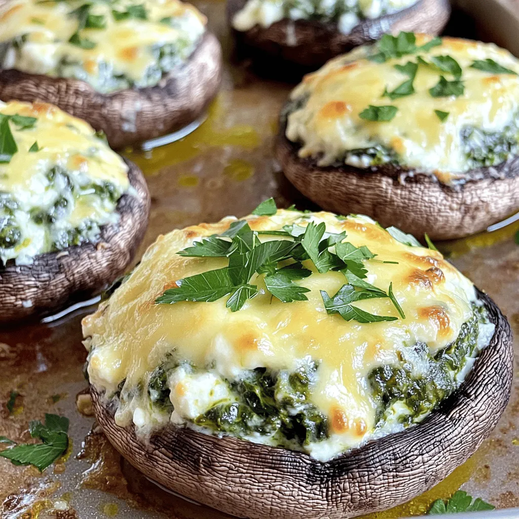 For Cheesy Spinach Stuffed Mushrooms, you need: - 12 large portobello or cremini mushrooms, stems removed - 1 cup fresh spinach, chopped - 1 cup ricotta cheese - 1 cup shredded mozzarella cheese - 1/2 cup grated Parmesan cheese - 2 cloves garlic, minced - 1/4 teaspoon crushed red pepper flakes (optional) - Salt and pepper to taste - 2 tablespoons olive oil - Fresh parsley, chopped for garnish These ingredients come together to create a tasty and cheesy snack. The mushrooms hold the filling well and add a nice earthy flavor. You can add a few optional items to change up the flavor: - Crushed red pepper flakes for heat - Different cheeses like goat cheese or cheddar - Chopped sun-dried tomatoes for sweetness These options help you personalize your dish. Feel free to mix and match based on what you like. Each serving of Cheesy Spinach Stuffed Mushrooms offers: - Calories: 210 - Protein: 12g - Carbohydrates: 8g - Fat: 15g - Fiber: 2g This recipe is not only delicious but also packed with nutrients. You get protein from the cheese and fiber from the spinach, making it a balanced snack. Be sure to check the [Full Recipe] for more details on how to make these tasty bites! First, you need to prepare the mushrooms. I love using large portobello or cremini mushrooms. They hold the filling well. Start by preheating your oven to 375°F (190°C). Next, clean the mushrooms with a damp cloth. This removes dirt and keeps them fresh. Place them on a baking sheet with the hollow side facing up. Now it’s time for the filling. In a skillet, heat 2 tablespoons of olive oil over medium heat. Add 2 minced garlic cloves and sauté for about 1 minute. This makes your kitchen smell amazing! After that, add 1 cup of chopped fresh spinach. Cook it until it wilts, which takes about 2 minutes. Remove the skillet from heat and let it cool a bit. In a mixing bowl, combine 1 cup of ricotta cheese, half of the 1 cup of shredded mozzarella cheese, and 1/2 cup of grated Parmesan cheese. Add the sautéed spinach, crushed red pepper flakes, salt, and pepper. Stir until everything mixes well. Now, fill each mushroom cap with the cheese and spinach mixture. Be sure to pack it slightly for a good fit. Top each stuffed mushroom with the remaining mozzarella cheese. Place the filled mushrooms back on the baking sheet and bake them for about 20-25 minutes. You want the mushrooms to be tender and the cheese to be melted and bubbly. Once done, take them out of the oven. Let them cool for a few minutes. Garnish with fresh chopped parsley before serving. For the full recipe, check out the section above. Enjoy your tasty Cheesy Spinach Stuffed Mushrooms! For Cheesy Spinach Stuffed Mushrooms, I love using ricotta, mozzarella, and Parmesan. These cheeses blend well and create a creamy filling. You can also try goat cheese for a tangy twist. If you want more flavor, add feta cheese. It brings a salty bite to the mix. Mixing cheese gives you a rich taste and a nice texture. To prevent soggy mushrooms, start by cleaning them gently. Use a damp cloth instead of water. This helps keep their structure. Next, make sure to sauté the spinach until it wilts. This reduces moisture in the filling. When you stuff the mushrooms, pack the filling without overloading. This helps the mushrooms cook properly. Serve these stuffed mushrooms warm. They taste best fresh from the oven. For extra flavor, drizzle a bit of olive oil before serving. A sprinkle of fresh parsley adds color and freshness. You can pair them with a simple salad or crusty bread. This adds crunch and complements the dish. For more tips and the full recipe, check the earlier section. {{image_2}} If you want a veggie-packed twist, try adding other vegetables. You can mix in finely chopped bell peppers, artichokes, or even sun-dried tomatoes. These ingredients add color and texture. They also boost the flavor of your Cheesy Spinach Stuffed Mushrooms. You can keep the ricotta and mozzarella for creaminess. This keeps it tasty and vegetarian-friendly. To make these stuffed mushrooms heartier, consider adding protein. Cooked crumbled sausage or diced chicken works well. You can also use beans for a plant-based option. Adding protein makes the dish more filling, perfect for a meal. Just mix your protein of choice with the cheese filling. This way, you add flavor and nutrition. For gluten-free eaters, the good news is that this recipe is naturally gluten-free! Just make sure to check your ingredient labels. Some brands of cheese or seasonings may contain gluten. To keep it safe, use fresh ingredients. Enjoy these stuffed mushrooms without worrying about gluten. They are a perfect snack for everyone! For the full recipe, check out the details above. To store leftovers, let the stuffed mushrooms cool down first. Place them in an airtight container. Make sure to keep them in the fridge. They will last for about three days. If you want to enjoy them later, you can freeze them too. To freeze, wrap each mushroom tightly in plastic wrap. Then, place them in a freezer-safe bag. They can stay frozen for up to three months. When you are ready to eat, thaw them in the fridge overnight. Reheat them in the oven at 350°F (175°C) until warm. This keeps the cheese melted and the mushrooms soft. For storing, I recommend using glass containers with lids. They seal well and do not absorb smells. If you plan to freeze, use heavy-duty freezer bags. They help prevent freezer burn. Always label your containers with the date. This way, you'll know when to enjoy your tasty snacks! For the full recipe, check out the details above. Yes, you can prepare Cheesy Spinach Stuffed Mushrooms ahead of time. You can stuff the mushrooms and store them in the fridge. Just cover them with plastic wrap or foil. They will stay fresh for up to two days. When you are ready to bake, add a few extra minutes to the cooking time. This makes it easy for parties or family dinners. If you don’t have ricotta cheese, you can use cottage cheese. Just blend it a bit to make it smooth. Cream cheese also works well, but it may change the taste a bit. For a dairy-free option, try using tofu blended until creamy. Each substitute gives a unique flavor and texture. You will know the mushrooms are done when they look tender and the cheese is melted. The tops should be golden brown and bubbly. A good cooking time is about 20-25 minutes at 375°F (190°C). Check them after about 20 minutes. Cheesy Spinach Stuffed Mushrooms go well with a fresh salad. A simple green salad with a light vinaigrette is perfect. They also pair nicely with grilled chicken or fish. For a cozy meal, serve them with pasta in a tomato sauce. These flavors mix well and make a great dinner. You can find the full recipe to make these tasty snacks above. This article covered how to make cheesy spinach stuffed mushrooms. We looked at all the ingredients, cooking steps, and tips. You learned about variations and storage options too. In conclusion, these mushrooms are easy to make and fun to eat. With the right cheese and careful baking, they will impress everyone. Play with ingredients to match your taste. Enjoy your delicious stuffed mushrooms!