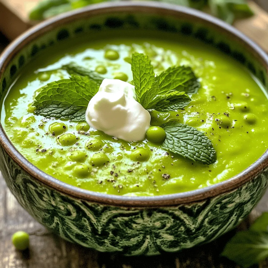 To make a bright and tasty pea and mint soup, gather these key ingredients: - 4 cups fresh or frozen green peas - 1 medium onion, chopped - 2 cloves garlic, minced - 4 cups vegetable broth - 1 cup fresh mint leaves, loosely packed - 1 tablespoon olive oil - Salt and pepper to taste - 1 tablespoon lemon juice These ingredients work well together to create a fresh and flavorful soup. The peas add sweetness, while the mint brings a cool touch. The onion and garlic build a solid base of flavor. Vegetable broth ties it all together. You can add some garnishes to make your soup even better. Here are some great choices: - Crème fraîche - Yogurt - Extra mint leaves These garnishes add creaminess and a nice touch of color. They also enhance the flavor and make the soup look fancy. Pea and mint soup is not just tasty; it is also good for you. Here are some benefits of the main ingredients: - Green peas: Full of fiber and protein, they help with digestion. - Mint: Aids digestion and has a refreshing taste. - Onion: Contains antioxidants and can boost heart health. - Garlic: Good for your immune system and has anti-inflammatory properties. - Vegetable broth: Low in calories and adds minerals without extra fat. This soup provides essential vitamins and minerals, making it a healthy choice for any meal. For the full recipe, check out the details above. To make pea and mint soup, start with a large pot. Heat up the olive oil on medium heat. Once hot, add the chopped onion and minced garlic. Sauté them until the onion is soft and clear, about 5 minutes. Next, add the peas to the pot. Stir and cook for another 2 to 3 minutes. This helps the peas mix with the flavors. Now, pour in the vegetable broth. Bring the mix to a boil. After it boils, lower the heat to a simmer for 10 minutes. Cook until the peas are tender. When the peas are ready, take the pot off the heat. Add the fresh mint leaves. Let it sit for a few minutes. This waiting time helps the mint flavor blend in. After that, use an immersion blender to make the soup smooth. If you don’t have one, a regular blender works too. Just be careful with hot liquids. Stir in the lemon juice next. This adds a nice zing to the soup. Season with salt and pepper to your taste. When blending the soup, work in batches if using a regular blender. Fill it only halfway to avoid spills. Always hold the lid down with a kitchen towel. This keeps steam from escaping and prevents a mess. If you want a super smooth texture, blend longer. If you like some chunks, blend less. If the soup seems too thick, don’t worry! You can add a splash of vegetable broth or water. Stir it in until you get your desired thickness. Remember, it’s all about your taste! Enjoy your fresh bowl of pea and mint soup. For more details, check the Full Recipe. When making pea and mint soup, watch for a few common errors. First, do not overcook the peas. They should stay bright green and tender. Overcooking can dull their fresh taste and color. Second, do not skip the mint. It adds a unique flavor. Fresh mint makes the soup light and refreshing. If you cut back on it, the soup may taste flat. To boost flavors, try adding a squeeze of lemon juice. It brightens the taste and adds zest. You can also use vegetable broth instead of water for more depth. Another tip is to sauté the onion and garlic until soft. This builds a rich base flavor for your soup. Lastly, for a touch of heat, add a pinch of red pepper flakes. Pea and mint soup pairs well with crusty bread. A slice of sourdough or baguette complements it nicely. You can also serve it with a light salad. A simple mixed green salad with vinaigrette works great. For a savory touch, top the soup with crème fraîche or yogurt. This adds creaminess and looks lovely. For a complete meal, try serving it with grilled chicken or fish. You can find the Full Recipe [here](#). {{image_2}} You can make this soup heartier by adding protein. Consider cooked chicken or shrimp. You can also add beans for a plant-based option. If you want more veggies, try adding diced zucchini or spinach. These vegetables will add color and nutrition. Just stir them in during the cooking process. If you want a dairy-free version, skip the crème fraîche or yogurt. Instead, use coconut cream for a rich taste. This keeps the soup creamy while making it vegan. You can also use nutritional yeast to add a cheesy flavor. To boost flavor, consider adding spices. A pinch of cumin or coriander can add warmth. Fresh herbs like basil or chives work well, too. You can also add a dash of cayenne for heat. Experiment with different herbs to find your favorite twist. To keep your leftover pea and mint soup fresh, store it in a sealed container. Use a bowl or jar with a tight lid. Make sure it cools first before sealing. Store it in the fridge if you plan to eat it soon. It can last about 3 to 4 days. If you want to save the soup for later, freezing is a great option. Pour the cooled soup into freezer-safe bags or containers. Leave some space at the top for expansion. Label the bags with the date. The soup can last in the freezer for up to 3 months. When you are ready to use it, just thaw it in the fridge overnight. When reheating your soup, do it gently to keep the flavors. Pour the soup into a pot and heat it on low. Stir it often to prevent sticking. If your soup is too thick, add a bit of water or broth. You can also use a microwave, but stir it every minute for even heating. Enjoy your warm, fresh soup again! For the full recipe, check out the details above. Yes, you can use frozen peas. They are quick and easy. Frozen peas taste great in soup. They hold their color and flavor well. Just add them as you would fresh peas. Pea and mint soup lasts about three days in the fridge. Make sure to store it in an airtight container. This keeps it fresh and tasty. If you want to keep it longer, consider freezing it. This soup pairs well with crusty bread or a fresh salad. You can also serve it with a dollop of crème fraîche or yogurt. For a light meal, add a protein like grilled chicken or shrimp. Yes! Just skip the crème fraîche or yogurt. Use a plant-based yogurt instead. This keeps the soup creamy while making it vegan-friendly. To make a creamier soup, add a splash of coconut milk. This gives it a rich taste and smooth texture. You can also blend in some cooked potatoes for extra creaminess. Absolutely! Adding dill or basil can enhance the flavor. Fresh herbs bring a bright taste to the soup. Just be sure to add them at the end to keep their flavor fresh. Taste the soup before serving. If it needs more flavor, add salt, pepper, or lemon juice. Adjust to your liking, as each batch may vary slightly. Yes! Pea and mint soup is kid-friendly. It has a mild flavor and bright color. Kids often enjoy its sweet taste from the peas. It's a fun way to get them to eat greens! Pea and mint soup is fresh, tasty, and healthy. We covered key ingredients, cooking steps, and tips. You learned how to avoid mistakes and enhance flavors. We also discussed variations to suit your taste and how to store leftovers. Remember, cooking is fun, so feel free to try new things. Enjoy your soup, and make it yours!