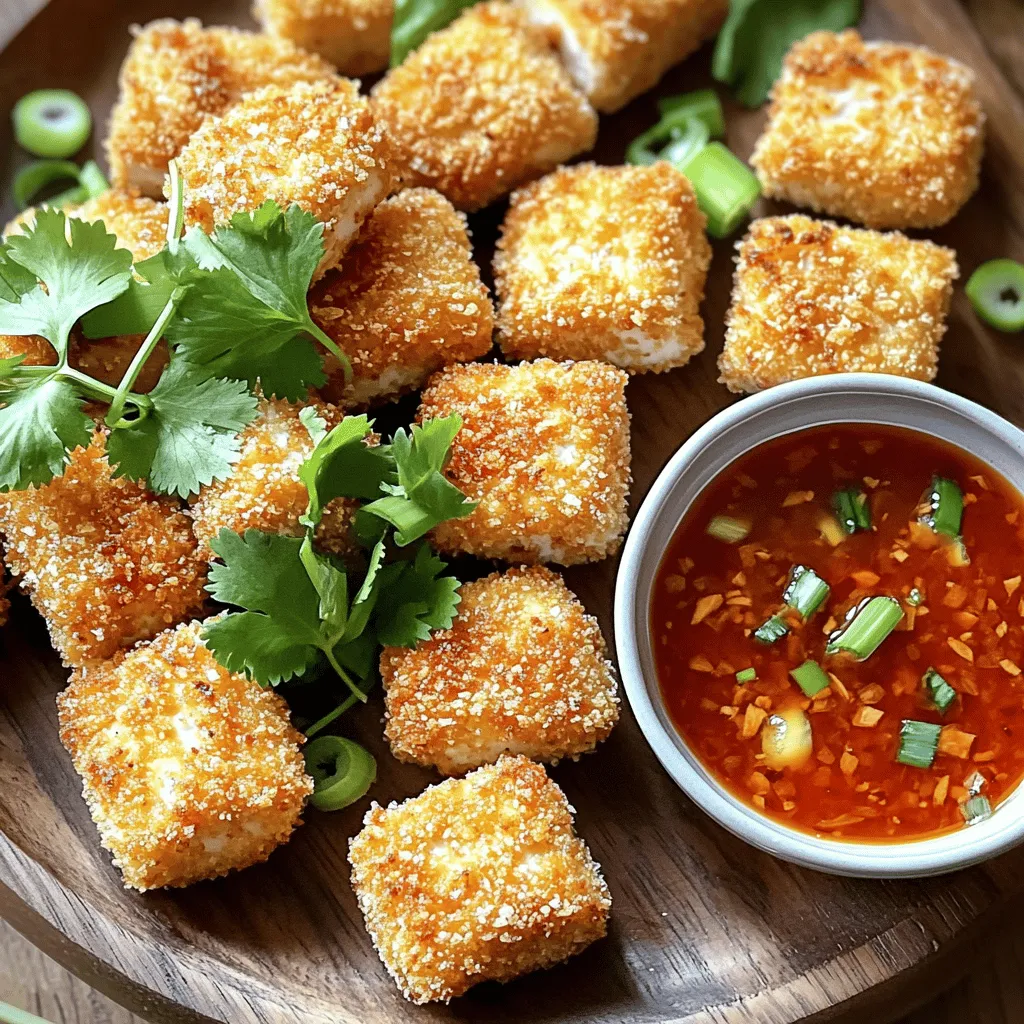 - 1 block (14 oz) firm tofu, drained and pressed - 1/2 cup cornstarch - 1 teaspoon garlic powder - 1 teaspoon onion powder - 1 teaspoon smoked paprika - 1/2 teaspoon cayenne pepper (optional for heat) - Salt and pepper to taste - 1 tablespoon soy sauce - 1 tablespoon olive oil - Cooking spray Crispy air fryer tofu nuggets need firm tofu. This tofu holds its shape well and gives a great texture. Make sure to drain and press it. This step removes excess water and helps the nuggets get crispy. You need a seasoning mix to give the tofu flavor. Combine cornstarch, garlic powder, onion powder, smoked paprika, cayenne pepper, salt, and pepper in a bowl. This mix will coat the tofu and create a crunchy crust when cooked. Soy sauce adds a savory taste, while olive oil helps the nuggets crisp up in the air fryer. Don't skip these! They make a big difference in flavor. - Dipping sauces (sweet chili sauce, vegan ranch) - Garnishes (fresh herbs, scallions) While the nuggets are tasty on their own, dipping sauces add extra flavor. Sweet chili sauce gives a sweet kick. Vegan ranch adds creaminess. Try both to find your favorite! Garnishes like fresh herbs or sliced scallions make the dish look nice. They also add a fresh taste. You can try different herbs to match your style. For the full recipe, check the details above. To start, you need to drain and press the tofu. This step is key. Pressing removes excess water. Squeeze out the moisture for about 15 minutes. You can use a tofu press or wrap the tofu in a clean towel. Place a heavy object on top to help it drain. Next, cut the tofu into bite-sized cubes. Aim for pieces about 1 inch. This shape helps them cook evenly. Uniform sizes ensure each nugget gets crispy. Now it’s time to mix the seasoning blend. In a bowl, combine cornstarch, garlic powder, onion powder, smoked paprika, and cayenne pepper if you like heat. Add salt and pepper to taste. Stir well to mix all the spices. Toss the tofu cubes with soy sauce and olive oil in a separate bowl. Make sure each piece is coated. Then, sprinkle your seasoning mix over the tofu. Toss again until every nugget is covered. This coating gives the tofu its crispy texture. Preheat your air fryer to 400°F (200°C) for about 5 minutes. This step helps achieve that perfect crunch. Lightly spray the air fryer basket with cooking spray to prevent sticking. Place the tofu nuggets in a single layer in the basket. Avoid overcrowding. If you have a small air fryer, cook in batches. This ensures even cooking. Air fry the nuggets at 400°F (200°C) for 12-15 minutes. Halfway through, shake the basket to promote even crispiness. Keep an eye on them. You want them golden brown and crispy when done. Once cooked, let the nuggets cool for a minute before serving. Enjoy them with your favorite dipping sauce. For a full recipe, check out the earlier section. To get that perfect, crispy bite, cornstarch is key. It creates a nice crunch on the outside. When you coat the tofu, make sure every piece is covered. This helps lock in flavor and adds to the texture. Avoid overcrowding in the air fryer. If you place too many nuggets at once, they won’t cook evenly. Give them space to breathe. Cook in batches if needed. This way, you ensure each nugget gets crispy and golden brown. Don’t be afraid to play with flavors! You can add extra seasonings to the mix. Try adding some chili powder for heat or Italian herbs for a different twist. For dipping sauces, sweet chili sauce is a favorite. Vegan ranch also works great. Serve the nuggets with fresh herbs like cilantro or scallions for a pop of color and flavor. These additions can elevate your dish and make it even more enjoyable. For the full recipe, check the [Full Recipe]. {{image_2}} You can change up the flavor of your crispy air fryer tofu nuggets with just a few tweaks. For a spicy kick, add extra cayenne pepper to the seasoning mix. This adds heat and makes the nuggets exciting. If you want a fresh twist, try herbed tofu nuggets. Just use Italian seasoning instead of the usual spices. This will give your nuggets a delightful taste of Italy. Do you not have an air fryer? No problem! You can bake them in the oven. Preheat your oven to 400°F (200°C). Spread the coated tofu nuggets in a single layer on a baking sheet lined with parchment paper. Bake for about 25-30 minutes, flipping halfway through for even crispiness. Another option is pan-frying. Heat a little oil in a pan over medium heat. Cook the nuggets in batches for about 3-4 minutes on each side until golden brown. This method gives a nice, crispy texture on the outside while keeping the inside soft. Feel free to explore these variations and find what you love most! For the full recipe, check out the crispy air fryer tofu nuggets. To store leftover tofu nuggets, first, let them cool completely. This helps keep them crisp. Place the nuggets in an airtight container. Make sure to layer parchment paper between layers to absorb moisture. Store them in the fridge for up to three days. To reheat, use the air fryer for the best results. Set it to 375°F (190°C). Heat the nuggets for about 5-7 minutes. This will help them regain their crunch. You can freeze tofu nuggets for longer storage. Before freezing, let them cool completely. Place them in a single layer on a baking sheet. Freeze until solid, about 1-2 hours. Then, transfer them to a freezer bag. When ready to eat, thaw the nuggets in the fridge overnight. Reheat them in the air fryer to keep the texture. Aim for 375°F (190°C) for 8-10 minutes. This helps maintain their crispy goodness. To make tofu nuggets crispy, focus on temperature and cooking time. Preheat your air fryer to 400°F (200°C). This high heat helps create that golden crust. Cook the nuggets for 12-15 minutes. Remember to shake the basket halfway through to ensure even cooking. This step is key for maximum crispiness. You can use soft tofu, but it will change the texture. Soft tofu is more delicate and may not hold its shape well. This could lead to mushy nuggets instead of crispy ones. Firm tofu gives you the best texture and a nice crunch. Dipping sauces can elevate your tofu nuggets. Some popular choices include sweet chili sauce and vegan ranch. You can also try sriracha for heat or soy sauce for a savory touch. Pairing these sauces adds extra flavor and makes the meal more enjoyable. This blog post gave you a clear path to making tasty tofu nuggets. You learned about key ingredients, preparation steps, and best cooking methods. Using firm tofu is essential for that perfect crunch. Remember to coat the tofu well and keep the air fryer basket loose for even cooking. Try out different flavors and sauces to keep things exciting. Store leftovers wisely so they stay fresh. With a little practice, you'll create a yummy, healthy snack every time. Enjoy your cooking journey!