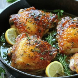 - 4 bone-in, skin-on chicken thighs - 4 cloves of garlic, minced - 2 tablespoons fresh rosemary, chopped - 2 tablespoons fresh thyme, chopped - 1 lemon (zested and juiced) - 3 tablespoons olive oil - Salt and black pepper to taste - 1 teaspoon paprika - ½ cup chicken broth When I prepare Baked Garlic Herb Chicken, I always use bone-in, skin-on thighs. They stay juicy and add great flavor. Fresh garlic and herbs like rosemary and thyme are key to this dish. They bring a bright taste and aroma. The lemon zest and juice add a nice tang. Olive oil helps the skin crisp up beautifully. Don't forget to season with salt, pepper, and a bit of paprika. The chicken broth keeps the chicken moist as it bakes. - Fresh parsley for garnish - Lemon wedges for serving I love to garnish my chicken with fresh parsley. It adds a lovely color and taste. Lemon wedges are great too. They give a fresh squeeze right before you eat. This makes every bite even better! If you want to learn more, check out the Full Recipe for all the steps and details. To make a tasty marinade, start by mixing together the minced garlic, chopped herbs, lemon zest, and lemon juice in a bowl. Add the olive oil, salt, pepper, and paprika. Stir everything until it blends well. This marinade gives your chicken a burst of flavor. Next, take your chicken thighs and dry them with paper towels. This step is key for crispy skin. Coat the chicken well with the marinade in a bowl or ziplock bag. Let it marinate for at least 30 minutes. For the best taste, marinate for 2 hours in the fridge. Heat some olive oil in an oven-safe skillet over medium-high heat. Once the oil is hot, carefully place the chicken thighs skin-side down in the skillet. Sear them for about 5 to 7 minutes. You want the skin to turn golden brown and get crispy. After searing, flip the chicken thighs over. Pour in the chicken broth and transfer the skillet to your preheated oven at 400°F. Bake the chicken for 25 to 30 minutes. Make sure the internal temperature reaches 165°F. This ensures the chicken is juicy and tender. You can find the full recipe at the beginning of this article. To get that perfect crispy skin, start by drying the chicken thighs. Pat them with paper towels. This step is key. Moisture on the skin will steam the chicken, not crisp it. Next, sear the chicken at the right heat. Use medium-high heat for the skillet. This helps the skin get golden brown. If the heat is too low, you won’t achieve that crunch. Marinating adds great flavor. For the best taste, let the chicken marinate for at least 30 minutes. If you have more time, try for 2 hours in the fridge. The longer, the better! If you have extra marinade, store it in the fridge. Use it within a day or two. Never reuse marinade that touched raw chicken. To ensure your chicken is safe to eat, check its internal temperature. Use a meat thermometer. It should read 165°F (75°C). If it isn’t cooked through, return it to the oven. Cook for an additional 5-10 minutes. Check again until it reaches the right temperature. This way, you get a juicy, safe meal every time. {{image_2}} You can change the herbs to fit your taste. If you want a milder flavor, use basil instead of rosemary. Oregano adds a nice touch too! Try mixing different herbs for fun. You can even use dried herbs if fresh ones are not available. Just remember, dried herbs are stronger, so use less. Want some heat? Add chili flakes or cayenne pepper to the marinade. This will give your chicken a spicy kick. You can also try smoked paprika for a deeper flavor. Feel free to adjust the spice level to match your taste. You can cook this chicken in other ways too! If you have a slow cooker, that works great. Just add all the ingredients and let it cook on low for six hours. If you like grilling, cook the chicken on a medium grill. This will give it a nice smoky taste. No matter how you cook it, the chicken will still be juicy and full of flavor! Store leftover chicken in an airtight container. Cool the chicken to room temperature before sealing. Keep it in the fridge for up to three days. For best taste, eat it within two days. If you have lots of leftovers, divide them into smaller portions. This makes it easy to grab when you're hungry. When reheating chicken, keep it moist. Preheat the oven to 350°F (175°C). Place the chicken in an oven-safe dish and cover it with foil. Heat for about 15-20 minutes. You can also use the microwave. Place the chicken on a microwave-safe plate. Heat in short bursts, about 1-2 minutes, checking often. Add a splash of chicken broth to keep it juicy. If you want to freeze baked chicken, wrap it tightly in plastic wrap or foil. Place it in a freezer bag to avoid freezer burn. It can last up to three months in the freezer. To thaw, move it to the fridge overnight. You can also use the microwave on the defrost setting. Always heat it to an internal temperature of 165°F (75°C) before eating. Yes, you can use boneless chicken thighs! They cook faster than bone-in thighs. Reduce the baking time to about 20-25 minutes. Always check the internal temperature. It should reach 165°F (75°C) for safe eating. Boneless thighs will still hold great flavor, but they may not be as juicy as bone-in thighs. Many sides work well with Baked Garlic Herb Chicken. Here are some tasty options: - Roasted vegetables, like carrots and broccoli - Creamy mashed potatoes - Fresh green salad with a light vinaigrette - Quinoa or rice pilaf for a grain option - Garlic bread for a nice touch These sides will enhance your meal and balance the rich flavors of the chicken. To get the best flavor in your marinade, focus on these tips: - Use fresh herbs for a bright taste. - Let the chicken marinate longer; 2 hours is best. - Add a splash of vinegar for extra tang. - Zest the lemon for a bright, citrus note. - Don’t skip the salt; it enhances all flavors. These steps will help you create a rich, flavorful chicken that stands out. Looking for the detailed recipe of Baked Garlic Herb Chicken? Check the above sections for all ingredients and instructions! In this blog post, we explored how to make Baked Garlic Herb Chicken. We covered the main ingredients you need, like chicken thighs, garlic, and fresh herbs. You learned the steps to prepare, marinate, sear, and bake the chicken for tasty results. I shared tips for crispy skin and variations to try. Lastly, I provided storage and reheating advice. Enjoying this dish can be easy and rewarding. Try making it your own with different herbs and spices. You'll impress everyone with your cooking!