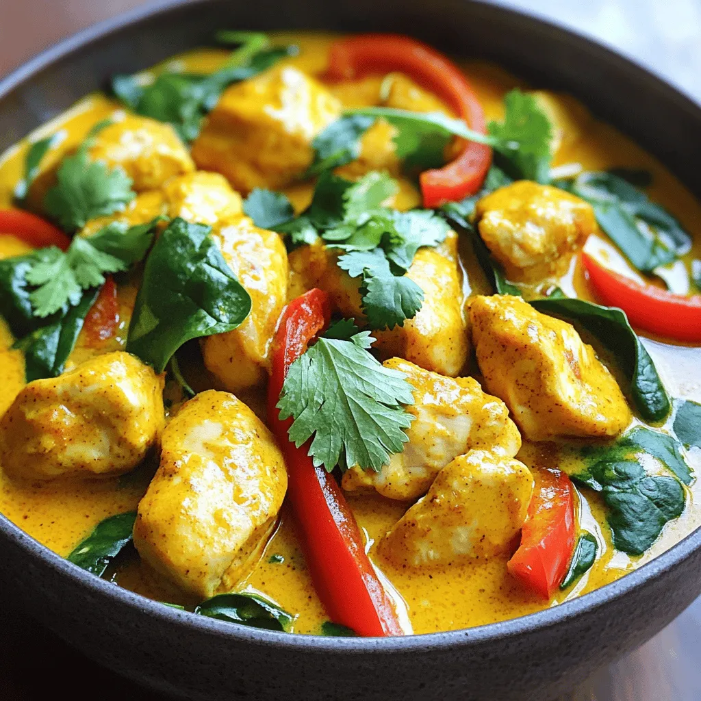 - 500g chicken breast, cut into bite-sized pieces - 1 can (400ml) coconut milk - 1 large onion, finely chopped - 3 cloves garlic, minced - 1 tablespoon ginger, minced - 2 tablespoons curry powder - 1 teaspoon turmeric powder - 1 teaspoon cumin seeds - Salt and pepper to taste - 1 red bell pepper, sliced - 1 cup spinach leaves - Fresh coriander for garnish Gather these fresh ingredients before you start cooking. Using fresh spices and herbs makes a big difference in taste. You can find many of these items at your local grocery store. The chicken breast is the main protein, while coconut milk adds a creamy texture. Onions, garlic, and ginger bring a lovely aroma. The spices create a warm flavor. Curry powder gives depth, while turmeric adds color. Cumin seeds offer a nice crunch and flavor boost. Don't forget to check your pantry for salt and pepper to season your dish. For a pop of color and nutrition, I love adding red bell peppers and spinach. They cook quickly and add freshness to the curry. Fresh coriander is the final touch for a bright and tasty garnish. For the complete cooking process, check the Full Recipe. 1. In a large pot, heat 2 tablespoons of vegetable oil over medium heat. 2. Add 1 teaspoon of cumin seeds. Let them sizzle for a few seconds until they smell good. 3. Next, add 1 large onion, finely chopped, along with 3 minced garlic cloves and 1 tablespoon of minced ginger. 4. Sauté this mix for 5-7 minutes. You want the onion to turn soft and clear. 5. Stir in 2 tablespoons of curry powder and 1 teaspoon of turmeric powder. Cook for 1 minute to bring out the spice flavors. 1. Add 500g of chicken breast, cut into bite-sized pieces. Season with salt and pepper. 2. Cook the chicken for about 5 minutes. You want it to lose its pink color on the outside. 3. Pour in 1 can of coconut milk, scraping any tasty bits off the pot bottom. 4. Bring the mix to a simmer. Then, lower the heat and cook for 15 minutes with the lid off, stirring now and then. 1. Stir in 1 sliced red bell pepper and 1 cup of spinach leaves. Cook for another 5 minutes until the spinach wilts and the bell pepper becomes soft. 2. Taste, then adjust the seasoning with more salt and pepper if needed. 3. Serve hot in deep bowls, and enjoy your Simple Chicken Curry with rice or naan. For the full recipe, check out the details above! To make your chicken curry shine, use fresh spices. Fresh spices bring out the best flavor. Always check your spice jar. If they smell weak, it’s time to buy new ones. Letting the curry simmer helps deepen the taste. A slow simmer allows flavors to combine. It makes your dish rich and tasty. Sautéing your ingredients gives a better taste than boiling. Sautéing adds a nice browning effect. This makes the dish more appealing. To avoid dry chicken, cook it just until it’s no longer pink. Overcooking makes chicken tough. Use a meat thermometer if you have one. Aim for 165°F (74°C) for safe cooking. Serve your curry with rice or naan for the best experience. Steamed rice soaks up the sauce well. Naan is perfect for scooping up the curry. For a beautiful dish, serve in deep bowls. Garnish with fresh coriander. This adds color and a burst of flavor. Enjoy your simple chicken curry with family and friends. For complete details, see the Full Recipe. {{image_2}} You can make your chicken curry more exciting by adjusting the heat level. Add chili peppers to give it a kick. You can use fresh or dried peppers depending on your taste. Start with a small amount, then add more as needed. Different curry powders can change the flavor. You might try garam masala for warmth or Madras curry powder for a spicy twist. Each type brings its own unique taste. Explore different blends to find your favorite! Chicken curry varies by region. Indian and Thai chicken curries have distinct flavors. Indian curry often uses spices like cumin and coriander. Thai curry highlights coconut milk and fresh herbs. You can swap ingredients to make your own version. For a creamier texture, try using coconut milk alternatives. Almond milk or cashew cream can work well. They add a nutty flavor and keep the dish rich. If you want a vegetarian option, swap chicken for tofu. Firm tofu holds up well in the curry. It absorbs flavors and adds protein. You can also use shrimp or beef instead of chicken. Shrimp cooks quickly and adds a nice seafood touch. Beef gives a hearty flavor. Just adjust cooking times to ensure everything is cooked perfectly. These variations let you customize your simple chicken curry. You can find the full recipe for a classic version [here](#). Enjoy experimenting! Store leftover chicken curry in airtight containers. Use glass or plastic containers with tight lids. This keeps the curry fresh longer. It will stay good for about 3 to 4 days in the fridge. Always let it cool before sealing the container. You can freeze chicken curry for later use. Portion the curry into freezer-safe bags or containers. Try to remove as much air as possible. It can last up to 3 months in the freezer. When ready to eat, thaw it overnight in the fridge. Reheating best practices include warming it on the stove over low heat. Stir occasionally to avoid burning. You can also use a microwave, but cover it loosely. Heat in short bursts, stirring in between. Leftover chicken curry is quite versatile. You can add it to rice or noodles for a quick meal. Another option is to transform it into a soup. Just add some broth and veggies. You can also make wraps with leftover curry. Spread it on a tortilla, add fresh greens, and roll it up. This way, you can enjoy your curry in a new way! For more ideas, check out the Full Recipe. Making Simple Chicken Curry takes about 40 minutes. You spend around 15 minutes on prep. Cooking takes about 25 minutes. This quick time makes it perfect for busy evenings. You can enjoy a warm, tasty meal without a long wait. Yes, you can make this curry dairy-free. Instead of coconut milk, try using almond or oat milk. These alternatives still give a creamy texture. They can also add new flavors. Always check the labels for added sugars or other ingredients. Chicken curry pairs well with several sides. Here are some popular options: - Steamed rice - Naan bread - Quinoa - Roti - Fresh salad These sides will enhance your meal. They soak up the curry sauce nicely. For a complete meal, don’t forget to add a garnish of fresh coriander. Serve everything in deep bowls to make it look inviting. Enjoy your cooking! This blog post showed how to make a simple chicken curry. We covered ingredients, spices, and cooking steps. I included tips for flavor and serving ideas. You can also try new ingredients or variations for fun. Remember, this dish is great for sharing or enjoying later. Cooking should be enjoyable and easy. I hope you feel confident making this meal at home. Enjoy your delicious chicken curry experience!