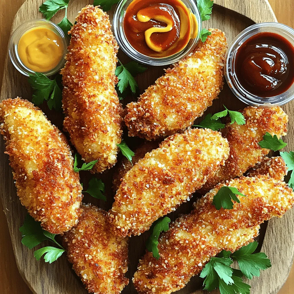 - 1 pound boneless, skinless chicken breasts - 1 cup buttermilk (or milk mixed with 1 tablespoon vinegar) - 1 cup all-purpose flour - 1 cup panko breadcrumbs - 1 teaspoon paprika - 1 teaspoon garlic powder - 1 teaspoon onion powder - 1 teaspoon salt - 1/2 teaspoon black pepper - 1/2 teaspoon cayenne pepper (optional for heat) - 2 large eggs, beaten - Vegetable oil (for frying) To make crispy chicken tenders, you need a few key items. Start with boneless, skinless chicken breasts. This cut cooks evenly and stays juicy. You can use buttermilk to soak the chicken. If you don’t have buttermilk, mix milk with vinegar. Next, gather the dry ingredients. All-purpose flour gives a great base for the crunch. Panko breadcrumbs add a light and crispy layer. They create a perfect texture when fried. Now, let's talk about flavor. Season your mixture with paprika, garlic powder, and onion powder. These spices give the chicken a warm and savory taste. Add salt and black pepper for balance. If you want heat, include cayenne pepper. Lastly, you need two eggs for coating and vegetable oil for frying. The oil helps achieve that golden brown color. For the full recipe, check the steps to bring this dish to life! - Start by soaking the chicken strips in buttermilk for at least 30 minutes. This step makes the chicken tender and juicy. The buttermilk adds flavor too. If you don't have buttermilk, mix regular milk with a tablespoon of vinegar. This will work just fine! - While the chicken soaks, prepare your coating station. You will need three bowls: one for the flour mixture, one for the eggs, and one for breadcrumbs. Place everything in a row to make the process smooth and easy. - In your first bowl, mix the dry ingredients. Combine all-purpose flour, paprika, garlic powder, onion powder, salt, black pepper, and cayenne pepper. This mix adds a punch of flavor to your tenders. - In your second bowl, crack the eggs and beat them lightly. This will help the breadcrumbs stick to the chicken. - Now, take the chicken out of the buttermilk. Let the excess liquid drip off. First, coat each strip in the flour mixture, shaking off any extra flour. Next, dip the chicken into the beaten eggs, ensuring it’s well-coated. Finally, roll the chicken strips in panko breadcrumbs. Press gently to ensure the crumbs stick well. - Heat about 1/4 inch of vegetable oil in a large skillet over medium-high heat. To check if the oil is hot enough, drop in a breadcrumb. It should sizzle right away. - Carefully add the breaded chicken tenders to the hot oil. Fry them in batches to avoid overcrowding. Cook for about 4-5 minutes on each side. Look for a golden brown color and ensure the chicken is cooked through. - Once done, transfer the chicken tenders to a paper towel-lined plate to drain excess oil. This helps keep them crispy and not greasy. For the full details on this delicious recipe, refer to the Full Recipe. Panko breadcrumbs are key to making your chicken tenders crispy. They are light and airy, which helps create a perfect crunch. Regular breadcrumbs can’t match that texture. For the best results, use fresh panko. Oil temperature matters, too. Heat the oil over medium-high heat. Drop a breadcrumb into the oil. If it sizzles, the oil is ready. If it’s too hot, the outside will burn before the chicken cooks. Too cool, and the chicken will absorb oil, making it greasy. Dipping sauces add fun to your meal. Try honey mustard, BBQ sauce, or ranch. Each sauce adds its unique flavor and makes every bite special. For presentation, serve your crispy chicken tenders on a colorful platter. Arrange them in a fan shape. Add fresh parsley for a pop of color. This not only looks great but also makes the meal feel special. Avoid overcrowding the pan when frying. If you add too many chicken strips, they will steam instead of fry. This leads to soggy tenders. Fry in small batches for the best results. After frying, let the chicken drain properly. Place the tenders on a paper towel-lined plate. This step helps remove excess oil and keeps your chicken crispy. If you skip this, your tenders may become soggy fast. For the full recipe, check out the detailed instructions above. {{image_2}} You can switch things up with different cooking methods. Baking chicken tenders is simple. Preheat your oven to 400°F (200°C). Place the breaded chicken on a baking sheet. Spray the tenders lightly with oil for a crispy finish. Bake for about 20 minutes, flipping halfway through. This method cuts down on oil and keeps them crispy. Air frying is another great option. Set your air fryer to 375°F (190°C). Arrange the chicken tenders in a single layer in the basket. Cook for about 10 to 12 minutes. Flip halfway to ensure even cooking. You will get a crunchy texture without frying in oil. Want to spice things up? You can make a spicy version by adding more cayenne pepper or your favorite hot sauce to the egg mixture. This adds a kick that many will enjoy. For a more herbal taste, try mixing dried herbs like thyme or oregano into the flour. These herbs give a fresh twist to your chicken tenders. If you want to make it healthier, consider using whole wheat flour. It adds fiber and nutrients. You can also use gluten-free flour if needed. This keeps the recipe inclusive for all diets. Baking instead of frying is another smart choice. It helps reduce calories and fat but still gives you tasty tenders. Explore these options to find what fits your needs! For the full recipe, check out the earlier section. To store leftover chicken tenders, let them cool first. Place them in a shallow container. Make sure to cover the container tightly with a lid or plastic wrap. This keeps the chicken moist and fresh. You can keep them in the fridge for up to three days. Glass or BPA-free plastic containers work best for storage. They help maintain the chicken's flavor and texture. You can freeze chicken tenders before or after cooking. If you freeze them raw, coat them and place them on a baking sheet. Freeze until solid, then transfer to a freezer bag. If you freeze them cooked, let them cool first. Then, wrap each piece in plastic wrap and place in a freezer bag. This keeps them fresh for up to three months. When you’re ready to eat, thaw them overnight in the fridge. To reheat chicken tenders and keep them crispy, the oven or air fryer works best. Preheat your oven to 400°F (200°C). Place the tenders on a baking sheet and heat for about 10-15 minutes. For the air fryer, set it to 350°F (175°C) and heat for about 5-7 minutes. This method restores their crunchiness. You can also use a microwave, but they may get soggy. Always check the temperature to ensure they are fully heated. To make crispy chicken tenders, start by soaking the chicken in buttermilk. This step keeps the meat juicy. Next, prepare your coating. Mix flour with spices like paprika, garlic powder, and onion powder. The flour adds crunch. Then, dip the soaked chicken in flour, eggs, and finally panko breadcrumbs. Fry the chicken in hot oil until golden brown. This method ensures a crispy coating. For a detailed guide, check the Full Recipe. The best way to season chicken tenders is to use a mix of spices. I recommend paprika, garlic powder, and onion powder for a tasty base. Add salt and black pepper for flavor. If you like heat, cayenne pepper gives a nice kick. You can also experiment with dried herbs like thyme or oregano for added taste. Yes, you can make chicken tenders in advance. Prep the chicken by soaking it in buttermilk and coating it. You can store the breaded strips in the fridge for a few hours. This saves time on busy days. Just fry them when you’re ready to eat. You can also freeze them. Just make sure to thaw them before cooking. You can serve chicken tenders with many sides. French fries are a classic choice. For a healthier option, pair them with a fresh salad. You can also serve them with coleslaw or vegetable sticks. Dipping sauces like honey mustard, BBQ sauce, or ranch make great complements too. These sides enhance the meal and make it more fun! In this blog post, I covered the key ingredients and steps for making crispy chicken tenders. We explored important ingredients, like buttermilk and panko breadcrumbs, and shared tips for perfect frying. We discussed healthy variations and storage methods to keep your chicken fresh. Remember, using the right techniques ensures delicious results. Whether you fry, bake, or air fry, these tips make cooking fun. Enjoy your tasty chicken tenders, and don't hesitate to get creative with your flavors!