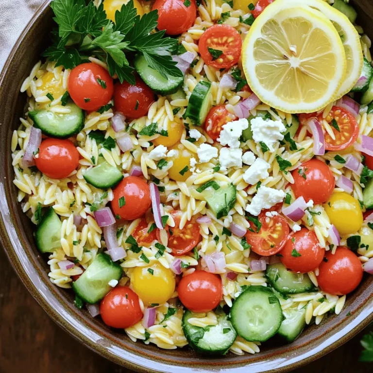 To make a tasty Lemon Garlic Orzo Salad, you will need: - 1 cup orzo pasta - 2 tablespoons olive oil - 3 cloves garlic, minced - 1 lemon (zest and juice) - 1 cup cherry tomatoes, halved - 1 cucumber, diced - 1/2 red onion, finely chopped - 1/4 cup fresh parsley, chopped - 1/4 cup feta cheese, crumbled (optional) - Salt and pepper to taste - 1/2 teaspoon red pepper flakes (optional for a kick) You can add a few items to change the flavor or texture. Here are some ideas: - Avocado for creaminess - Olives for a briny bite - Grilled chicken for protein - Spinach or arugula for added greens Using fresh ingredients makes a big difference. Fresh produce packs more flavor and nutrients. For the best taste, choose ripe cherry tomatoes and crisp cucumbers. Always wash your veggies well. Dried herbs can work in a pinch, but fresh herbs lift the dish. The zest from the lemon brings out the bright flavors. When you can, pick fresh! This salad is a refreshing choice. The lemon and garlic shine through, making each bite a delight. You can check the [Full Recipe](#) for more details. Start by boiling water in a large pot. Add salt to the water for flavor. Once it boils, add 1 cup of orzo pasta. Cook the orzo until it is al dente, about 8 to 10 minutes. Drain the orzo in a colander. Rinse it under cold water to stop cooking. This keeps the orzo firm and fresh. In a small bowl, combine the dressing ingredients. Whisk together 2 tablespoons of olive oil, 3 minced garlic cloves, the zest of 1 lemon, and the juice of that lemon. Add salt and pepper to taste. If you like spice, include 1/2 teaspoon of red pepper flakes. This dressing gives the salad a bright and zesty flavor. In a large mixing bowl, add the cooked orzo. Next, mix in halved cherry tomatoes, diced cucumber, and finely chopped red onion. Add 1/4 cup of fresh chopped parsley for a burst of color. Stir everything gently to combine. Be careful not to mash the ingredients. Pour the lemon garlic dressing over the salad mixture. Toss everything gently until well-coated. If you want, sprinkle 1/4 cup of crumbled feta cheese on top. This adds creaminess. Taste the salad and adjust seasoning if needed. Serve the salad in a large bowl. Garnish with lemon slices and a sprig of parsley for a fresh look. Enjoy it chilled or at room temperature. You can find the full recipe for Lemon Garlic Orzo Salad in the earlier section. To cook orzo just right, start with a large pot of boiling salted water. Add the orzo and stir a bit. Cook it according to the package instructions until it is al dente, which means it should have a tiny bite. Drain the orzo well and rinse it under cold water. This helps cool it down and stops the cooking process. To make a great dressing, use fresh ingredients. I like to whisk together olive oil, minced garlic, lemon zest, and lemon juice in a small bowl. This combo brings out bright flavors. Add salt and pepper, too. If you like some heat, a pinch of red pepper flakes works well. Pour this dressing over your salad just before serving for the best taste. You can boost the flavor of your Lemon Garlic Orzo Salad by adding fresh herbs. Try mixing in chopped parsley, basil, or dill. These herbs add freshness and aroma. For a nice crunch, include diced cucumber and halved cherry tomatoes. If you want creaminess, crumbled feta cheese is a great addition. Each bite should be a mix of textures and flavors. For the full recipe, check out the details above! {{image_2}} You can swap ingredients based on the season. In summer, try adding fresh basil or arugula. In fall, roasted sweet potatoes or butternut squash work well. Use seasonal produce to boost flavor and cut costs. To make this salad vegan, skip the feta cheese. You can add avocado for creaminess. For gluten-free options, replace orzo with quinoa or rice. Both choices keep the salad hearty and delicious. You can change the flavor profile easily. Add fresh mint for a refreshing twist. A pinch of cumin or smoked paprika can create a warm flavor. Experiment with your favorite herbs to create unique tastes. For the full recipe, check the earlier sections. To keep your Lemon Garlic Orzo Salad fresh, place the leftovers in an airtight container. This helps keep the flavors intact and prevents drying out. Make sure to cool the salad to room temperature before sealing it up. If you have extra dressing, store it separately to avoid soggy orzo. Reheating this salad is easy. However, I recommend enjoying it cold or at room temperature for the best taste. If you prefer it warm, gently heat it in a pan on low. Stir it often to warm it evenly without cooking it further. In the refrigerator, your Lemon Garlic Orzo Salad lasts about 3 to 5 days. Be sure to check for any signs of spoilage before eating. If the salad starts to smell off or looks strange, it's best to toss it. The fresher the salad, the better it tastes, so enjoy it soon after making! For the full recipe, refer back to the notes above. If you can’t find orzo, try using rice or quinoa. Both have a nice texture. You can also use small pasta shapes like ditalini or couscous. They all mix well with the salad. This salad stays fresh for about three days in the fridge. Store it in an airtight container. The flavors will blend, making it even tastier over time. Yes, you can make this salad a day in advance. Just keep the dressing separate until serving. This keeps the veggies crisp and fresh. Absolutely! This Lemon Garlic Orzo Salad is great for meal prep. You can portion it out for lunches. Just remember to store the dressing separately. You can add protein easily! Grilled chicken, shrimp, or chickpeas work well. This makes the salad more filling and adds extra flavor. In this blog post, we covered the vital steps to make a fresh Lemon Garlic Orzo Salad. We explored key ingredients, cooking methods, and tips for flavor. I shared helpful tricks for perfecting orzo and ways to adjust the recipe for your needs. Remember, fresh ingredients can boost taste. Storing leftovers properly keeps them tasty longer. You can adapt this dish to suit any diet or preference. Try it out, and enjoy your delicious creation!