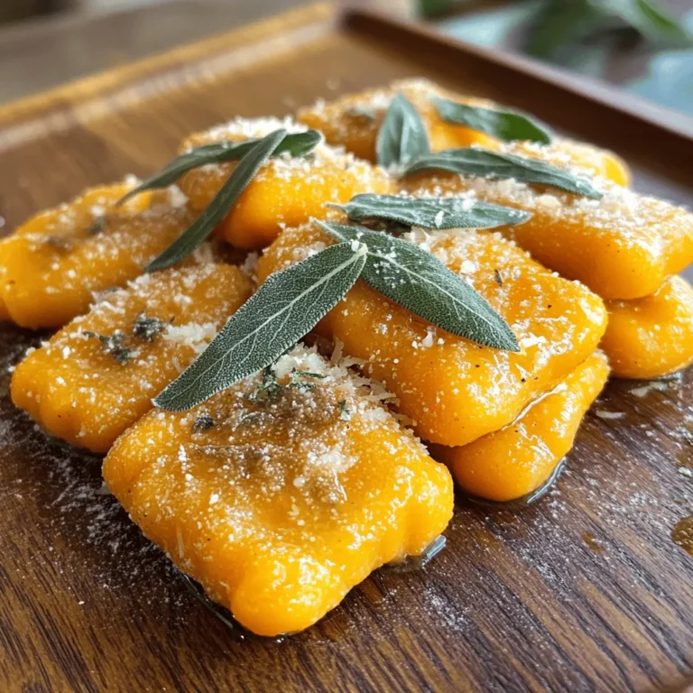 To make sweet potato gnocchi with sage, you need fresh and simple ingredients. Here’s what you will need: - 2 large sweet potatoes, cooked and mashed - 1 ½ cups all-purpose flour, plus extra for dusting - 1 large egg - ½ teaspoon salt - ¼ teaspoon nutmeg - 6 tablespoons unsalted butter - 12 fresh sage leaves - Freshly grated Parmesan cheese for serving - Salt and pepper to taste These ingredients come together to create a warm and comforting dish. The sweet potatoes give the gnocchi a lovely color and flavor, while the sage adds a fragrant touch. The nutmeg and salt enhance the taste, making every bite delightful. When you shop for ingredients, look for fresh sage leaves. Their bright aroma can make a big difference in your dish. Be sure to have plenty of flour on hand for dusting. This helps prevent sticking while you shape the gnocchi. For the perfect finish, don’t forget the Parmesan cheese. It melts beautifully and adds richness to the dish. You can find the full recipe [Full Recipe] to guide you through the cooking process! First, you need to start with the sweet potatoes. I recommend using two large sweet potatoes. Cook them until they are soft, then mash them well. In a large bowl, add the mashed sweet potatoes, one egg, salt, and nutmeg. Mix these ingredients until they are smooth and creamy. Next, gradually add the flour, about one cup at a time. Stir with a fork or your hands until a soft dough forms. Be careful not to overwork it; if it gets too sticky, add a little more flour. Once your dough is ready, it’s time to shape the gnocchi. On a floured surface, divide the dough into four equal sections. Roll each section into a long rope about three-quarters of an inch thick. Then, use a knife to cut the ropes into one-inch pieces. To give the gnocchi their classic look, take a fork and gently press down on each piece to create ridges. This step helps the sauce stick better when you serve them. Now, let’s cook the gnocchi. Bring a large pot of salted water to a boil. Once boiling, add the gnocchi in batches. Avoid overcrowding the pot to ensure even cooking. Cook them until they float to the top, which takes about two to three minutes. When they float, they are ready. Use a slotted spoon to transfer them to a plate. This simple method ensures that your gnocchi will be light and fluffy. For the full recipe, check out the complete list of steps. To get the perfect gnocchi, avoid overworking the dough. Overworking makes the gnocchi tough. Instead, mix until just combined. If the dough feels sticky, add a little more flour. This helps keep it soft and light. Infusing butter with sage is key to great flavor. Start with cold butter in your skillet. Add fresh sage leaves and heat over medium. Stir gently until the leaves get crispy, about 2-3 minutes. Watch closely to prevent burning. Browning the butter adds a nutty flavor. It should turn golden but not dark brown. For a beautiful dish, drizzle sage butter over the gnocchi once plated. This adds shine and flavor. Sprinkle freshly grated Parmesan cheese on top for a salty kick. You can also add crispy sage leaves as a garnish. This not only looks nice but adds extra texture. For the full recipe, check out the Sweet Potato Gnocchi with Sage Butter. {{image_2}} You can easily swap ingredients to fit your needs. If you want a gluten-free version, try using almond flour or a gluten-free all-purpose mix. These flours will give you a different taste and texture but still create tasty gnocchi. If you don’t have sage, you can use thyme or rosemary instead. Both herbs bring a lovely flavor. Just chop them finely and add them to the butter. Want to boost the taste? Add some chopped garlic or shallots to the sage butter. Sauté them for a minute before adding the sage leaves. This step adds a sweet and rich layer of flavor. You can also toss in some veggies or proteins. Spinach or mushrooms work well. If you want protein, consider chicken or shrimp. This way, you’ll have a complete meal in one dish. Serving gnocchi can be fun! You can pair it with a creamy Alfredo sauce or a simple marinara. Both options bring out the sweet potato's flavor and make for a comforting dish. You can also use gnocchi as a base for salads or casseroles. Mix it with fresh greens and a light vinaigrette for a refreshing salad. For a casserole, layer it with cheese and your favorite veggies, then bake until bubbly. For the full recipe, check out my detailed steps for making this dish. After cooking your sweet potato gnocchi, you can store them safely. Place the gnocchi in an airtight container. They can stay in the fridge for about 3 days. If you want to keep them longer, freezing is a great option. Spread the cooked gnocchi on a baking sheet in a single layer. Freeze them for about 1 hour, then transfer them to a freezer bag. This method helps them keep their shape. When you’re ready to eat, reheat the gnocchi gently. You can do this in a skillet with a little butter. Heat them on low to avoid burning. Stir them often to keep them from sticking. This method keeps them soft and tasty. For uncooked gnocchi, the best way to store them is in the freezer. First, place the uncooked pieces on a baking sheet. Make sure they are not touching each other. Freeze them for about 1 hour, then transfer them to a freezer bag. They can last up to 2 months this way. If you want to store them in the fridge, place them in a container lined with parchment paper. This helps absorb moisture. Use them within 1 day for the best taste. Cooked gnocchi can last in the fridge for about 3 days. When frozen, they can last up to 2 months. Uncooked gnocchi also last about 2 months in the freezer. For the best flavor, eat them fresh or within these time frames. Enjoy your sweet potato gnocchi with sage! For more details, check out the Full Recipe. You can tell gnocchi is cooked when they float. This usually takes about 2 to 3 minutes. Watch closely, as they will rise to the surface of the boiling water. When they float, they are done! If you cook them too long, they may become mushy. Yes, you can use canned sweet potatoes. They save time and effort. However, fresh sweet potatoes offer better flavor and texture. Canned sweet potatoes may also have added sugars or preservatives. Always check the label. If you choose canned, drain and mash them well to avoid excess moisture. Sweet potato gnocchi goes well with various sauces. Here are some tasty options: - Sage butter sauce: This classic pairing brings out the sweet flavor of the potatoes. - Brown butter sauce: Adds nuttiness that complements the gnocchi. - Alfredo sauce: This creamy sauce balances the sweetness of the sweet potatoes. - Marinara sauce: A tangy tomato sauce provides a nice contrast. - Herbed olive oil: Drizzle this for a fresh, light option. Explore these sauces with your sweet potato gnocchi for a delightful meal. For the full recipe, check out [Full Recipe]. In this post, we explored how to make sweet potato gnocchi. We covered every step, from mixing ingredients to cooking and serving. Perfecting the dough and sauce can enhance flavor. Remember, small changes like herbs and sauces can transform your dish. Store uncooked gnocchi properly to enjoy later. With our tips, you can create a delicious meal. I hope you feel inspired to try making gnocchi at home. Your kitchen adventures can lead to great tastes and fun experiences. Enjoy your cooking journey!