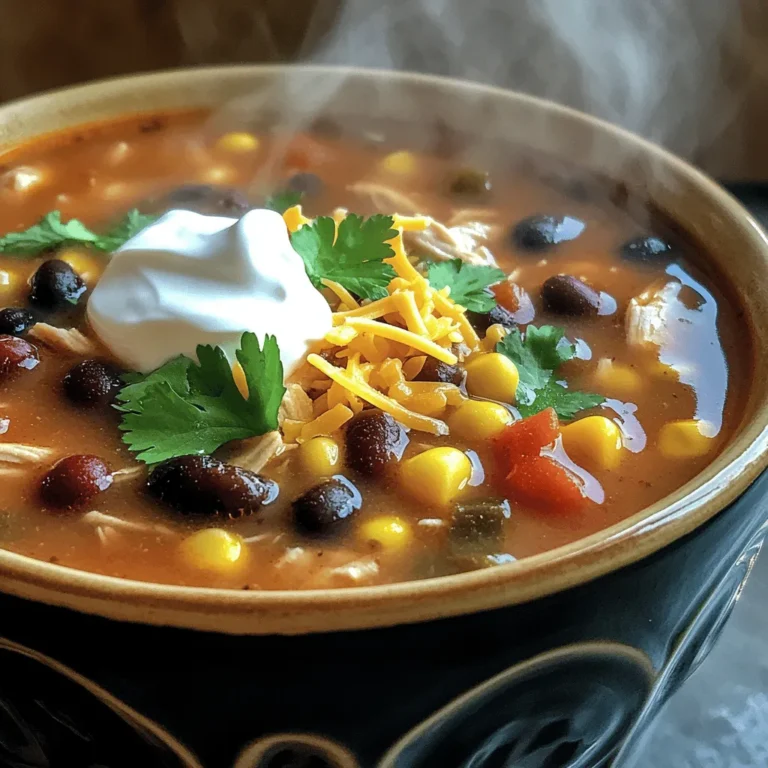 To make the best Crockpot Chicken Taco Soup, gather these key ingredients: - 1 lb boneless, skinless chicken breasts - 1 can (15 oz) black beans, drained and rinsed - 1 can (15 oz) kidney beans, drained and rinsed - 1 can (15 oz) corn, drained - 1 can (14 oz) diced tomatoes, undrained - 1 can (10 oz) diced tomatoes with green chilies - 1 packet taco seasoning - 1 medium onion, diced - 1 bell pepper (any color), diced - 2 cloves garlic, minced - 4 cups chicken broth - 1 tablespoon lime juice - Salt and pepper to taste These ingredients create a rich and hearty flavor in the soup. The chicken adds protein, while the beans boost fiber. The tomatoes and corn bring sweetness, making it a delight. Adding toppings can elevate your soup experience. Here are some tasty options: - Sour cream - Shredded cheese - Diced avocado - Fresh cilantro These toppings add creaminess, crunch, and freshness. They also let you customize each bowl to your liking. Having some cooking staples on hand can help you make this dish easier: - Olive oil for sautéing (if you want to enhance the flavor) - A good-quality chicken broth for depth - Fresh limes for that zesty kick These staples help you create a more flavorful base. They are also great to have for other recipes. You can find the full recipe for this delightful dish in the provided link. Cooking on Low vs. High You can cook this soup on low or high. Cooking on low takes about 6-8 hours. This method makes the chicken very tender. Cooking on high takes 3-4 hours. It also cooks the chicken well, but it may not be as tender. Choose the method that fits your day best. Shredding Chicken Tips Once the chicken is cooked, take it out using tongs. Place it on a cutting board. Use two forks to shred the chicken. Hold one fork steady and pull the chicken with the other fork. This way, it shreds easily. Make sure to shred it well so it blends into the soup. Adding Lime Juice and Seasoning After shredding the chicken, return it to the soup. Stir in the lime juice for a fresh taste. Taste the soup and add salt and pepper as needed. This step brings all the flavors together. Suggested Garnishes When serving, add your choice of toppings. Sour cream adds creaminess. Shredded cheese gives a nice flavor. Diced avocado adds richness. Fresh cilantro brings a burst of color and taste. Feel free to mix and match your garnishes for a fun twist. For the full recipe, check the previous section. Cooking this soup in a crockpot is simple. You can set it on low for 6-8 hours or high for 3-4 hours. I love the low setting for a deep flavor. Just let it simmer slowly! Always check the chicken. It should shred easily when done. Use a meat thermometer to ensure the chicken reaches 165°F. If you want a quicker meal, go for high heat. Taco seasoning is key! It brings out the best in your soup. I always use a packet for ease, but you can make your own too. Just mix chili powder, cumin, garlic powder, and onion powder. This seasoning adds warmth and spice. Don’t skip it! You can also adjust the amount based on your taste. If you like it hot, add more or try spicy varieties. Avoid overcooking the chicken. It can become dry and tough. Make sure to shred it as soon as it’s done. Another mistake is not using enough liquid. The soup needs enough broth to stay hearty. If it looks thick, add more chicken broth or water. Finally, don’t forget to taste! Adjust with lime juice, salt, and pepper before serving. These small steps make a big difference in flavor. For the full recipe, check out the section above! {{image_2}} You can swap out chicken for other proteins. Try turkey for a leaner option. Ground beef can work well too. If you want to make it vegetarian, use beans or lentils. Tofu is another great choice. It absorbs flavors and adds protein. Feel free to add more spices or vegetables. Toss in some diced zucchini or bell peppers for extra crunch. You can also use corn, carrots, or even sweet potatoes. Add cumin or smoked paprika for a deeper flavor. A pinch of chili powder can give it a nice kick. Serve your soup with tasty sides. Cornbread pairs well and adds sweetness. Tortilla chips can give a nice crunch. You can also offer fresh avocado slices or lime wedges. Fresh cilantro adds a bright touch too. Don't forget the sour cream or shredded cheese to finish off your bowl. For more details on making this dish, check the Full Recipe. After cooking your Crockpot Chicken Taco Soup, let it cool. Store it in an airtight container. It will last up to three days in the fridge. Always check for any signs of spoilage before eating. You can freeze this soup for later meals. Use freezer-safe containers or bags. Make sure to leave space for expansion. It will keep well for about three months. Thaw it overnight in the fridge before reheating. To reheat, pour the soup into a pot. Heat it on the stove over medium heat. Stir often to avoid burning. You can also use a microwave. Heat in short intervals, stirring in between. Make sure it is hot all the way through before serving. For added flavor, top with fresh garnishes like sour cream or avocado. For the full recipe, check the full recipe section. To make your soup spicy, add some chopped jalapeños. You can also use hot taco seasoning. Another option is to sprinkle in cayenne pepper. Adjust the heat to fit your taste. Yes, you can use frozen chicken. Just place it in the crockpot without thawing. The cooking time may increase by about an hour. Ensure the chicken reaches 165°F for safety. Your soup will last about 3-4 days in the fridge. Store it in an airtight container. Make sure it cools down before sealing. Always check for signs of spoilage before eating. Great sides for this soup include tortilla chips or a side salad. You can also serve rice or cornbread. These help balance the soup's rich flavors. Yes, you can prepare the soup a day ahead. Store the ingredients in the fridge. Just cook it the next day as normal. This makes for a quick meal on busy days. For the full recipe, check the earlier section. Crockpot Chicken Taco Soup is simple and fun to make. We covered key ingredients and tips for rich flavors. You learned about optional toppings and how to enhance your soup. I shared how to store and reheat your soup safely. Remember to experiment with proteins and spices for new twists. Now, you can enjoy this comforting dish any day. Dive in and make it your own!