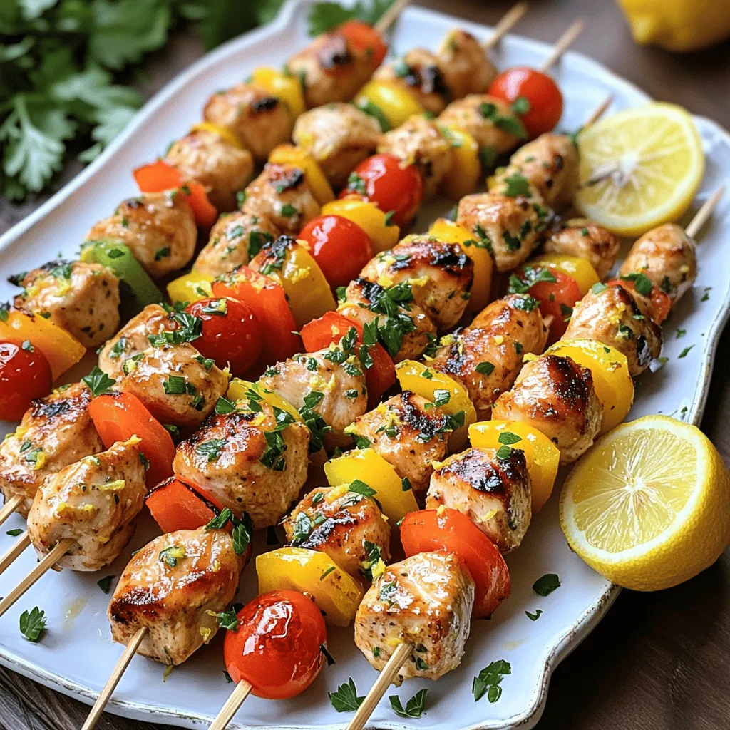 - 1 lb boneless, skinless chicken breasts, cut into 1-inch cubes - 2 large lemons (zest and juice) - 3 tablespoons olive oil - 3 cloves garlic, minced - 1 teaspoon dried oregano - 1 teaspoon paprika - 1 teaspoon salt - ½ teaspoon black pepper - 1 cup cherry tomatoes - 1 bell pepper (any color), cut into 1-inch pieces - Fresh parsley, chopped (for garnish) The main stars of this dish are the boneless, skinless chicken breasts. They soak up the zesty marinade well. The fresh lemons add a bright flavor, both from the zest and juice. Olive oil keeps the chicken moist. Garlic, oregano, paprika, salt, and pepper bring the dish to life. Cherry tomatoes and bell pepper add color and crunch. - Skewers (metal or wooden) - Bowl for marinating - Grill or grill pan You’ll need skewers to hold the chicken and veggies. You can use metal or soak wooden ones in water for 30 minutes. A bowl is perfect for mixing the marinade. Lastly, a grill or grill pan will give those skewers a nice char, enhancing the taste. You can find the full recipe above to guide you through the process. To make the marinade, first, grab a large bowl. Add the zest of two lemons and their juice. Then, pour in three tablespoons of olive oil. Next, add three minced garlic cloves, one teaspoon of dried oregano, one teaspoon of paprika, one teaspoon of salt, and half a teaspoon of black pepper. Whisk all the ingredients together until they blend well. Now, cut your chicken breasts into one-inch cubes. Place the chicken into the marinade and mix it well, so every piece gets coated. Cover the bowl with plastic wrap and let it sit in the fridge. Marinate for at least 30 minutes. If you have more time, letting it sit for two hours will give you even better flavor. While the chicken marinates, you can prepare your grill. Preheat it to medium-high heat. If you use wooden skewers, soak them in water for about 30 minutes. This helps prevent burning. Now, take those marinated chicken cubes and thread them onto your skewers. Alternate with cherry tomatoes and bell pepper pieces for added color and taste. Place the skewers on the grill. Cook them for about 10 to 12 minutes. Turn them occasionally so they cook evenly. You’ll know they’re done when the chicken reaches an internal temperature of 165°F. Once cooked, remove the skewers from the grill. Let them rest for a few minutes. This allows the juices to settle, making the chicken juicy and tender. For a final pop of color and flavor, garnish the skewers with freshly chopped parsley. A few lemon slices will add a nice touch too. Now you have a plate of zesty lemon chicken skewers ready to impress! For the complete recipe, check out [Full Recipe]. Marinating chicken helps it soak up great taste. I suggest marinating for at least 30 minutes. For big flavor, try marinating up to 2 hours. This gives the chicken time to absorb the lemon and spices. To boost the marinade, add honey for sweetness or soy sauce for depth. Fresh herbs like basil or cilantro also add flavor. These small changes can make a big difference. To avoid sticking, oil the grill grates before cooking. You can use a paper towel dipped in oil. This simple step helps the chicken slide off easily. Check for doneness by using a meat thermometer. The chicken should reach 165°F inside. You can also look for clear juices running from the chicken, not pink. For a beautiful display, serve skewers on a large platter. Drizzle leftover marinade over the top for added taste. Garnish with lemon slices and fresh parsley for color. Pair these skewers with a fresh salad or rice for a complete meal. Grilled veggies on the side also make a great match. Explore different side dishes that you love to keep it fun! {{image_2}} You can swap chicken for shrimp or tofu. Shrimp cooks fast and absorbs flavors well. Use the same marinade for shrimp. Just marinate for 15-20 minutes. For tofu, pick firm tofu and cut it into cubes. Marinate it for 30 minutes to soak up the lemon flavor. Grill until golden brown. Both options offer great taste and texture. You can add spices or herbs to change the flavors. Try adding cumin for a warm taste or cayenne for heat. Fresh herbs like basil or cilantro give a fresh touch. You can even use curry powder for an exciting twist. Experiment and find what you love. Your taste buds will thank you for the adventure. Seasonal veggies can really spice up your skewers. In spring, use fresh asparagus or zucchini. In summer, try bell peppers or mushrooms. Fall brings sweet potatoes, which add a nice sweetness. In winter, roasted Brussels sprouts shine. Swap veggies based on what’s fresh and local. This keeps your dish exciting and full of flavor. For the complete recipe, check out the Full Recipe section. To keep your zesty lemon chicken skewers fresh, place them in an airtight container. Store them in the fridge for up to three days. Let the skewers cool before sealing them. If you want to keep them longer, consider freezing. Wrap each skewer in plastic wrap. Then, place them in a freezer bag. They can last up to three months in the freezer. When it's time to enjoy leftovers, reheating properly is key. The best way to reheat grilled skewers is to use an oven. Preheat your oven to 350°F. Place the skewers on a baking sheet. Cover them with foil to keep moisture in. Heat for about 10 to 15 minutes. You can also use a microwave if you are in a rush. Heat on medium power for about 1-2 minutes. Just check that the chicken is warm all the way through. To know if the chicken is done, check the internal temperature. It should reach 165°F (75°C). Use a meat thermometer for accuracy. Also, look at the color of the meat. It should be white and opaque, not pink. This ensures your chicken is safe to eat. Yes, you can prepare these skewers ahead of time. Marinate the chicken in the fridge for up to 2 hours. This helps the flavors soak in. If you want to save time, you can also cut the veggies and chicken the day before. Store them in airtight containers. Just remember to soak wooden skewers for 30 minutes before grilling. Serve the skewers on a large platter for a fun look. Drizzle some of the cooked marinade over the top. This adds flavor and keeps it moist. Pair them with a fresh salad or rice for a complete meal. For dipping, try a yogurt sauce or garlic aioli. These flavors will make your meal pop! For the full recipe, click here. Zesty Lemon Chicken Skewers are simple and fun to make. You learned about the best ingredients like chicken, lemons, and fresh veggies, plus the tools you need. I shared tips for marinating and grilling to boost flavor. We explored ways to modify the recipe and how to store leftovers. Enjoy these skewers at your next meal. They are full of taste and can impress anyone. Try them out, and make mealtime exciting!