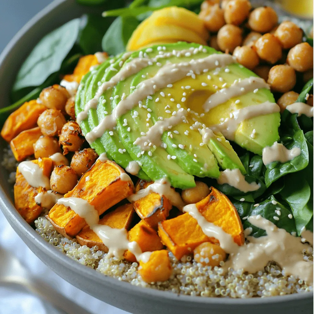 - 2 medium sweet potatoes, peeled and cubed - 1 tablespoon olive oil - 1 teaspoon smoked paprika - 1/2 teaspoon ground cumin - Salt and pepper to taste - 1 can (15 oz) chickpeas, drained and rinsed - 2 cups cooked quinoa - 1 avocado, sliced - 1 cup baby spinach - 1/4 cup tahini - 2 tablespoons lemon juice - 2 tablespoons water (to thin the tahini) - Sesame seeds for garnish Sweet potatoes and chickpeas are the stars of this bowl. Sweet potatoes give a sweet flavor and creamy texture. Chickpeas add protein and fiber, making the dish filling. Quinoa serves as a hearty base. It cooks quickly and has a nutty taste. Avocado adds creaminess and healthy fats. Baby spinach brings fresh crunch to each bite. For the tahini dressing, you mix tahini, lemon juice, and water. This dressing ties all the flavors together in a rich and zesty way. - Additional vegetables like bell peppers or carrots - Grains such as brown rice or farro - Toppings like nuts, seeds, or herbs You can customize your Buddha bowl with more veggies or grains. Try adding roasted bell peppers or crunchy carrots. These options boost flavor and nutrition. Add toppings like seeds or nuts for a nice crunch. Fresh herbs can also brighten up the meal. Sweet potatoes are rich in vitamins A and C. They support eye health and boost your immune system. Chickpeas are high in protein and fiber. They help keep you full and satisfied. Quinoa is a complete protein source. It contains all nine essential amino acids. Avocado is full of healthy fats that can lower bad cholesterol. Together, these ingredients make a balanced meal. For the complete recipe, check out the Full Recipe section. 1. Preheating the oven and preparing the baking sheet Start by setting your oven to 425°F (220°C). This high heat helps the sweet potatoes get crispy. Line a baking sheet with parchment paper for easy cleanup. 2. Tossing sweet potatoes with seasonings Peel and cube the sweet potatoes. In a mixing bowl, add the sweet potatoes. Pour in 1 tablespoon of olive oil. Sprinkle 1 teaspoon of smoked paprika and 1/2 teaspoon of ground cumin over the top. Add salt and pepper to taste. Toss everything until the sweet potatoes are well coated. 1. Timing and indicators for perfect texture Spread the seasoned sweet potatoes in a single layer on the baking sheet. Roast in the oven for 25-30 minutes. You want them to be tender and golden brown when done. 2. Flipping technique for even roasting Halfway through roasting, take the baking sheet out. Use a spatula to flip the sweet potatoes. This helps them cook evenly and get that nice brown color on all sides. 1. Layering quinoa and toppings In serving bowls, start with a base of cooked quinoa. Next, add the roasted sweet potatoes on top. Then, layer in the chickpeas, sliced avocado, and baby spinach. Arrange everything artfully for a colorful look. 2. Drizzling tahini dressing and garnishing To make the tahini dressing, mix 1/4 cup of tahini with 2 tablespoons of lemon juice and 2 tablespoons of water in a small bowl. Drizzle this dressing over the bowl. Finally, sprinkle sesame seeds on top for extra crunch. For the full recipe, check out the details above! To get the best roasted sweet potatoes, cut them into even cubes. Aim for about 1-inch pieces. This helps them cook evenly. Toss the cubes well with olive oil and spices. Use enough oil to coat them but not too much. Roast your sweet potatoes at 425°F (220°C) for 25 to 30 minutes. Flip them halfway through. This keeps them from sticking and helps them brown nicely. The perfect sweet potato is tender inside and crisp outside. Don't overcrowd the baking sheet; give them space to breathe. Common mistakes include not preheating the oven or using too little oil. Avoid cutting the sweet potatoes too small, as they can burn. Also, don’t skip flipping them during roasting. That way, they brown evenly and taste better. When serving your Buddha bowl, think about how to arrange the ingredients. Use deep bowls to create layers. Start with a base of quinoa, then add the roasted sweet potatoes. Place the chickpeas, avocado, and spinach on top. For color, mix dark greens, bright orange, and creamy avocado. This makes the dish pop. Add nuts or seeds for extra texture. A sprinkle of sesame seeds can bring a nice crunch. Drizzle the tahini dressing just before serving to keep it fresh and vibrant. For tahini dressing, start with the basic mix of tahini, lemon juice, and water. If you want it thicker, use less water. If you prefer a thinner dressing, add more water until you reach your desired texture. You can also add garlic or herbs for more flavor. Try mixing in a bit of maple syrup for sweetness or red pepper flakes for heat. Taste as you go to find the right balance that you enjoy most. This dressing not only enhances the bowl but adds a creamy richness that ties everything together. For the complete recipe, check out the [Full Recipe]. {{image_2}} You can add chicken, tofu, or fish to your Buddha bowl. For chicken, grill or bake it first. Cut it into bite-sized pieces. For tofu, press it to remove water. Then, cube it and bake until golden. If you choose fish, like salmon, cook it in a pan or oven until flaky. Cooking times will change based on the protein. Chicken usually needs 20-30 minutes at 375°F (190°C). Tofu may take about 25 minutes at the same temperature. Fish cooks faster, often in 15-20 minutes. Always check for doneness with a meat thermometer or fork. If you want to keep it vegetarian or vegan, swap out any animal products. Use a plant-based protein like tempeh or lentils instead of chicken. You can also use a vegan yogurt or cashew cream in place of tahini. For added protein, consider chickpeas, black beans, or edamame. They blend well with sweet potatoes and quinoa. This keeps your meal healthy and filling. Experiment with different seasonings for unique flavors. Try curry powder or chili flakes for some heat. You can also use fresh herbs like cilantro or parsley to brighten the dish. For dressings, explore options beyond tahini. A simple lemon vinaigrette works great. Combine olive oil, lemon juice, and a bit of honey or maple syrup for a sweet touch. You can even add a spicy sauce like sriracha if you like it hot. To keep your Roasted Sweet Potato Buddha Bowl fresh, store leftovers right away. Place your food in an airtight container. This keeps moisture in and air out. You can also use glass containers. They are safe and do not stain or hold odors. Make sure to refrigerate the bowl within two hours of cooking. This helps prevent any spoilage. When you want to enjoy your leftovers, reheating can be key. You can use a microwave or an oven for the best results. If you use a microwave, heat in short bursts. Stir between each burst to ensure even heating. For the oven, set it to 350°F (175°C). Place your bowl in the oven for about 10-15 minutes. This keeps your sweet potatoes and quinoa warm without making them mushy. If you want a crispy texture, consider reheating the sweet potatoes in a skillet for a few minutes. If you want to save time, you can freeze your Buddha Bowl. Assemble the bowl without the dressing and toppings. This keeps everything fresh. Use freezer-safe containers or bags. Make sure to remove as much air as possible. For best results, eat frozen bowls within three months. When you are ready to eat, thaw the bowl in the fridge overnight. Reheat it as mentioned before, and enjoy your quick meal! A Buddha Bowl is a meal served in a single bowl, filled with various ingredients. It often has grains, vegetables, proteins, and a dressing. The name comes from the idea that the bowl looks like a Buddha's belly. This dish has roots in many cultures and is popular for its balance of nutrition and flavor. Yes, you can make this dish ahead of time. Roast the sweet potatoes and cook the quinoa earlier in the week. Store them in sealed containers in the fridge. You can also prepare the tahini dressing in advance. Just give it a good shake before using. This makes meal prep easy and quick. If you do not have tahini, you can use peanut butter or sunflower seed butter. These alternatives provide a nutty flavor similar to tahini. Greek yogurt is another option for a creamy texture. Just keep in mind that each replacement will change the flavor a bit. This Roasted Sweet Potato Buddha Bowl is mostly gluten-free already. Use quinoa, which is gluten-free, as your base. Ensure that any tahini or other dressings are also gluten-free. Check labels on all packaged items to avoid gluten. This bowl is packed with nutrients. A serving has about 450 calories. It contains: - Sweet Potatoes: Rich in vitamin A and fiber. - Chickpeas: Good source of protein and iron. - Quinoa: Contains all nine essential amino acids. - Avocado: Healthy fats and potassium. - Spinach: Loaded with vitamins and minerals. These ingredients make the dish healthy and filling. For the full recipe, check out the [Full Recipe]. This article shared how to create a tasty Roasted Sweet Potato Buddha Bowl. You learned about the key ingredients like sweet potatoes, chickpeas, and quinoa. We explored tips for perfecting your roasting and assembling the bowl. There are also variations for meat eaters and vegans. Finally, I covered storage, reheating, and meal prep tips. Enjoy this healthy dish, knowing it’s simple and full of flavor. You can make it your own with different ingredients. Happy cooking!
