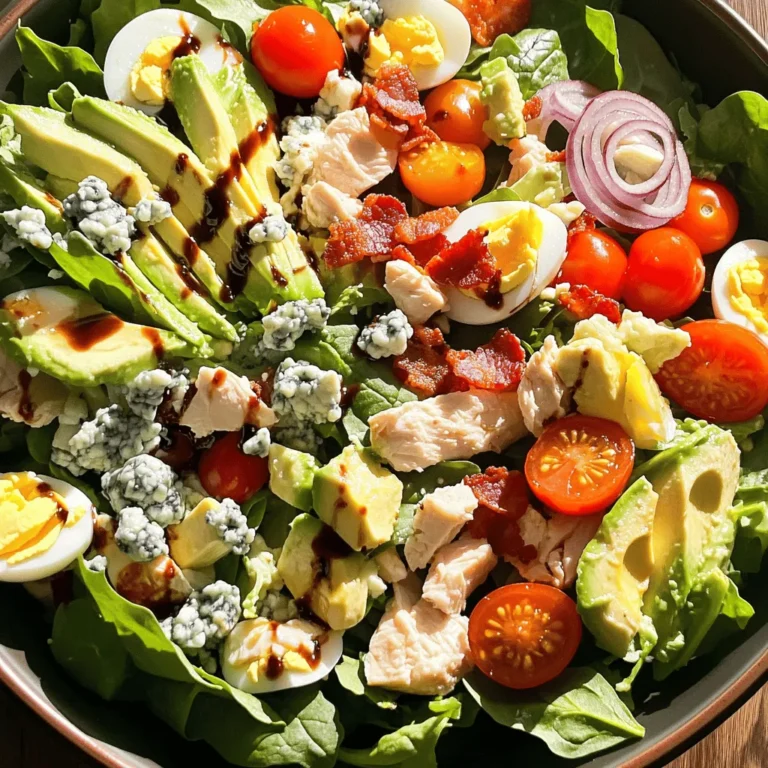 Cobb Salad is a colorful dish filled with fresh flavors. Here are the ingredients you will need: - 4 cups mixed salad greens (romaine, arugula, spinach) - 1 cup cooked chicken breast, diced - 4 slices of crispy turkey bacon, crumbled - 2 hard-boiled eggs, sliced - 1 ripe avocado, diced - 1 cup cherry tomatoes, halved - 1/2 cup crumbled blue cheese - 1/4 cup red onion, thinly sliced - 1/4 cup balsamic vinaigrette dressing - Salt and pepper to taste These ingredients create a tasty mix of textures and flavors. The greens provide a crisp base, while the chicken adds protein. Turkey bacon brings a smoky note, and hard-boiled eggs give a creamy touch. Ripe avocado adds richness, and cherry tomatoes burst with sweetness. Crumbled blue cheese offers a tangy kick, and red onion gives a sharp crunch. Lastly, the balsamic vinaigrette ties everything together. You can find the full recipe with step-by-step instructions to create this delightful salad. Enjoy making it! 1. Layering the greens: Start by placing 4 cups of mixed salad greens at the bottom of your bowl. I like to use a mix of romaine, arugula, and spinach. This gives your salad a crunchy base. 2. Adding proteins and toppings: Next, evenly distribute 1 cup of diced cooked chicken breast over the greens. Then, sprinkle 4 slices of crispy crumbled turkey bacon on top for added flavor. Arrange 2 sliced hard-boiled eggs around the salad for a nice look. After that, scatter 1 ripe diced avocado and 1 cup of halved cherry tomatoes. These ingredients not only add taste but also bring color. 3. Drizzling dressing and seasoning: Finish by sprinkling 1/2 cup of crumbled blue cheese and 1/4 cup of thinly sliced red onion over the top. Drizzle 1/4 cup of balsamic vinaigrette dressing all over the salad. Add salt and pepper to taste. For a final touch, gently toss the salad just before serving. This mixes the flavors while keeping it pretty. 1. Arranging ingredients for aesthetic appeal: When you arrange your salad, think about how it looks. Use colorful ingredients. This makes the salad more inviting. Place ingredients in a way that everyone can see each layer. 2. Importance of color and texture: A great salad has a mix of colors and textures. Bright tomatoes, creamy avocado, and crispy bacon all work well together. This not only makes your salad look good, but it also makes eating more fun. Aim for a balance of greens, yellows, reds, and blues to make your Cobb salad pop. For the full experience, check out the [Full Recipe]. To make a great Cobb salad, start with even layers. Place the greens at the bottom first. This helps the salad look nice and keeps it fresh. Next, add your proteins. Distribute the chicken evenly across the greens. This ensures every bite has chicken. To avoid soggy greens, dry the salad greens well. Use a salad spinner to remove extra water. If you wash them before use, let them sit for a bit. Pat them dry with a paper towel. This keeps your salad crisp and fresh. Want to switch up the dressing? Try a creamy ranch or a zesty vinaigrette. They add a new twist to the Cobb salad. You can also mix Greek yogurt with herbs for a lighter option. For spices, sprinkle some black pepper and a bit of garlic powder. Fresh herbs like parsley or chives can boost the flavor. They add brightness and a nice aroma. Don't shy away from experimenting! Use what you love to make the salad your own. For the full recipe, check out the details above. {{image_2}} You can change up your Cobb salad with fun swaps. If you want a different protein, try grilled shrimp or tofu. Grilled shrimp adds a sweet, smoky taste. Tofu gives a nice, plant-based option for any meal. For vegetables, bell peppers or cucumbers work great. Bell peppers add crunch and sweetness. Cucumbers bring a refreshing, crisp texture. Both swaps keep your salad exciting and new. If you need gluten-free options, focus on fresh ingredients. The salad's base is already gluten-free. Stick to proteins like chicken, shrimp, or tofu. Always check your dressing for gluten-containing ingredients. Most balsamic vinaigrettes are safe, but it's good to double-check. For vegan adaptations, skip the chicken and turkey bacon. Use grilled tofu or chickpeas for protein. You can also replace eggs with avocado for creaminess. Just make sure to use vegan cheese or skip it altogether. These changes keep your Cobb salad tasty while meeting dietary needs. For the full recipe, check out the Crispy Cobb Salad Delight 🥗🥚. To keep your Cobb salad fresh, store it in an airtight container. This method keeps the salad from wilting and losing flavor. You can also separate the proteins and dressing from the greens. This helps maintain the crunch of the salad. If stored properly, leftovers last for about three days in the fridge. If you want to enjoy your protein again, gently reheat it. Use the microwave or a pan on low heat. Avoid high heat, as it can dry out the chicken or bacon. You can also add leftover proteins to a soup or wrap for a new meal. Another idea is to mix leftover salad with cooked pasta for a hearty dish. Cobb Salad comes from America. It was created in the 1930s at the Brown Derby restaurant in Los Angeles. The chef, Bob Cobb, made it late one night for a friend. The salad had many tasty ingredients. It quickly became popular. Today, Cobb Salad is a classic dish enjoyed by many. It represents fresh, vibrant American cuisine. Yes, you can make Cobb Salad in advance! Here are some tips to keep it fresh: - Prep the ingredients: Chop and store greens, proteins, and toppings separately. - Avoid dressing early: Keep the dressing in a small container. Add it just before serving. - Layer wisely: Place heavier items at the bottom of your container. This helps prevent sogginess. - Use airtight containers: This keeps the ingredients fresh longer. If you don’t like blue cheese, you have options! Here are some tasty substitutes: - Feta cheese: It has a similar crumbly texture and salty flavor. - Goat cheese: Soft and creamy, goat cheese adds a nice tang. - Parmesan cheese: Grated parmesan gives a rich flavor without being too strong. - Nutritional yeast: A great vegan option that adds a cheesy taste. For the full recipe, check out the Crispy Cobb Salad Delight! This blog post covered how to create a delicious Cobb Salad. We discussed the key ingredients, helpful preparation methods, and tips for presentation. I shared simple ways to enhance flavor and explore variations for different diets. Lastly, we reviewed storage options and answered common questions. Cobb Salad is versatile and easy to make. Enjoy experimenting with flavors and ingredients. Fresh, tasty meals are just a few simple steps away.