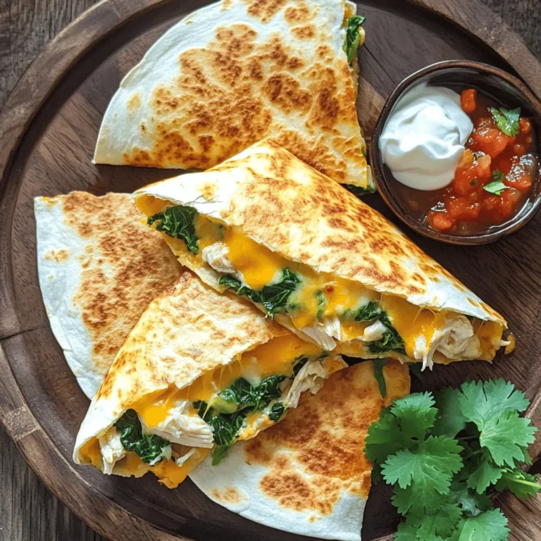 To make these tasty quesadillas, gather the following items: - 2 cups cooked chicken, shredded - 2 cups fresh spinach, chopped - 1 cup shredded mozzarella cheese - 1 cup shredded cheddar cheese - 1 small onion, finely chopped - 2 cloves garlic, minced - 4 large flour tortillas - 2 tablespoons olive oil - 1 teaspoon cumin - 1 teaspoon paprika - Salt and pepper to taste - Sour cream and salsa for serving These ingredients create a great balance of flavors and textures. The chicken gives you protein, while the spinach adds a healthy green touch. The cheese melts beautifully, making every bite creamy and satisfying. You can swap some ingredients if needed. Here are a few ideas: - Use rotisserie chicken for a quick option. - Replace spinach with kale or other greens. - Choose corn tortillas for a gluten-free option. - Use any cheese you like, such as pepper jack for a spicy kick. These swaps still keep the dish delicious! Want to jazz up your quesadillas? Try adding these extras: - Fresh herbs like cilantro or parsley for freshness. - Chopped bell peppers or mushrooms for more veggies. - A dash of hot sauce for some heat. - Avocado slices for creaminess. These optional ingredients can elevate your quesadillas even more! For the complete recipe, check out the Full Recipe. To start, gather all your ingredients. You will need cooked chicken, fresh spinach, cheese, onion, garlic, tortillas, and herbs. Having everything ready will make cooking easy and fun. 1. Heat a skillet over medium heat with one tablespoon of olive oil. 2. Add the chopped onion and sauté for about 3-4 minutes. Keep stirring until it turns clear. 3. Next, add the minced garlic. Sauté for one more minute. You want to smell the garlic. 4. Now, stir in the shredded chicken and chopped spinach. Cook until the spinach wilts down. 5. Sprinkle in cumin, paprika, salt, and pepper. Mix everything well to blend the flavors. 6. Remove the skillet from heat. Add both types of cheese and stir until melted and mixed. 7. In a new skillet, heat another tablespoon of olive oil over medium-high heat. 8. Place one tortilla in the skillet. Spoon a good amount of the chicken and cheese mix on top. 9. Cover with another tortilla. Cook for 2-3 minutes on one side. You want it golden brown. 10. Carefully flip the quesadilla. Cook for another 2-3 minutes until the cheese melts. 11. Remove from the skillet and cut into wedges. Repeat with the rest of your tortillas and filling. - Use a non-stick skillet for easy flipping. - Keep the heat steady. Too high can burn the tortillas. - Don't overfill the quesadillas. This makes them hard to flip. - Serve warm with sour cream and salsa. You can find the Full Recipe for more tips. When you make chicken and spinach quesadillas, start with fresh ingredients. Fresh spinach adds great flavor and nutrition. Use cooked chicken that is tender and juicy. Sauté onions and garlic until soft for a sweet taste. Serve the quesadillas warm to keep the cheese gooey. Cut them into wedges for easy sharing. Place them on a colorful platter for a nice look. To keep your quesadillas crispy, use medium heat while cooking. High heat can burn the tortillas, making them tough. Use just enough oil to coat the pan. This helps create a nice crust. After cooking, let them rest for a minute before cutting. This can help keep them from getting soggy. Serve with salsa and sour cream to add extra crunch. For the best quesadillas, you need a few key tools. A non-stick skillet is great for even cooking. Use a spatula to flip the quesadillas easily. A sharp knife helps cut them into wedges. A cutting board makes prep easy. If you want to make more, a griddle can cook multiple quesadillas at once. For the full recipe, check the earlier section. {{image_2}} To make a vegetarian version, simply swap the chicken for beans or mushrooms. Black beans add protein and fiber. You can use sautéed mushrooms for a meaty texture. Mix in some bell peppers or zucchini for added flavor and crunch. These options keep the dish tasty and filling. If you want more protein, try adding cooked shrimp, beef, or tofu. Shredded pork works well too. You can mix and match proteins based on what you like. Each option brings a unique taste to the quesadilla. Just make sure to season them well for the best flavor. Cheese is key in quesadillas. Try using pepper jack for a spicy kick. Monterey Jack melts beautifully, giving a creamy texture. You can also mix in some feta for a tangy taste. Don’t hesitate to create your own blend of cheeses. Each combination will change the flavor profile and keep things exciting. For the full recipe, check out the Cheesy Chicken & Spinach Quesadillas. After you enjoy your chicken and spinach quesadillas, store any leftovers in the fridge. Place them in an airtight container. This keeps them fresh for up to three days. If you want to keep them longer, freezing is a great option. To reheat your quesadillas, use a skillet for the best results. Heat the skillet over medium heat. Place the quesadilla in the skillet and cook for about three minutes on each side. This method helps keep them crispy. You can also use a microwave, but this may make them soft. Heat on high for 30 seconds to one minute. Freezing quesadillas is easy. First, let them cool completely. Then, wrap each quesadilla tightly in plastic wrap. Place them in a freezer-safe bag or container. They can stay fresh for up to three months. When you’re ready to eat, thaw them in the fridge overnight before reheating. This method promotes even heating. For more cooking tips, check out the Full Recipe. You can serve your quesadillas with a few tasty sides. I recommend sour cream, salsa, or guacamole. These dips add creaminess and flavor. A fresh salad or some black beans also pairs well with them. You could even serve some corn on the side for a nice crunch. These sides make your meal more fun and colorful. To make gluten-free quesadillas, use gluten-free tortillas. Many stores sell these now. Just check the label to be sure. You can follow the same cooking steps as the regular recipe. The taste and texture will still be yummy and satisfying. Yes, you can use frozen spinach! Just thaw it first and squeeze out the extra water. This will keep your quesadillas from being too soggy. Frozen spinach is easy and quick to use. It still gives you that great spinach flavor in your meal. You learned how to make tasty chicken and spinach quesadillas. The blog covered important ingredients, cooking steps, and smart tips. I shared ideas for variations and how to store leftovers. Now, you can impress your family or friends with this fun dish. Enjoy cooking and experimenting with flavors. Remember, cooking is all about trying new things and having fun. Happy cooking!