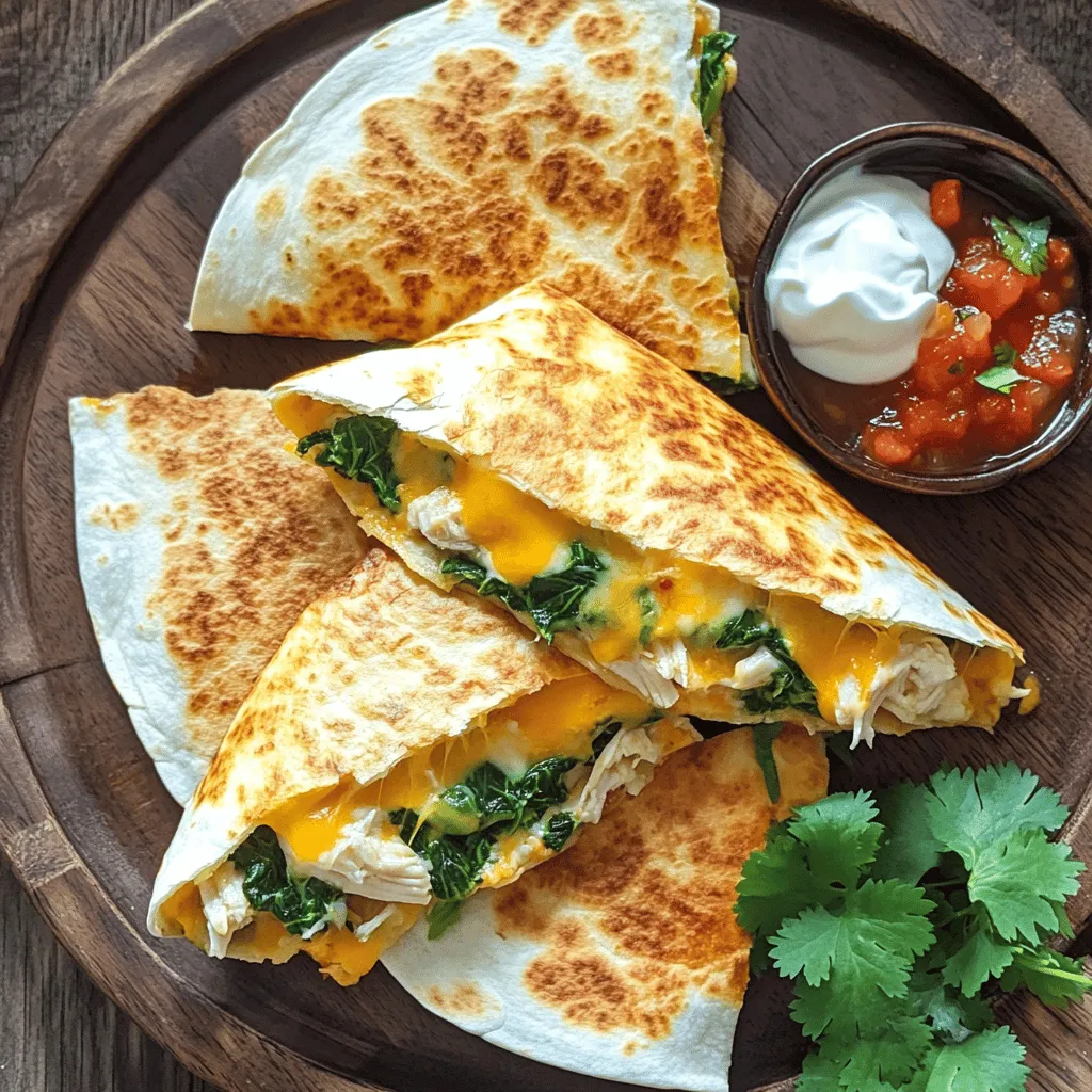 To make these tasty quesadillas, gather the following items: - 2 cups cooked chicken, shredded - 2 cups fresh spinach, chopped - 1 cup shredded mozzarella cheese - 1 cup shredded cheddar cheese - 1 small onion, finely chopped - 2 cloves garlic, minced - 4 large flour tortillas - 2 tablespoons olive oil - 1 teaspoon cumin - 1 teaspoon paprika - Salt and pepper to taste - Sour cream and salsa for serving These ingredients create a great balance of flavors and textures. The chicken gives you protein, while the spinach adds a healthy green touch. The cheese melts beautifully, making every bite creamy and satisfying. You can swap some ingredients if needed. Here are a few ideas: - Use rotisserie chicken for a quick option. - Replace spinach with kale or other greens. - Choose corn tortillas for a gluten-free option. - Use any cheese you like, such as pepper jack for a spicy kick. These swaps still keep the dish delicious! Want to jazz up your quesadillas? Try adding these extras: - Fresh herbs like cilantro or parsley for freshness. - Chopped bell peppers or mushrooms for more veggies. - A dash of hot sauce for some heat. - Avocado slices for creaminess. These optional ingredients can elevate your quesadillas even more! For the complete recipe, check out the Full Recipe. To start, gather all your ingredients. You will need cooked chicken, fresh spinach, cheese, onion, garlic, tortillas, and herbs. Having everything ready will make cooking easy and fun. 1. Heat a skillet over medium heat with one tablespoon of olive oil. 2. Add the chopped onion and sauté for about 3-4 minutes. Keep stirring until it turns clear. 3. Next, add the minced garlic. Sauté for one more minute. You want to smell the garlic. 4. Now, stir in the shredded chicken and chopped spinach. Cook until the spinach wilts down. 5. Sprinkle in cumin, paprika, salt, and pepper. Mix everything well to blend the flavors. 6. Remove the skillet from heat. Add both types of cheese and stir until melted and mixed. 7. In a new skillet, heat another tablespoon of olive oil over medium-high heat. 8. Place one tortilla in the skillet. Spoon a good amount of the chicken and cheese mix on top. 9. Cover with another tortilla. Cook for 2-3 minutes on one side. You want it golden brown. 10. Carefully flip the quesadilla. Cook for another 2-3 minutes until the cheese melts. 11. Remove from the skillet and cut into wedges. Repeat with the rest of your tortillas and filling. - Use a non-stick skillet for easy flipping. - Keep the heat steady. Too high can burn the tortillas. - Don't overfill the quesadillas. This makes them hard to flip. - Serve warm with sour cream and salsa. You can find the Full Recipe for more tips. When you make chicken and spinach quesadillas, start with fresh ingredients. Fresh spinach adds great flavor and nutrition. Use cooked chicken that is tender and juicy. Sauté onions and garlic until soft for a sweet taste. Serve the quesadillas warm to keep the cheese gooey. Cut them into wedges for easy sharing. Place them on a colorful platter for a nice look. To keep your quesadillas crispy, use medium heat while cooking. High heat can burn the tortillas, making them tough. Use just enough oil to coat the pan. This helps create a nice crust. After cooking, let them rest for a minute before cutting. This can help keep them from getting soggy. Serve with salsa and sour cream to add extra crunch. For the best quesadillas, you need a few key tools. A non-stick skillet is great for even cooking. Use a spatula to flip the quesadillas easily. A sharp knife helps cut them into wedges. A cutting board makes prep easy. If you want to make more, a griddle can cook multiple quesadillas at once. For the full recipe, check the earlier section. {{image_2}} To make a vegetarian version, simply swap the chicken for beans or mushrooms. Black beans add protein and fiber. You can use sautéed mushrooms for a meaty texture. Mix in some bell peppers or zucchini for added flavor and crunch. These options keep the dish tasty and filling. If you want more protein, try adding cooked shrimp, beef, or tofu. Shredded pork works well too. You can mix and match proteins based on what you like. Each option brings a unique taste to the quesadilla. Just make sure to season them well for the best flavor. Cheese is key in quesadillas. Try using pepper jack for a spicy kick. Monterey Jack melts beautifully, giving a creamy texture. You can also mix in some feta for a tangy taste. Don’t hesitate to create your own blend of cheeses. Each combination will change the flavor profile and keep things exciting. For the full recipe, check out the Cheesy Chicken & Spinach Quesadillas. After you enjoy your chicken and spinach quesadillas, store any leftovers in the fridge. Place them in an airtight container. This keeps them fresh for up to three days. If you want to keep them longer, freezing is a great option. To reheat your quesadillas, use a skillet for the best results. Heat the skillet over medium heat. Place the quesadilla in the skillet and cook for about three minutes on each side. This method helps keep them crispy. You can also use a microwave, but this may make them soft. Heat on high for 30 seconds to one minute. Freezing quesadillas is easy. First, let them cool completely. Then, wrap each quesadilla tightly in plastic wrap. Place them in a freezer-safe bag or container. They can stay fresh for up to three months. When you’re ready to eat, thaw them in the fridge overnight before reheating. This method promotes even heating. For more cooking tips, check out the Full Recipe. You can serve your quesadillas with a few tasty sides. I recommend sour cream, salsa, or guacamole. These dips add creaminess and flavor. A fresh salad or some black beans also pairs well with them. You could even serve some corn on the side for a nice crunch. These sides make your meal more fun and colorful. To make gluten-free quesadillas, use gluten-free tortillas. Many stores sell these now. Just check the label to be sure. You can follow the same cooking steps as the regular recipe. The taste and texture will still be yummy and satisfying. Yes, you can use frozen spinach! Just thaw it first and squeeze out the extra water. This will keep your quesadillas from being too soggy. Frozen spinach is easy and quick to use. It still gives you that great spinach flavor in your meal. You learned how to make tasty chicken and spinach quesadillas. The blog covered important ingredients, cooking steps, and smart tips. I shared ideas for variations and how to store leftovers. Now, you can impress your family or friends with this fun dish. Enjoy cooking and experimenting with flavors. Remember, cooking is all about trying new things and having fun. Happy cooking!