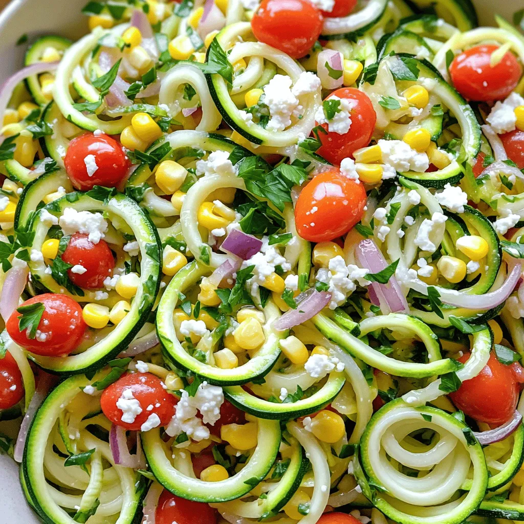 - 2 medium zucchinis - 1 cup cherry tomatoes, halved - 1 red bell pepper, diced - 1/2 cup corn kernels (fresh or frozen, thawed) - 1/4 cup red onion, thinly sliced - 1/4 cup feta cheese, crumbled - 1/4 cup fresh parsley, chopped - 2 tablespoons olive oil - 1 tablespoon lemon juice - Salt and black pepper to taste - 1/2 teaspoon garlic powder - 1/4 teaspoon crushed red pepper flakes (optional) I love using fresh, bright ingredients in my zucchini noodle salad. You start with two medium zucchinis. They should feel firm and smooth. Next, grab a cup of halved cherry tomatoes. They add a sweet burst to each bite. You will also need one red bell pepper, diced for crunch. A half cup of corn kernels is great too. You can use fresh or frozen corn. Just make sure it is thawed. Red onion adds a nice bite. Use a quarter cup, sliced thin. Crumbled feta cheese gives a creamy taste. Add a quarter cup for that salty flavor. I like to sprinkle in a quarter cup of fresh parsley too. It brightens the dish. For the dressing, you need two tablespoons of olive oil and one tablespoon of lemon juice. Salt and black pepper should be to your taste. A half teaspoon of garlic powder adds depth. If you like heat, toss in a quarter teaspoon of crushed red pepper flakes. This mix of ingredients makes every bite fresh and crunchy. For the full recipe, check the section above. To make zucchini noodles, you can use a spiralizer. This tool creates long, curly noodles. It’s easy and fun! If you don’t have a spiralizer, you can use a vegetable peeler. Just peel the zucchini into long ribbons. Both methods work well for this salad. First, add the zucchini noodles to a large bowl. Sprinkle a little salt on them. This step is key! The salt helps draw out moisture. Let the noodles sit for about 10 minutes. After that, gently pat them dry with a paper towel. Next, add the cherry tomatoes, red bell pepper, corn, red onion, feta cheese, and parsley. Mix everything well. For the dressing, take a small bowl. Whisk together olive oil, lemon juice, garlic powder, salt, and black pepper. If you like a kick, add crushed red pepper flakes. Taste the dressing and adjust the flavors if needed. Pour the dressing over the salad. Toss gently until everything is well coated. Enjoy your fresh and crunchy zucchini noodle salad! For the full recipe, check the recipe section above. To keep zucchini noodles crisp, salt them lightly. This draws out moisture. Let them sit for about ten minutes. Then, pat them dry with a paper towel. This step helps them stay crunchy. For flavor enhancement, use fresh ingredients. Fresh herbs, like parsley, add brightness. Adding a bit of lemon juice boosts the taste too. A sprinkle of crushed red pepper flakes gives a nice kick. Serve your salad in a large, flat bowl. This makes the colors pop. Garnish it with extra parsley and feta for a beautiful look. You can pair this salad with grilled chicken or shrimp for protein. It also goes well with crusty bread or a light soup. Prep your salad for the best flavors. You can spiralize the zucchini and chop the veggies a few hours in advance. Keep the dressing separate until you are ready to serve. This keeps everything fresh. Chill your salad for about 15 to 30 minutes before serving. This allows flavors to mix nicely. For the full recipe, check the Zesty Zucchini Noodle Salad section. {{image_2}} To make a vegan zucchini noodle salad, you can swap out the feta cheese. Use a vegan cheese or even avocado for creaminess. This keeps the salad rich and flavorful without dairy. For dressings, try tahini or a lemon-olive oil mix. These add a nice zing and pair well with the fresh veggies. You can also use a balsamic glaze for extra sweetness. For gluten-free options, choose ingredients that fit. Use tamari instead of soy sauce if a recipe calls for it. Ensure any packaged items are certified gluten-free. You can also mix zucchini noodles with gluten-free grains like quinoa or brown rice. This adds heartiness and makes the meal more filling. The grains balance the lightness of the zoodles. Adding protein boosts the salad’s nutrition. Grilled chicken or shrimp works well. They add a nice texture and flavor. If you're looking for plant-based options, try chickpeas or black beans. Balance the flavors by seasoning the proteins. A sprinkle of salt and pepper enhances everything. Mixing in nuts or seeds adds crunch and extra nutrition. To keep your zucchini noodle salad fresh, store it in the fridge. Place it in an airtight container. This helps keep the flavors intact. Avoid adding the dressing until you are ready to eat. This keeps the noodles crunchy. Your leftovers can last for about three days. Check for signs of spoilage. If the noodles become slimy or the salad smells off, it’s time to toss it out. Freshness is key to enjoying this dish. I do not recommend freezing the salad once mixed. Freezing can make the noodles mushy. If you want to freeze the noodles, spiralize them first. Place them in a freezer-safe bag. When ready to use, thaw them in the fridge overnight. This helps maintain their shape. Use them right away after thawing for the best taste. For the full recipe, check back to the top! Yes, you can make zucchini noodles ahead of time. To save time, spiralize your zucchinis the night before. Store them in an airtight container in the fridge. Make sure to sprinkle a little salt to draw out excess moisture. Pat them dry before mixing with other ingredients. This helps keep zoodles fresh and crunchy. Zucchini noodles are a great choice! They are low in calories and carbs. Compared to traditional pasta, they have more vitamins and minerals. Zucchini is rich in vitamin C, potassium, and antioxidants. Plus, it has a lot of water content, keeping you hydrated. This makes it a smart option for those watching their weight. Absolutely! You can switch up the dressing for your zucchini noodle salad. Try a sesame-ginger dressing for an Asian twist. A balsamic vinaigrette adds a sweet and tangy flavor. For a creamier option, mix plain yogurt with herbs. Feel free to experiment with different tastes to find your favorite. Zucchini noodle salad is fresh, healthy, and easy to make. You learned about the key ingredients and how each one adds to the flavor. We covered how to spiralize zoodles and mix in tasty toppings. Tips for serving and storing ensure you enjoy it at its best. The variations let you customize this salad to your own taste. Try different flavors and enjoy this fun dish! Your healthy meals can be tasty and simple.