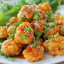 - 1 large head of cauliflower, cut into florets - 1 cup all-purpose flour - 1/2 cup cornstarch - 1/2 teaspoon garlic powder - 1/2 teaspoon onion powder - 1/2 teaspoon salt - 1/4 teaspoon black pepper - 1 cup water (adjust as necessary) - Oil for frying (vegetable or canola) For the sticky sauce: - 1/4 cup soy sauce - 1/4 cup honey or maple syrup (for a vegan option) - 2 tablespoons sesame oil - 2 tablespoons rice vinegar - 1 tablespoon sriracha (optional, for heat) - 1 tablespoon freshly grated ginger - 2 cloves garlic, minced - 1 tablespoon sesame seeds - Chopped green onions, for garnish You can swap honey for maple syrup to make this dish vegan. If you need gluten-free options, try using almond flour or rice flour instead of all-purpose flour. Pair your sticky sesame cauliflower with steamed rice or a fresh salad. For a pop of color, add chopped green onions and sesame seeds on top. You can even drizzle some extra sauce for added flavor and fun presentation. To start, gather your dry ingredients. You will need: - 1 cup all-purpose flour - 1/2 cup cornstarch - 1/2 teaspoon garlic powder - 1/2 teaspoon onion powder - 1/2 teaspoon salt - 1/4 teaspoon black pepper Mix these dry ingredients in a large bowl. After that, add water slowly. You want a smooth batter. It should have a pouring consistency but not be too runny. Adjust the water as needed. Next, prepare your cauliflower. Cut a large head into florets. Dip each floret into the batter. Make sure to coat them well. This helps create a nice crunch when frying. Heat oil in a deep pan over medium-high heat. Fry the cauliflower in batches. Cook them for about 4-5 minutes until they turn golden brown. Remove the fried florets and place them on paper towels to soak up excess oil. This step is key for crunchiness. For the sticky sauce, combine these ingredients in a saucepan: - 1/4 cup soy sauce - 1/4 cup honey or maple syrup - 2 tablespoons sesame oil - 2 tablespoons rice vinegar - 1 tablespoon sriracha (optional) - 1 tablespoon freshly grated ginger - 2 cloves garlic, minced Heat the mixture over medium heat. Stir constantly for about 4-5 minutes until the sauce thickens slightly. This sauce adds flavor and stickiness to the dish. Now, it’s time to bring everything together. Add the fried cauliflower to the saucepan with the sticky sauce. Toss them gently to coat every floret. Cook for an extra minute to let the sauce stick. For a beautiful presentation, arrange the sticky sesame cauliflower on a serving platter. You can sprinkle sesame seeds on top and add chopped green onions for color. This dish looks as good as it tastes. Serve it warm and enjoy this flavorful treat! For the full recipe, refer back to the beginning. To get the best texture, fry the cauliflower at 350°F (175°C). This temperature ensures a crispy outside and tender inside. If your oil is too cool, the cauliflower will soak up oil and become soggy. To avoid this, fry in small batches. It helps the oil stay hot. You can make this dish your own by adding spices. Try chili powder or cayenne for some heat. If you like it sweeter, adjust the honey or maple syrup to your taste. A little extra ginger can give it a nice kick, too. For frying, use a deep pan or wok. These shapes help keep the oil hot and even. A slotted spoon is great for lifting the cauliflower out of the oil. Use a mixing bowl with a spout for easy batter dipping. This setup makes coating a breeze. For the sticky sauce, a saucepan works best for even heating. For the full recipe, check the detailed instructions above. {{image_2}} You can change the taste of your sticky sesame cauliflower easily. Adjust the sauce ingredients to explore new flavors. For a sweeter dish, add more honey or maple syrup. If you want a spicy kick, increase the sriracha or add chili flakes. You can also include a splash of orange juice for a citrusy twist. Adding vegetables or proteins can transform this dish. Try tossing in some snap peas, bell peppers, or broccoli. For added protein, consider including tofu or tempeh. These additions give the dish more texture and flavor. Oven-baking is a great method for a healthier option. To bake, preheat your oven to 425°F (220°C). Place the coated cauliflower on a baking sheet lined with parchment paper. Bake for about 25 minutes, flipping halfway through for even crispiness. Air frying also gives you a crunchy result while using less oil. Set your air fryer to 400°F (200°C). Cook the cauliflower in batches for about 15 minutes, shaking the basket halfway through. This method keeps the cauliflower crispy without frying. Making this dish gluten-free is simple. Use gluten-free flour instead of all-purpose flour. Many options are available like almond flour or chickpea flour, which work well in the batter. If you're adjusting for keto or low-sugar diets, use a sugar-free sweetener in place of honey. Erythritol or stevia are great choices. This keeps the dish low in carbohydrates while still being tasty. You can find the full recipe to try these variations at home. After you enjoy your sticky sesame cauliflower, store any leftovers in a good container. I recommend using an airtight glass or plastic container. This keeps the flavors fresh and prevents drying out. You can store it in the fridge for about 3 days. If you want it to last longer, consider freezing it. To reheat and keep the crispness, use an oven or an air fryer. Preheat your oven to 350°F (175°C). Place the cauliflower on a baking sheet and heat for about 10 minutes. This helps it regain its crunch. When using the microwave, the cauliflower may get soggy. Avoid that by using a paper towel to absorb extra moisture. If you want to freeze sticky sesame cauliflower, follow these steps. First, let it cool completely. Then, place the cauliflower in a freezer-safe bag. Make sure to remove as much air as possible. When you’re ready to eat, thaw it in the fridge overnight. For best results, reheat in the oven or air fryer to keep the texture and taste intact. To make Sticky Sesame Cauliflower, it takes about 15 minutes to prep. Cooking adds another 15 minutes. So, the total time is around 30 minutes. This quick dish is great for busy days. You can prepare this dish ahead of time. Fry the cauliflower and store it in the fridge for about two days. When ready to serve, heat it and add the sauce. This keeps the flavors fresh and tasty. Sticky Sesame Cauliflower pairs well with rice or quinoa. You can also serve it with a crisp salad. For protein, try tofu or grilled chicken. These sides make a complete meal. Yes, Sticky Sesame Cauliflower can be vegan. Use maple syrup instead of honey for the sauce. Check your soy sauce for vegan options. This way, everyone can enjoy this tasty dish. For a gluten-free option, substitute the flour with a gluten-free blend. To sum it up, we covered how to make Sticky Sesame Cauliflower. We talked about key ingredients, tasty substitutions, and side dish ideas. I shared step-by-step instructions to ensure a crispy and flavorful dish. You learned tips for better texture and flavor, plus some fun variations. Remember, storing leftovers right is key, and reheating can keep them crispy. Experiment with this recipe in your kitchen. It's a delightful way to enjoy a classic dish while making it your own. Enjoy the journey of flavors and textures!