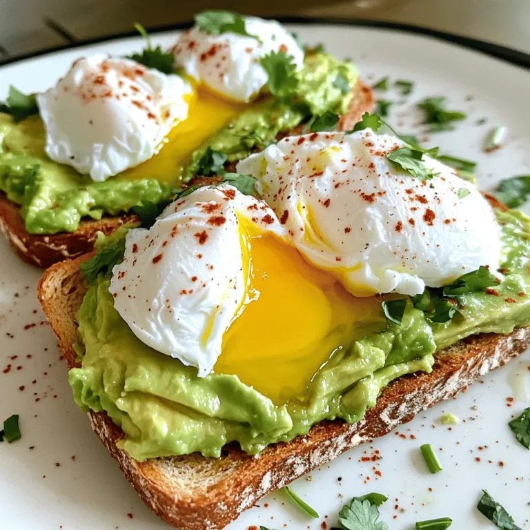 To make a delicious avocado toast with poached egg, you'll need some key ingredients. Here they are: - 2 slices of whole-grain bread - 1 ripe avocado - 2 large eggs - 1 tablespoon lemon juice - 1/4 teaspoon garlic powder - Salt and pepper to taste - 1 tablespoon olive oil - Red pepper flakes (optional, for garnish) - Fresh herbs (such as cilantro or chives, for garnish) Each ingredient plays an important role in creating a tasty dish. The whole-grain bread provides fiber and texture. The ripe avocado brings creaminess and healthy fats. Eggs are a great source of protein. The lemon juice adds brightness. Garlic powder gives a nice flavor kick, while salt and pepper enhance all the tastes. Olive oil adds richness, and red pepper flakes and herbs can boost the dish's appeal. For the full recipe, you can check out the detailed instructions. To start, you need to toast the bread slices. I like to use whole-grain bread for its nutty flavor. Place the slices in a toaster or on a pan over medium heat. Toast them until they are golden and crispy. This usually takes about 3 to 5 minutes. While the bread toasts, you can prepare the avocado mixture. Take a ripe avocado and cut it in half. Scoop the green flesh into a small bowl. Use a fork to mash the avocado until it's smooth but still a bit chunky. Mix in one tablespoon of lemon juice, 1/4 teaspoon of garlic powder, and add salt and pepper to taste. Stir well until everything is combined. Next, it's time to poach the eggs. Fill a medium saucepan with water and bring it to a gentle simmer over medium heat. Crack each egg into a small cup. This way, you can add them to the water easily. To poach the eggs, create a gentle whirlpool in the simmering water with a spoon. Carefully slide each egg into the water. Poach them for about 3 to 4 minutes for runny yolks. If you like firmer yolks, leave them in for an extra minute or two. Use a slotted spoon to take out the eggs, and let them drain on a paper towel. Now, it's time to put everything together. Once the toast is ready, spread the avocado mixture generously on each slice. Make sure to cover the bread well for maximum flavor. Place one poached egg on top of each slice of avocado toast. For an extra kick, drizzle a bit of olive oil over them. You can also sprinkle red pepper flakes and fresh herbs like cilantro or chives on top. This adds color and flavor to your dish. Enjoy your delicious avocado toast with poached egg! For the full recipe, check out the instructions above. Using fresh eggs is key for great poached eggs. Fresh eggs hold their shape better when cooked. Look for eggs with firm whites and bright yolks. Always check the date on the carton. To ensure even cooking, bring water to a gentle simmer. Boiling water can break the eggs apart. Create a whirlpool in the water using a spoon. This helps the egg whites wrap around the yolk. Cook each egg for about 3-4 minutes for a runny yolk. If you like firmer yolks, cook them a bit longer. Adding spices and herbs boosts the taste of your avocado toast. I love to sprinkle garlic powder into the avocado mix. It adds depth without overpowering the dish. You can also use salt and pepper to taste. When serving, drizzle olive oil over your toast. A touch of red pepper flakes adds a nice kick. Fresh herbs like cilantro or chives make it look pretty, too. For more ideas, check the Full Recipe for other tasty options. {{image_2}} You can change up your avocado toast with fun toppings. Try adding smoked salmon for a savory twist. It pairs nicely with the creamy avocado. Feta cheese also adds a salty bite. Just sprinkle some crumbled feta on top for a tasty contrast. If you want a different spread, consider hummus. It adds a rich, nutty flavor. Cream cheese is another great option. It makes your toast extra creamy. Both spreads work well with the avocado. Don’t hesitate to mix and match your favorites. For those who need gluten-free options, use gluten-free bread. Many brands offer great textures and flavors. You will still enjoy your toast without the gluten. If you're looking for vegan options, you can skip the eggs. Try using silken tofu instead. Just mash it up and add some seasoning. You can also use a store-bought vegan egg substitute. These options still give you that creamy texture. They make your toast just as delightful as the original recipe. Explore these variations to find your perfect avocado toast! Check the Full Recipe for a complete guide. To keep your avocado toast fresh, store its parts separately. Place the avocado mixture in an airtight container. This helps keep it from browning. Use a bit of lemon juice in the mix for extra protection. For the toast, wrap the bread in foil or plastic wrap. This keeps it from getting too dry. When it’s time to eat, reheat the toast. You can pop it back in the toaster to crisp it up. If you prefer, use a hot skillet for a few minutes. Just make sure it gets warm but stays crunchy. The ingredients in this recipe have different shelf lives. Whole-grain bread lasts about a week if stored properly. Keep it in a cool, dry place. The ripe avocado will stay fresh for 1-2 days once cut. Always check for brown spots to know if it’s good. To avoid browning, use lemon juice, as mentioned before. This keeps your fresh avocado looking bright and green. If you follow these tips, you can enjoy your avocado toast for days after making it. To make perfect poached eggs, start with fresh eggs. Fresh eggs hold their shape better. Bring a pot of water to a light simmer. Add a splash of vinegar to help the egg whites stay together. Crack each egg into a small bowl. Create a gentle whirlpool in the water with a spoon. Slowly slide the egg into the center of the whirlpool. This helps the whites wrap around the yolk. Cook for about 3 to 4 minutes for a runny yolk. If you prefer a firmer yolk, cook it a little longer. Use a slotted spoon to remove the eggs. Let them drain on a paper towel to remove excess water. Yes, you can make some components in advance. You can prepare the avocado mixture a few hours ahead. Just keep it in the fridge to stay fresh. To prevent browning, add a bit of lemon juice. Toast the bread just before serving for the best crunch. For poached eggs, it’s best to cook them fresh. However, you can poach them in advance and reheat them. To reheat, place them in warm water for a minute. This keeps them soft without cooking them more. Avocado toast is not only tasty but also healthy. It is rich in healthy fats, vitamins, and fiber. One slice of avocado toast has about 200 calories. Avocados provide potassium, which is great for heart health. Whole-grain bread adds fiber, which helps with digestion. Eggs are a great source of protein, keeping you full longer. Together, they make a balanced meal. You can enjoy this dish for breakfast, lunch, or a snack. It fits well into many diets, making it a versatile choice. This blog post covers a tasty avocado toast recipe. We explored the key ingredients and provided step-by-step instructions. I shared tips for poaching eggs and ways to enhance the flavor. You can try different toppings and make dietary swaps too. Proper storage and meal prep ideas help you enjoy this dish later. Avocado toast is both simple to make and delicious. Give it a try to enjoy a quick meal that’s good for you.